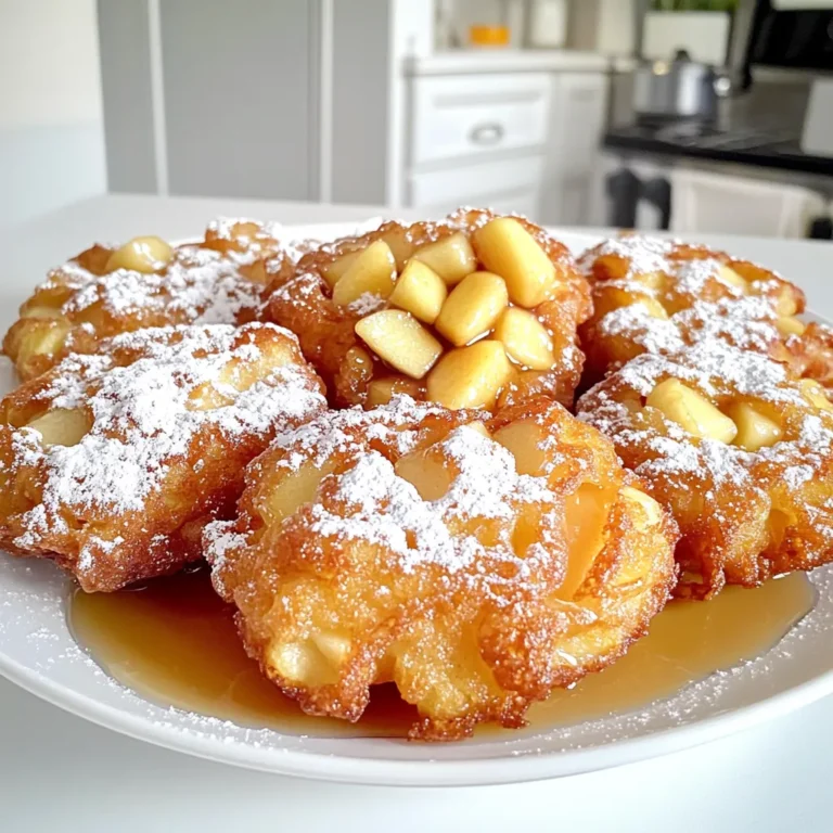 - 2 medium apples, peeled, cored, and diced - 1 cup all-purpose flour - 1/2 cup granulated sugar - 1 teaspoon baking powder - 1/2 teaspoon baking soda - 1/2 teaspoon ground cinnamon - 1/4 teaspoon ground nutmeg - 1/4 teaspoon salt - 1/2 cup whole milk - 1 large egg - 1 teaspoon vanilla extract - 1/4 cup maple syrup (plus extra for drizzling) - Oil for frying (vegetable or canola oil works well) - Powdered sugar for dusting I love using Granny Smith apples. They give a nice tartness. Honeycrisp apples also work well for a sweet twist. You can try other apples too, like Fuji or Braeburn. Each type brings its own flavor and texture. Experiment to find your favorite! For frying, vegetable or canola oil is best. These oils have a high smoke point. This means they fry well and don't burn easily. If you want to use a different flour, try whole wheat flour for a nutty flavor. Just be aware that it may change the texture a bit. Always check the expiration date on your baking powder and soda. Fresh ingredients lead to better results! First, take two medium apples. I prefer Granny Smith or Honeycrisp for their tart taste. Peel, core, and dice them into small pieces. Place the diced apples in a bowl. Add one tablespoon of granulated sugar. Let them sit for about 10 to 15 minutes. This step draws out their juices, giving the fritters extra flavor. Now, grab a large mixing bowl. Add one cup of all-purpose flour. Then, mix in half a cup of granulated sugar. Include one teaspoon of baking powder, half a teaspoon of baking soda, and a quarter teaspoon of salt. Add half a teaspoon of ground cinnamon and a quarter teaspoon of ground nutmeg. Whisk these dry ingredients together until they are well combined. In a separate bowl, combine half a cup of whole milk, one large egg, one teaspoon of vanilla extract, and a quarter cup of maple syrup. Whisk this mixture until it’s smooth. Slowly pour the wet mixture into the dry ingredients. Stir gently until just combined. A few lumps are normal; do not overmix. Next, fold the diced apples into the batter. Make sure they are well coated without breaking them apart. Heat oil in a deep pot or fryer to 350°F (175°C). Ensure there’s enough oil for the fritters to float. Use a spoon or a small ice cream scoop to drop spoonfuls of batter into the hot oil. Fry in batches to avoid crowding. Cook each fritter for about 3 to 4 minutes on each side. They should turn golden brown. Once the fritters are cooked, use a slotted spoon to remove them from the oil. Place them on a plate lined with paper towels to absorb excess oil. While they are still warm, drizzle with extra maple syrup. Then, dust with powdered sugar for added sweetness. Enjoy your delightful treats! Frying fritters can be tricky, but a few tips make it easier. First, use enough oil. The oil should be deep enough for the fritters to float while cooking. Aim for a temperature of 350°F (175°C). A kitchen thermometer helps keep the heat steady. If the oil is too cool, fritters soak up oil and become greasy. If it's too hot, they burn outside but stay raw inside. Fry in small batches. This gives fritters space to cook evenly. The key to great fritter batter is balance. Start by mixing dry ingredients well. When combining wet and dry, mix just until smooth. Lumps in the batter are okay. Overmixing makes fritters tough. After adding diced apples, fold gently to keep them intact. This helps the fritters stay light and fluffy when fried. Presentation turns a good dish into a great one. Serve fritters on a rustic wooden board for charm. Drizzle warm maple syrup on top for a glossy finish. Dust with powdered sugar for a sweet touch. Offer extra syrup and sugar on the side. This allows everyone to customize their fritters. The colors and textures make the dish inviting and fun! {{image_4}} Apple fritters can come in many forms. You can use different apples for unique flavors. Try tart Granny Smith or sweet Honeycrisp apples. You can also mix in other fruits, like pears or berries, for a twist. Each fruit adds its own special taste and texture. You can add more than just apples to your fritters. Try spices like ginger or allspice for warmth. A pinch of cayenne pepper can add heat. For the glaze, mix maple syrup with vanilla or a hint of almond extract. This creates a new layer of flavor that makes each bite exciting. If you want a lighter fritter, swap out some ingredients. Use whole wheat flour instead of all-purpose flour. This adds fiber and nutrients. You can also replace sugar with honey or maple syrup for sweetness. For a dairy-free option, try almond milk instead of whole milk. These changes keep the taste while making it a bit healthier. After enjoying your maple glazed apple fritters, let any leftovers cool. Place them in an airtight container. This keeps them fresh. Store the container in the fridge. They will stay good for about 2-3 days. If you want them to last longer, consider freezing them. To reheat your fritters, use an oven. Preheat it to 350°F (175°C). Place the fritters on a baking sheet. Heat them for about 5-7 minutes. This restores their crispiness. You can also use an air fryer. Set it to 350°F (175°C) and heat for about 3-4 minutes. This method keeps them nice and crunchy. If you want to save some fritters for later, freezing is a great option. First, let them cool completely. Lay them on a baking sheet in a single layer. Freeze for about 1-2 hours until solid. Then, move them to a freezer-safe bag or container. They can last up to 2 months in the freezer. When you are ready to eat them, follow the reheating tips above. Enjoy your treats any time! Yes, you can! Other fruits work well in fritters. Consider using pears, peaches, or even berries. Each fruit adds a unique flavor and texture to the fritters. Fritters are done when they turn golden brown. This usually takes about 3-4 minutes on each side. Use a slotted spoon to check the color as they cook. They should have a crispy outside and soft inside. These fritters pair well with vanilla ice cream or whipped cream. You can also add fresh fruit or a sprinkle of cinnamon for extra flavor. A side of warm maple syrup makes for a delightful touch. Maple glazed apple fritters stay fresh for about 2 days at room temperature. Keep them in an airtight container to maintain their crispness. For longer storage, consider freezing them. Yes! To make vegan fritters, use plant-based milk instead of whole milk. Replace the egg with a flax egg made from ground flaxseed and water. This will give the fritters the same great taste and texture. You learned what you need to make tasty apple fritters. We covered required ingredients, frying steps, and smart tips for the best results. You can try apple variations and healthier choices, too. Now, you can store leftovers and reheat them for more fun later. The FAQs give you quick answers for common questions. Enjoy this sweet treat!