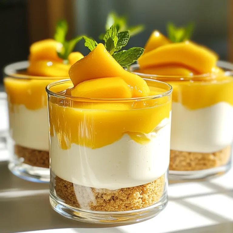 - 1 cup graham cracker crumbs - 4 tablespoons unsalted butter, melted - 1 (8-ounce) package cream cheese, softened to room temperature - 1/2 cup powdered sugar - 1 teaspoon vanilla extract - 1 cup heavy whipping cream - 1 cup ripe mango puree (can be made from fresh mangoes or use canned) - 1 tablespoon gelatin powder (optional, for a firmer texture) - 2 tablespoons warm water (to dissolve gelatin) - Fresh mango slices - Mint leaves For this recipe, you will need some simple yet tasty ingredients. You will start with graham cracker crumbs. These make the crust. Next, use unsalted butter to hold the crumbs together. Cream cheese gives that smooth texture we love. Don't forget the powdered sugar for sweetness and vanilla extract for a nice flavor. For the filling, heavy whipping cream is key. It adds lightness. Mango puree brings the fresh taste of summer. If you want a firmer texture, you can use gelatin powder. Just mix it with warm water to dissolve it. Finally, for garnish, fresh mango slices and mint leaves add a pop of color and flavor. You can enjoy this treat with friends and family anytime! To make the crust, start with 1 cup of graham cracker crumbs. In a bowl, mix them with 4 tablespoons of melted unsalted butter. Stir well until all the crumbs are coated with butter. This will give your crust a rich flavor. Next, take about 2 tablespoons of this mixture and place it in each cup. Press it down firmly with a spoon to make an even layer. Set the cups aside for now. For the filling, grab 1 package of softened cream cheese. Add 1/2 cup of powdered sugar and 1 teaspoon of vanilla extract to a mixing bowl. Beat these together with an electric mixer until smooth. There should be no lumps. In another bowl, whip 1 cup of heavy cream. Mix it until stiff peaks form. This will make your cheesecake light and fluffy. Now, gently fold the whipped cream into the cream cheese mixture. Use a spatula for this, and be careful not to deflate the cream. Once combined, add 1 cup of ripe mango puree. If you want a firmer texture, dissolve 1 tablespoon of gelatin in 2 tablespoons of warm water, then fold it into the mixture. Next, fill the cups with your yummy cheesecake filling. Make sure to divide it evenly among all the cups. After that, place the filled cups in the refrigerator. Allow them to chill for at least 4 hours. For the best results, let them set overnight. Enjoy the anticipation of a delicious treat! You can enhance your No Bake Mango Cheesecake Cups with simple toppings. - Drizzle additional mango puree on top for a fresh burst of flavor. - A light dusting of powdered sugar adds a sweet touch and makes it look pretty. If you want a firmer cheesecake, use gelatin. Dissolve 1 tablespoon of gelatin powder in warm water, then fold it into the mixture. This gives it more structure. You can also adjust the cream-to-mango ratio. More cream makes it creamier, while more mango boosts the fruity flavor. Presentation matters! Serve your cheesecake cups on a decorative platter for a stunning display. Pair these cups with refreshing drinks like iced tea or coconut water for a tasty balance. {{image_4}} You can change the flavor of your mango cheesecake cups easily. Try using different fruit purees, like strawberry or raspberry, for a twist. Each fruit brings its unique taste and color. If you want more warmth, add spices like cardamom or cinnamon. These spices can make the dessert feel cozy and special. If you have dietary needs, there are good options. For a gluten-free crust, use crushed gluten-free cookies instead of graham crackers. You can also make it dairy-free. Use a plant-based cream cheese and coconut cream instead of regular cream cheese and heavy cream. These swaps keep the taste rich without dairy. Want to serve more guests? You can easily scale up the recipe. Just double the ingredients for a bigger batch. If you want mini portions, use smaller cups or shot glasses. These smaller servings work great for parties or gatherings. They let more people enjoy this tasty treat! To keep your leftover cheesecake cups fresh, store them in the fridge. Use an airtight container or cover each cup with plastic wrap. This helps prevent them from drying out or absorbing other smells. The cheesecake cups stay tasty for about three days when stored properly. After that, they may lose their creamy texture and flavor. Yes, you can freeze these cheesecake cups! Just make sure they are fully set. Place them in a freezer-safe container, and they can last for up to two months. When ready to enjoy, take them out and thaw them in the fridge. This method keeps the flavor and texture intact. Avoid thawing at room temperature, as it may cause the cheesecake to become too soft. Yes, you can skip the gelatin. The cheesecake will be softer but still tasty. If you want a firmer texture, use gelatin. Just remember, it helps hold the filling together. You can enjoy a creamy dessert without it, but the texture will change. The cheesecake lasts about 3 to 5 days in the fridge. Store it in an airtight container. It stays fresh and delicious during this time. After that, the quality may fade. Always check for any off smells or changes in texture before serving. Absolutely! Store-bought mango puree works well. It saves time and effort. Just make sure it has no added sugars or preservatives. This allows you to keep the natural mango flavor. Fresh mango puree offers a vibrant taste, but store-bought is a great option too. You can use cookies like digestive biscuits or vanilla wafers. For a gluten-free option, try almond flour or gluten-free cookies. Just crush them and mix with melted butter. This will give you a tasty base for your cheesecake cups. Enjoy experimenting with different flavors! This blog post covered how to make no-bake mango cheesecake cups. We explored the key ingredients, including graham cracker crumbs, cream cheese, and mango puree. I provided step-by-step instructions for preparing the crust and cheesecake filling. We also reviewed useful tips, variations, and storage methods. Making these cups is both easy and fun. You can enjoy them for any occasion. Try adding fresh mango slices or different flavors, too. Your homemade treats will impress everyone!