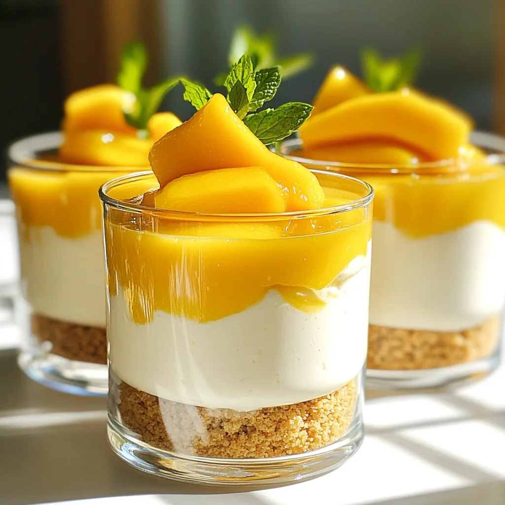 - 1 cup graham cracker crumbs - 4 tablespoons unsalted butter, melted - 1 (8-ounce) package cream cheese, softened to room temperature - 1/2 cup powdered sugar - 1 teaspoon vanilla extract - 1 cup heavy whipping cream - 1 cup ripe mango puree (can be made from fresh mangoes or use canned) - 1 tablespoon gelatin powder (optional, for a firmer texture) - 2 tablespoons warm water (to dissolve gelatin) - Fresh mango slices - Mint leaves For this recipe, you will need some simple yet tasty ingredients. You will start with graham cracker crumbs. These make the crust. Next, use unsalted butter to hold the crumbs together. Cream cheese gives that smooth texture we love. Don't forget the powdered sugar for sweetness and vanilla extract for a nice flavor. For the filling, heavy whipping cream is key. It adds lightness. Mango puree brings the fresh taste of summer. If you want a firmer texture, you can use gelatin powder. Just mix it with warm water to dissolve it. Finally, for garnish, fresh mango slices and mint leaves add a pop of color and flavor. You can enjoy this treat with friends and family anytime! To make the crust, start with 1 cup of graham cracker crumbs. In a bowl, mix them with 4 tablespoons of melted unsalted butter. Stir well until all the crumbs are coated with butter. This will give your crust a rich flavor. Next, take about 2 tablespoons of this mixture and place it in each cup. Press it down firmly with a spoon to make an even layer. Set the cups aside for now. For the filling, grab 1 package of softened cream cheese. Add 1/2 cup of powdered sugar and 1 teaspoon of vanilla extract to a mixing bowl. Beat these together with an electric mixer until smooth. There should be no lumps. In another bowl, whip 1 cup of heavy cream. Mix it until stiff peaks form. This will make your cheesecake light and fluffy. Now, gently fold the whipped cream into the cream cheese mixture. Use a spatula for this, and be careful not to deflate the cream. Once combined, add 1 cup of ripe mango puree. If you want a firmer texture, dissolve 1 tablespoon of gelatin in 2 tablespoons of warm water, then fold it into the mixture. Next, fill the cups with your yummy cheesecake filling. Make sure to divide it evenly among all the cups. After that, place the filled cups in the refrigerator. Allow them to chill for at least 4 hours. For the best results, let them set overnight. Enjoy the anticipation of a delicious treat! You can enhance your No Bake Mango Cheesecake Cups with simple toppings. - Drizzle additional mango puree on top for a fresh burst of flavor. - A light dusting of powdered sugar adds a sweet touch and makes it look pretty. If you want a firmer cheesecake, use gelatin. Dissolve 1 tablespoon of gelatin powder in warm water, then fold it into the mixture. This gives it more structure. You can also adjust the cream-to-mango ratio. More cream makes it creamier, while more mango boosts the fruity flavor. Presentation matters! Serve your cheesecake cups on a decorative platter for a stunning display. Pair these cups with refreshing drinks like iced tea or coconut water for a tasty balance. {{image_4}} You can change the flavor of your mango cheesecake cups easily. Try using different fruit purees, like strawberry or raspberry, for a twist. Each fruit brings its unique taste and color. If you want more warmth, add spices like cardamom or cinnamon. These spices can make the dessert feel cozy and special. If you have dietary needs, there are good options. For a gluten-free crust, use crushed gluten-free cookies instead of graham crackers. You can also make it dairy-free. Use a plant-based cream cheese and coconut cream instead of regular cream cheese and heavy cream. These swaps keep the taste rich without dairy. Want to serve more guests? You can easily scale up the recipe. Just double the ingredients for a bigger batch. If you want mini portions, use smaller cups or shot glasses. These smaller servings work great for parties or gatherings. They let more people enjoy this tasty treat! To keep your leftover cheesecake cups fresh, store them in the fridge. Use an airtight container or cover each cup with plastic wrap. This helps prevent them from drying out or absorbing other smells. The cheesecake cups stay tasty for about three days when stored properly. After that, they may lose their creamy texture and flavor. Yes, you can freeze these cheesecake cups! Just make sure they are fully set. Place them in a freezer-safe container, and they can last for up to two months. When ready to enjoy, take them out and thaw them in the fridge. This method keeps the flavor and texture intact. Avoid thawing at room temperature, as it may cause the cheesecake to become too soft. Yes, you can skip the gelatin. The cheesecake will be softer but still tasty. If you want a firmer texture, use gelatin. Just remember, it helps hold the filling together. You can enjoy a creamy dessert without it, but the texture will change. The cheesecake lasts about 3 to 5 days in the fridge. Store it in an airtight container. It stays fresh and delicious during this time. After that, the quality may fade. Always check for any off smells or changes in texture before serving. Absolutely! Store-bought mango puree works well. It saves time and effort. Just make sure it has no added sugars or preservatives. This allows you to keep the natural mango flavor. Fresh mango puree offers a vibrant taste, but store-bought is a great option too. You can use cookies like digestive biscuits or vanilla wafers. For a gluten-free option, try almond flour or gluten-free cookies. Just crush them and mix with melted butter. This will give you a tasty base for your cheesecake cups. Enjoy experimenting with different flavors! This blog post covered how to make no-bake mango cheesecake cups. We explored the key ingredients, including graham cracker crumbs, cream cheese, and mango puree. I provided step-by-step instructions for preparing the crust and cheesecake filling. We also reviewed useful tips, variations, and storage methods. Making these cups is both easy and fun. You can enjoy them for any occasion. Try adding fresh mango slices or different flavors, too. Your homemade treats will impress everyone!
