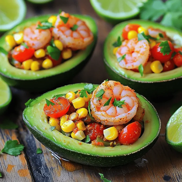 - 2 ripe avocados - 1 lb shrimp, peeled and deveined - 1 tablespoon Cajun seasoning - 2 tablespoons olive oil - 1/2 red bell pepper, diced - 1/4 cup red onion, finely chopped - 2 cloves garlic, minced - 1/4 cup corn (either fresh or canned) - 1/4 cup cherry tomatoes, halved - Juice of 1 lime - 2 tablespoons fresh cilantro, chopped - Salt and pepper to taste Cajun Shrimp Stuffed Avocados need fresh ingredients to shine. Start with ripe avocados. They should feel soft but not mushy. The shrimp is the star here. Use peeled and deveined shrimp for ease. Cajun seasoning adds a spicy kick. You can find this at any grocery store. For the vegetables, I love using red bell pepper and red onion. They add color and crunch. Fresh garlic gives a nice flavor boost. You can use corn, fresh or canned. Cherry tomatoes add sweetness and make the dish vibrant. Finally, lime juice brings it all together. It adds freshness and balances the flavors. Don't forget the cilantro! It adds a bright, fresh taste. The salt and pepper enhance all the other flavors. Gather all these ingredients before you begin. It makes the process much smoother. Each ingredient plays a role in making this dish delicious and fresh. Coating the shrimp with Cajun seasoning Start by taking 1 pound of peeled and deveined shrimp. Place them in a bowl. Sprinkle 1 tablespoon of Cajun seasoning over the shrimp. Toss gently until they are well coated. This step infuses great flavor into the shrimp. Cooking the shrimp in a skillet Heat 2 tablespoons of olive oil in a skillet over medium heat. Once the oil is hot, add 2 minced cloves of garlic. Sauté for around 30 seconds until fragrant. Next, add the seasoned shrimp to the skillet. Cook the shrimp for 2-3 minutes on each side. They should turn pink and opaque. Once done, remove the skillet from heat and let the shrimp cool slightly. Mixing the cooked shrimp with vegetables In a separate bowl, combine the cooked shrimp with diced vegetables. Use 1/2 a diced red bell pepper, 1/4 cup of finely chopped red onion, and 1/4 cup of corn. You can use fresh or canned corn. Also, add 1/4 cup of halved cherry tomatoes. Adding lime juice and seasoning Squeeze the juice of 1 lime into the bowl. Add 2 tablespoons of chopped fresh cilantro. Season the mixture with salt and pepper to taste. Stir everything gently until well combined. This filling is fresh and so tasty! Halving and hollowing the avocados Take 2 ripe avocados. Carefully slice each avocado in half and remove the pit. Use a spoon to scoop out a bit of the flesh from each half. This creates extra space for the filling. Filling the avocado halves with shrimp mixture Now, take the shrimp mixture and spoon it into the hollowed-out avocado halves. Fill them generously. Each half should be packed with this delicious mix. These stuffed avocados are ready to enjoy! To ensure shrimp are perfectly cooked, watch their color. Cook them until they turn pink and opaque. This usually takes about 2-3 minutes on each side. Avoid overcooking, as it makes the shrimp tough. Use medium heat to keep things steady. For the best seasoning, coat the shrimp well with Cajun seasoning. I like to use a tablespoon for a pound of shrimp. Toss the shrimp gently in the bowl to make sure each piece gets the spice. If you want more heat, add a pinch of cayenne pepper. For serving, arrange the stuffed avocados on a colorful platter. This adds a nice pop to your table. Garnish with extra cilantro leaves and lime wedges to make it look fresh. To create visual appeal, scoop the avocado flesh out carefully. This gives you more room for the shrimp mixture. Fill each half generously, letting the colorful filling peek out. It makes for a dish that is as tasty as it is beautiful. {{image_4}} You can change the proteins in this dish. For example, use cooked chicken or crab instead of shrimp. Both options fit well with the flavors. If you want a vegetarian choice, try black beans or tofu. Switching vegetables is also easy. Add diced cucumbers for crunch, or try corn for sweetness. You can use scallions instead of red onion for a milder taste. Mix in some jalapeños if you want a spicy kick. Adjust the spice levels to match your taste. If you like it mild, reduce the Cajun seasoning. For a bolder flavor, add more seasoning or include hot sauce. You can enhance the dish with sauces. A drizzle of creamy ranch or a zesty vinaigrette adds depth. I often mix a little sour cream with lime juice for extra creaminess. These tweaks keep the dish fresh and exciting. To keep your Cajun shrimp stuffed avocados fresh, store them properly. First, separate the shrimp filling from the avocado halves. This helps keep the avocado from browning. - For the filling: - Place the shrimp mixture in an airtight container. - It can last in the fridge for up to 2 days. - For the avocados: - Wrap each half tightly in plastic wrap. - If you want to slow browning, squeeze a bit of lime juice on the flesh before wrapping. - Store in the fridge for up to 1 day. When you're ready to enjoy the leftovers, reheat the shrimp mixture. - Best practices: - Use a skillet over medium heat. - Add a splash of olive oil to keep it moist. - Stir often for about 2-3 minutes until the shrimp is warm. Avoid microwaving the shrimp, as it can make them tough. Enjoy your meal! Can I prepare this dish in advance? Yes, you can prep the shrimp filling ahead of time. Just make sure to store it in the fridge. I recommend filling the avocados just before serving. This keeps them fresh and prevents browning. What are the best sides to serve with it? I love pairing these stuffed avocados with a light salad or grilled veggies. You can also serve them with tortilla chips for a fun crunch. How do I know if avocados are ripe? Ripe avocados feel slightly soft when you gently squeeze them. The skin should be dark green or black, depending on the type. If they are too firm, give them a few days to ripen. Substitutes for shrimp? If you’re not a fan of shrimp, try diced chicken or crab. You could also use beans for a vegetarian option. Is this recipe gluten-free? Yes, this recipe is gluten-free! All the ingredients are safe for those avoiding gluten. Enjoy without worry! You can make delicious Cajun shrimp stuffed avocados using simple steps. Start with ripe avocados and seasoned shrimp, then mix in some veggies. With tips on cooking and presentation, you can impress anyone. Don’t forget about the fun variations and storage tips. This dish is not just tasty, it's also adaptable! Enjoy your cooking and experiment with flavors. Now, you have all the tools to create a great meal. Happy cooking!