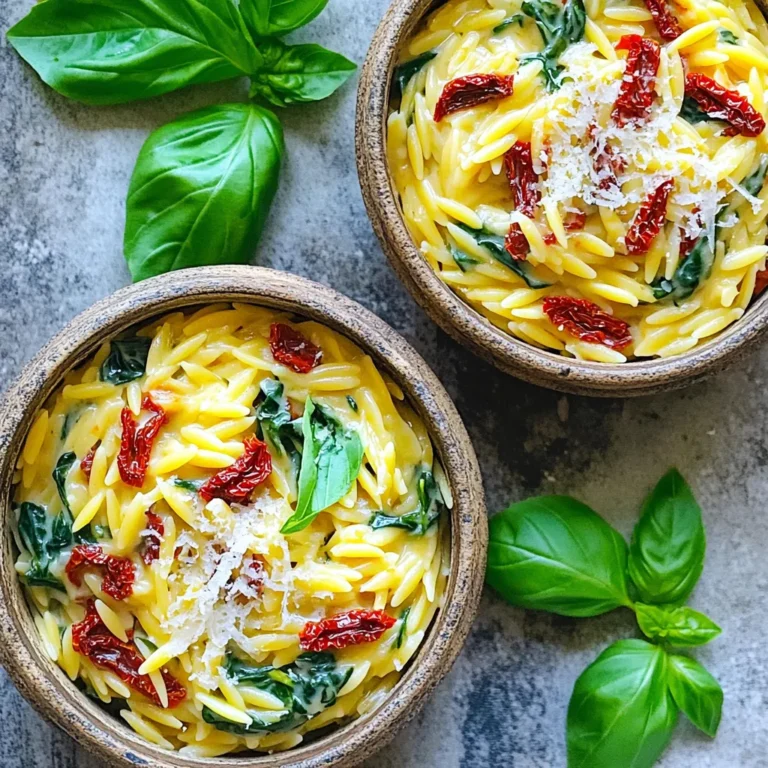 To make Creamy Sun-Dried Tomato Orzo, gather these items: - 1 cup orzo pasta - 2 tablespoons extra-virgin olive oil - 3 cloves garlic, minced - 1 cup sun-dried tomatoes, finely chopped - 1 cup vegetable broth - 1 cup heavy cream (or coconut cream for a dairy-free alternative) - 1 cup fresh spinach, roughly chopped - 1/2 cup grated Parmesan cheese (or nutritional yeast for a vegan alternative) - Salt and freshly ground black pepper, to taste - Fresh basil leaves, for garnishing You can easily modify this recipe for dietary needs. If you're vegan, swap heavy cream for coconut cream. Instead of Parmesan cheese, use nutritional yeast. For gluten-free options, try gluten-free orzo or another gluten-free pasta. These swaps keep the dish delicious while fitting your diet. For the best flavor, I recommend these brands: - Orzo Pasta: Look for Barilla or DeLallo for good quality. - Olive Oil: Choose a high-quality extra-virgin olive oil like California Olive Ranch. - Sun-Dried Tomatoes: Opt for brands like Bella Sun Luci for rich taste. - Heavy Cream: If dairy-free, try So Delicious coconut cream. - Parmesan Cheese: For a good vegan substitute, check out Violife or nutritional yeast from Bragg. These choices will elevate your creamy orzo dish. Enjoy the wonderful flavors! First, bring a large pot of salted water to a boil. Add 1 cup of orzo pasta. Cook the orzo according to the package instructions until it is al dente. This usually takes about 8 to 10 minutes. Once done, drain the pasta and set it aside. In a large skillet, heat 2 tablespoons of extra-virgin olive oil over medium heat. Add 3 minced garlic cloves and sauté for 1 to 2 minutes. You want the garlic to get fragrant but not brown. If it browns, the flavor turns bitter. Next, add 1 cup of finely chopped sun-dried tomatoes. Cook for another 2 to 3 minutes to help release their flavors. Pour in 1 cup of vegetable broth and bring it to a gentle simmer. Let it simmer for about 5 minutes. This helps concentrate the flavors. Now, slowly stir in 1 cup of heavy cream. Bring the mixture back to a simmer. Add in 1 cup of roughly chopped fresh spinach. Stir until the spinach wilts and blends into the sauce. Once the spinach wilts, add the cooked orzo to the skillet. Mix it thoroughly with the creamy sauce and the vegetables. Sprinkle in 1/2 cup of grated Parmesan cheese. Stir until the cheese melts, creating a rich, creamy texture. Taste the dish and add salt and freshly ground black pepper as needed. Remove the skillet from heat and let it rest for a couple of minutes. This will help the sauce thicken. Serve your creamy sun-dried tomato orzo in deep bowls and garnish with fresh basil leaves. Enjoy your delicious creation! To get the creamiest orzo, use heavy cream. It gives the sauce a rich feel. If you want a lighter option, try coconut cream. Both work well. Stir in the cheese slowly. This helps it melt evenly. Let the dish sit after cooking. This allows the sauce to thicken nicely. Adding more flavors can make this dish shine. Try fresh herbs like thyme or oregano. These add a nice touch. You can also use olives for a salty bite. If you like heat, add red pepper flakes. Just a pinch can make a big difference. One mistake is overcooking the garlic. It can turn bitter fast. Keep an eye on it as you sauté. Another mistake is skipping the seasoning. Salt and pepper heighten the flavors. Always taste your dish before serving. Lastly, don't rush the sauce. Let it simmer a bit to bring out all the flavors. {{image_4}} You can easily make this dish vegan. Replace the heavy cream with coconut cream. This keeps the creamy texture while adding a subtle flavor. Use nutritional yeast instead of Parmesan cheese. It gives a cheesy taste without dairy. This way, everyone can enjoy the meal. Want to make this dish heartier? You can add proteins like chicken or shrimp. For chicken, use cooked, diced pieces. Stir them into the sauce before adding the orzo. For shrimp, sauté them in the skillet before adding the sun-dried tomatoes. Both options add great flavor and make it filling. Seasonal veggies can enhance this recipe. Think about adding zucchini, bell peppers, or asparagus. Cut them into small pieces and sauté them with the garlic. This adds color and nutrition. You can also use frozen peas for a quick option. These veggies will make your dish more vibrant and tasty. To keep your creamy sun-dried tomato orzo fresh, allow it to cool first. Then, transfer it to an airtight container. Store it in the fridge for up to three days. Make sure to label the container with the date. This way, you can enjoy it later without worry. When you’re ready to eat your leftovers, reheat them gently. You can use a microwave or stove. If using a microwave, place the orzo in a bowl and add a splash of water. This helps prevent it from drying out. Heat for one to two minutes, stirring halfway through. If using a stove, warm it in a pan over low heat, stirring often. Add a little cream or broth if it seems too thick. You can freeze this dish for up to three months. First, let it cool completely. Then, portion it into freezer-safe bags or containers. Squeeze out excess air before sealing. Label each bag with the date and contents. When ready to eat, thaw it overnight in the fridge. Reheat it as mentioned above for the best taste and texture. Yes, you can use other pasta types. Some good options are small shells, penne, or farfalle. These shapes hold the sauce well, just like orzo. Keep in mind, cooking times may vary. Always check the package for cooking details. You want your pasta al dente for the best texture. To add heat, try these simple tips: - Add red pepper flakes while cooking the garlic. - Mix in diced jalapeños with the sun-dried tomatoes. - Use spicy sausage instead of sun-dried tomatoes. These options will boost the heat without losing flavor. Taste as you cook to find your perfect spice level. Pair this dish with light sides. Here are some tasty options: - A fresh green salad with vinaigrette. - Roasted vegetables, like zucchini or asparagus. - Garlic bread for a comforting touch. These sides complement the creamy orzo and create a balanced meal. Enjoy experimenting with your favorites! This recipe for Creamy Sun-Dried Tomato Orzo guides you through every step. We covered ingredients, cooking methods, and clever tips. You can customize it to fit your tastes and needs. Remember to store leftovers properly and reheat carefully. This dish works well with many sides and variations. I hope you enjoy creating this tasty meal. Now, get cooking and impress your family or friends!