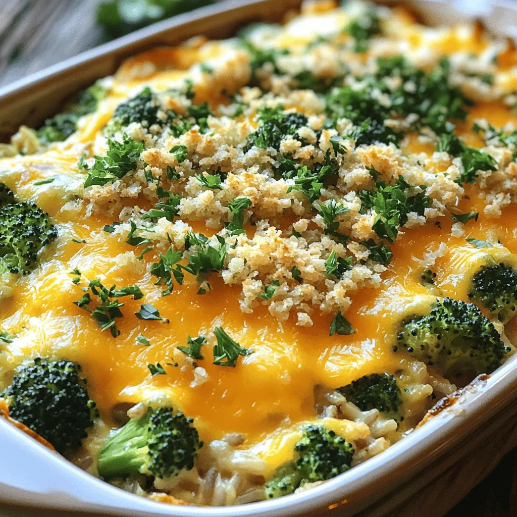 - 2 cups cooked brown rice - 2 cups fresh broccoli florets - 1 cup shredded sharp cheddar cheese (plus an additional 1/4 cup for topping) - 1 cup cream of mushroom soup (store-bought or homemade) - 1 cup whole milk - 1/2 cup finely diced onion - 2 cloves garlic, minced - 1 teaspoon garlic powder - 1 teaspoon onion powder - Salt and freshly ground black pepper, to taste - 1/2 cup panko breadcrumbs - 2 tablespoons extra virgin olive oil (plus more for greasing) - Fresh parsley, finely chopped (for garnish) You can add some fun flavors to your casserole. Consider adding: - Cooked bacon or ham for a meaty touch. - Sliced mushrooms for a deeper taste. - Red bell pepper for a pop of color and sweetness. - Hot sauce if you like a bit of spice. If you have dietary needs, worry not! Here are some swaps: - Use quinoa or cauliflower rice instead of brown rice for a lighter feel. - Swap cream of mushroom soup with a dairy-free version for a vegan option. - Choose almond milk or oat milk in place of whole milk to cut dairy. - For a gluten-free dish, use gluten-free breadcrumbs instead of panko. These options let you customize your casserole to fit your taste and diet while keeping it tasty! First, preheat your oven to 350°F (175°C). Take a 9x13 inch casserole dish and grease it lightly with olive oil. This step helps the casserole not stick. In a large saucepan, warm 2 tablespoons of olive oil over medium heat. Add 1/2 cup of finely diced onion and 2 cloves of minced garlic. Sauté for 3-4 minutes until the onion is soft and clear. Then, toss in 2 cups of fresh broccoli florets. Keep cooking for another 2-3 minutes. The broccoli should be tender but still bright green. Once done, take the pan off the heat. In a big mixing bowl, combine 2 cups of cooked brown rice, the onion and broccoli mix, 1 cup of cream of mushroom soup, and 1 cup of whole milk. Add 1 teaspoon each of garlic powder and onion powder. Season with salt and pepper. Mix everything well until it’s smooth. Next, fold in 3/4 cup of shredded sharp cheddar cheese. Make sure it’s evenly mixed in. Now, transfer the rice and veggie mixture into the greased casserole dish. Spread it evenly with a spatula. Sprinkle the remaining 1/4 cup of shredded cheddar cheese on top. For a crispy finish, mix 1/2 cup of panko breadcrumbs with a little olive oil in a small bowl. Sprinkle this over the cheese layer. Bake the casserole uncovered for 25-30 minutes. Look for a golden brown top and bubbling cheese. After baking, let it cool for 5 minutes before serving. For a fresh touch, add some chopped parsley on top. To get the best rice for your casserole, use brown rice. It has great flavor and texture. Cook it just right before you mix it in. Follow these steps for perfect rice: - Rinse the rice in cold water until the water runs clear. - Use a 2:1 water-to-rice ratio. - Bring water to a boil, add rice, and cover. - Reduce heat and simmer for 45 minutes. - Remove from heat and let it sit covered for 10 minutes. This method keeps your rice fluffy and not mushy. Melted cheese makes your casserole creamy. For the best melt, use sharp cheddar. Here’s how to get it just right: - Grate the cheese yourself; pre-shredded cheese has additives. - Mix the cheese into the warm rice and veggie mix. - Save a bit of cheese for the top. - Bake until bubbly and golden to get that perfect melt. This will make every bite cheesy and delicious. A crispy topping adds a great crunch. Here’s how to achieve that: - Use panko breadcrumbs instead of regular breadcrumbs. - Mix breadcrumbs with a splash of olive oil for extra crunch. - Sprinkle the mixture evenly over the cheese layer. - Bake uncovered to allow the heat to crisp it up. This will give your casserole a tasty finish that everyone will love. {{image_4}} If you want a vegetarian twist, you can keep this dish simple. Just skip any meat and focus on the veggies. You can add more green veggies like peas or spinach for extra color and taste. You can also use different cheeses. Consider using mozzarella for a milder flavor or a spicy pepper jack for a kick. These changes make the casserole still delicious and filling. To make this meal heartier, you can add chicken or turkey. Cooked, shredded chicken works best. Stir in about 1 to 2 cups of chicken after mixing the rice and veggies. For turkey, use the same amount. This adds protein and keeps the dish tasty. You can even season the meat with spices to match your taste. For a gluten-free version, swap the panko breadcrumbs with crushed gluten-free crackers. You can also use brown rice that is labeled gluten-free. Make sure the cream of mushroom soup is gluten-free too. These small changes ensure everyone can enjoy this dish. You still get that creamy, cheesy goodness without the gluten. To store leftover casserole, let it cool first. Then, place it in an airtight container. You can keep it in the fridge for up to four days. Make sure to cover it well to keep it fresh. If you want to enjoy it later, consider freezing it. When you reheat the casserole, use the oven for the best results. Preheat your oven to 350°F (175°C). Place the casserole in an oven-safe dish. Cover it with foil to keep it moist. Heat for about 20-25 minutes. You can also use the microwave, but it may not be as crispy. To freeze the casserole, first let it cool completely. Cut it into portions for easy use later. Wrap each piece tightly in plastic wrap, then place them in a freezer bag. Label the bags with the date. You can freeze it for up to three months. When ready to eat, thaw it in the fridge overnight before reheating. Yes, you can make this casserole ahead of time. Prepare the dish up to the baking step. Cover it tightly with foil and place it in the fridge. When ready to bake, just pop it in the oven. You may need to add a few extra minutes to the baking time. This makes meal prep easier and saves time on busy days. You can serve many sides with Cheesy Broccoli Rice Casserole. Here are a few ideas: - Grilled chicken or fish - A fresh green salad - Steamed vegetables - Garlic bread These options balance the rich, creamy casserole and make a complete meal. Yes, you can create a dairy-free version of this casserole. Use dairy-free cheese and a plant-based milk, like almond or oat milk. For the cream of mushroom soup, try a dairy-free version or make your own with coconut milk. This way, you can enjoy the same flavors without dairy. You can store leftovers in the fridge for about 3 to 4 days. Make sure to cover the casserole tightly to keep it fresh. If you want to keep it longer, consider freezing it. Just wrap it well and store it in the freezer for up to 3 months. When ready to eat, thaw it overnight in the fridge and reheat it in the oven. This blog post covers everything you need to make a great Cheesy Broccoli Rice Casserole. We looked at key ingredients, step-by-step instructions, and important tips for cooking it just right. You learned about adding flavors and making this dish to fit your needs. Remember, there are so many ways to enjoy this recipe! You can adjust it for different diets or serve it with tasty sides. With these guidelines, you can create a delicious meal that everyone will love. Enjoy your cooking!