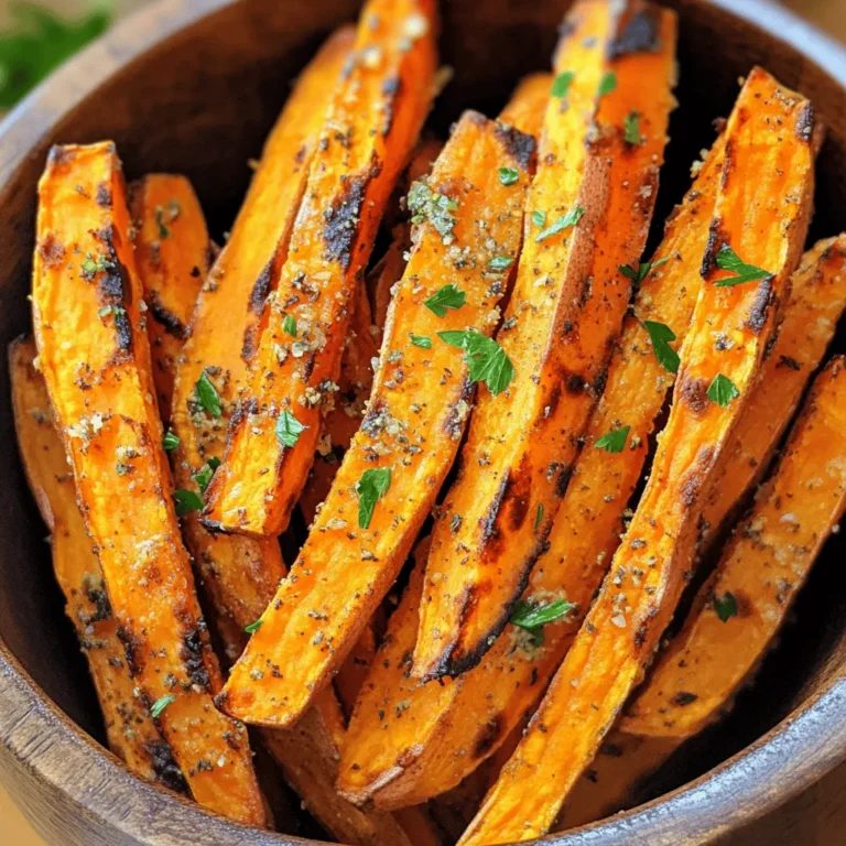 - 2 large sweet potatoes - 2 tablespoons extra virgin olive oil - 4 cloves fresh garlic, minced - 2 teaspoons dried Italian herbs - 1 teaspoon smoked paprika - Sea salt and pepper - Fresh parsley for garnish - Different herbs or spices - Alternative oils To start, gather your ingredients. Sweet potatoes are the star here. They give a nice sweetness and color to the fries. Next, we have the olive oil. It helps the fries crisp up and adds flavor. The fresh garlic is a must for that punchy taste. Dried Italian herbs bring a lovely mix of flavors. Smoked paprika adds a hint of smokiness. You’ll also need sea salt and pepper to season. Finally, fresh parsley will make your dish pop with color. If you want to play around, consider using different herbs or spices. You can also swap out the olive oil for other oils, like avocado oil. Each choice will change the flavor a bit. Enjoy experimenting! Start by peeling the sweet potatoes if you want. This step is optional. Next, cut them into 1/4-inch thick sticks. Make sure the cuts are even. This helps all fries cook the same way. Soaking is key to crispy fries. Place the sweet potato sticks in a bowl of cold water. Let them soak for at least 30 minutes. This removes extra starch. After soaking, drain the fries. Then, pat them dry with a clean towel. Dry fries get crispier. In a big bowl, mix olive oil, minced garlic, dried Italian herbs, and smoked paprika. Add sea salt and pepper to taste. Stir well to combine all flavors. This mix will coat the fries evenly. Make sure every fry gets the tasty blend. Set your air fryer to 400°F (200°C). Let it preheat for about 5 minutes. This step ensures even cooking. Once preheated, place the sweet potato fries in the basket. Arrange them in a single layer. Cook for 15-20 minutes. Shake the basket halfway through. This helps them brown evenly. Look for signs of crispiness while they cook. Fries should turn golden brown and crispy outside. The inside should be soft and fluffy. Check them during the last few minutes. This way, you can catch them at the perfect moment. When the fries are ready, remove them from the air fryer. Place them on a serving platter. Garnish with chopped fresh parsley. This adds color and flavor. Serve them with your favorite dips or sides. Consider pairing with ranch or spicy mayo for extra fun! To ensure your sweet potato fries cook evenly, cut them into uniform 1/4-inch sticks. This step is vital. If the pieces are different sizes, some will cook faster than others. Batch cooking helps keep your fries crispy. If you crowd the air fryer, they will steam instead of fry. Cook in smaller batches to get that perfect crunch. You can boost the flavor of your fries in many ways. Try adding cayenne pepper for heat or smoked paprika for depth. If you want a garlic-free option, use onion powder or a squeeze of lemon. Fresh herbs like rosemary or cilantro can also add a unique twist to your fries. Avoid overcrowding the air fryer. This mistake leads to soggy fries, which we want to avoid. Always leave space for hot air to circulate. Soaking the fries is key. If you don’t soak them long enough, they will not get crispy. Aim for at least 30 minutes in cold water to get the best results. {{image_4}} You can switch up your fries by using different potatoes. Yukon gold or russet potatoes work well. They both have great flavors and textures. If you prefer, you can leave the skins on for added fiber and a rustic look. It’s all about your taste! Want to spice things up? Add cayenne or chili powder for a spicy kick. If you like sweet, sprinkle some cinnamon on your fries. Both options change the flavor and keep things fun. Feel free to mix and match your favorite spices! You can make these fries in different ways. If you don’t have an air fryer, an oven-baked version is easy. Just spread the fries on a baking sheet and bake until crispy. For a more classic taste, try deep-frying them. This method gives you that crunchy texture we all love. However, it involves more oil, so keep that in mind. To keep your sweet potato fries fresh, follow these simple steps: - Refrigeration: Place the cooled fries in an airtight container. This helps keep them from drying out. - Optimal Freshness: Sweet potato fries stay good for about 3 to 5 days in the fridge. You want to enjoy crispy fries again. Here are my tips: - Recommended Methods: Reheat your fries in an air fryer at 350°F (175°C) for 5 to 7 minutes. This method helps restore their crunch. - Maintaining Crispiness: Avoid using a microwave. It makes fries soggy. Instead, use the oven or air fryer for best results. Following these tips will help you savor those delicious garlic herb sweet potato fries again! To make sweet potato fries crispy, soak them in cold water for 30 minutes. This step removes excess starch, which helps them crisp up. After soaking, drain and pat them dry. Coat the fries evenly with olive oil and spices. Air fry at 400°F for 15-20 minutes, shaking the basket halfway through. This technique ensures they cook evenly, resulting in a golden, crispy exterior. Skipping the soaking step can affect texture and taste. Without soaking, fries may turn out softer and less crispy. The soaking process helps to remove starch, which can lead to soggy fries. If you want the best texture, I highly recommend soaking them before cooking. Sweet potato fries taste great with many sauces. Here are some tasty options: - Ketchup - Garlic aioli - Spicy mayo - Honey mustard - Ranch dressing Feel free to get creative and find your favorite pairing! Cooked sweet potato fries can last in the fridge for about 3 to 5 days. Store them in an airtight container to keep them fresh. For the best taste, try to eat them within a few days. Air fryer sweet potato fries are simple and tasty. We covered the key ingredients, like sweet potatoes, garlic, and olive oil. I shared step-by-step instructions, emphasizing the importance of soaking for ideal crispiness. We also explored tips to enhance flavor and avoid common mistakes. In the end, don’t shy away from experimenting with herbs or changing cooking methods. Enjoy these fries with your favorite dips, and they will shine at any meal. Keep your servings crispy and delicious for the best experience!