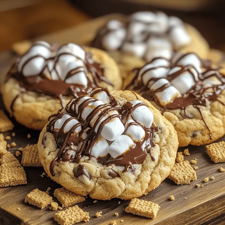 - 1 cup unsalted butter, softened to room temperature - 3/4 cup brown sugar, packed tightly - 3/4 cup granulated sugar - 2 large eggs - 1 teaspoon pure vanilla extract - 2 1/4 cups all-purpose flour - 1 teaspoon baking soda - 1/2 teaspoon fine sea salt - 1 cup semi-sweet chocolate chips - 1 cup mini marshmallows - 1 cup graham cracker crumbs - 1/4 cup chocolate fudge sauce If you have allergies or dietary needs, you can adjust some ingredients. For butter, try coconut oil for a dairy-free option. Replace the granulated sugar with coconut sugar for a healthier choice. You can use egg replacements like flax eggs if you want vegan cookies. For gluten-free cookies, substitute all-purpose flour with a gluten-free blend. Using room temperature ingredients is key. It helps the butter cream better with sugars. When the butter and sugars mix well, they trap air, making your cookies light. Cold eggs can also affect the mixing process. Always take them out ahead of time. This small step can make a big difference in your cookie’s texture. First, preheat your oven to 350°F (175°C). This step is key for perfect baking. Next, line your baking sheet with parchment paper. This prevents sticking and helps with even baking. To start making the dough, cream together 1 cup of softened unsalted butter, 3/4 cup of brown sugar, and 3/4 cup of granulated sugar. I use an electric mixer for about 3-4 minutes until it looks light and fluffy. Next, add 2 large eggs, one at a time. Mix well after each egg. Then, stir in 1 teaspoon of pure vanilla extract until it blends in. In a separate bowl, whisk together 2 1/4 cups of all-purpose flour, 1 teaspoon of baking soda, and 1/2 teaspoon of fine sea salt. Gradually add this dry mix to your creamed butter and sugars. Stir gently until just combined. Be careful! Overmixing will make your cookies tough. Finally, fold in 1 cup of semi-sweet chocolate chips and 1 cup of graham cracker crumbs. Mix until evenly spread throughout the dough. To create the stuffed cookies, take about 2 tablespoons of cookie dough and flatten it into a disc in your palm. In the center, place 3-4 mini marshmallows and a generous drizzle of chocolate fudge sauce. Carefully fold the edges of the dough over the filling. Make sure it is completely encased. Then roll it into a ball. Repeat this step with the remaining dough and filling. Place the stuffed cookie balls on the prepared baking sheet, leaving about 2 inches of space between each. This space allows for spreading as they bake. Bake in the preheated oven for 10-12 minutes. Look for the edges to be golden while the centers should look slightly soft. They will firm up as they cool. Once done, remove the cookies from the oven. Let them sit on the baking sheet for about 5 minutes. After that, transfer them to a wire rack to cool completely. This helps keep their soft and gooey centers. To get the right texture, avoid overmixing the dough. Mix until you see no dry flour. If you mix too much, the cookies can turn tough. This dough needs just the right balance of softness and chewiness. When you add the flour, stop mixing as soon as it blends in. This keeps the cookies nice and tender. To keep your cookies fresh, store them in an airtight container. Line the bottom with parchment paper to soak up any moisture. These cookies taste best within a few days. If you want to enjoy them later, freeze them. Place cookies in a single layer on a baking sheet to freeze. After they are solid, transfer them to a freezer bag. To reheat, just pop them in the microwave for a few seconds. This makes them warm and gooey again. You can also warm them in an oven at 350°F for a few minutes. Serve these cookies with a glass of cold milk or a hot cup of coffee. The chocolate and marshmallow mix well with both drinks. For a fun presentation, arrange them on a rustic wooden platter. Drizzle extra chocolate fudge sauce over the cookies. Add a few mini marshmallows on top for a tasty look. You can also serve some graham crackers on the side to complete the s’mores vibe. {{image_4}} You can easily switch up the flavors in your S’mores Stuffed Chocolate Chip Cookies. Add nuts like walnuts or pecans for a crunchy texture. You can also try different chocolates. Use dark chocolate for a rich taste or white chocolate for a sweet twist. Mixing these flavors makes each bite exciting and unique. If you want a healthier cookie, try using coconut oil instead of butter. Coconut oil adds a nice flavor and is a good fat choice. You can also use sugar substitutes like stevia or monk fruit. These alternatives can help cut down on calories while keeping the cookies sweet and tasty. Get creative with seasonal themes! For Halloween, add orange food coloring to your dough or mini candy corn inside. For Christmas, sprinkle in some peppermint extract or crushed candy canes. These fun themes make the cookies perfect for any celebration. Each season can bring a new twist to this classic treat. To keep your cookies fresh, place them in an airtight container. You can enjoy them for about 3-5 days at room temperature. If you want to keep them longer, consider using the fridge. Just make sure the container seals well to avoid moisture. You can freeze these cookies before or after baking. To freeze before baking, shape the dough into balls and place them on a baking sheet. Freeze until solid, then transfer to a zip-top bag. For baked cookies, let them cool first, then store in a freezer-safe bag. They will last for up to three months. To thaw frozen cookie dough, leave it in the fridge overnight. If you freeze baked cookies, let them sit at room temperature for about 30 minutes. For a warm treat, reheat them in the oven at 350°F for 5-10 minutes. This will make them soft and gooey again! Yes, you can use different chocolates in your cookies. Try dark chocolate, milk chocolate, or even white chocolate. Each will change the taste a bit. Mix and match chocolate chips for fun flavors. You can also chop up chocolate bars for bigger chunks. To prevent marshmallows from melting too much, chill your dough before baking. This helps the cookies hold their shape. Also, try using larger marshmallows and cut them in half. This way, they stay gooey but don’t spill out. You can make the dough ahead of time. Store it in the fridge for up to 3 days. Just wrap it well in plastic wrap to keep it fresh. If you want to store it longer, freeze it for up to 3 months. When ready, thaw it overnight in the fridge before baking. These cookies go great with milk, coffee, or hot cocoa. You can also serve them with graham crackers for a classic s’mores vibe. Try a scoop of vanilla ice cream on the side for a treat. This blog post covered how to make S’mores Stuffed Chocolate Chip Cookies. We discussed the key ingredients, preparation steps, and tips for perfect cookies. Remember, using room temperature ingredients helps the dough mix better. You can switch ingredients for dietary needs or try different flavors for fun. Enjoy these cookies with milk or coffee for a delightful treat. Follow these steps, and your cookies will be a hit! Happy baking!