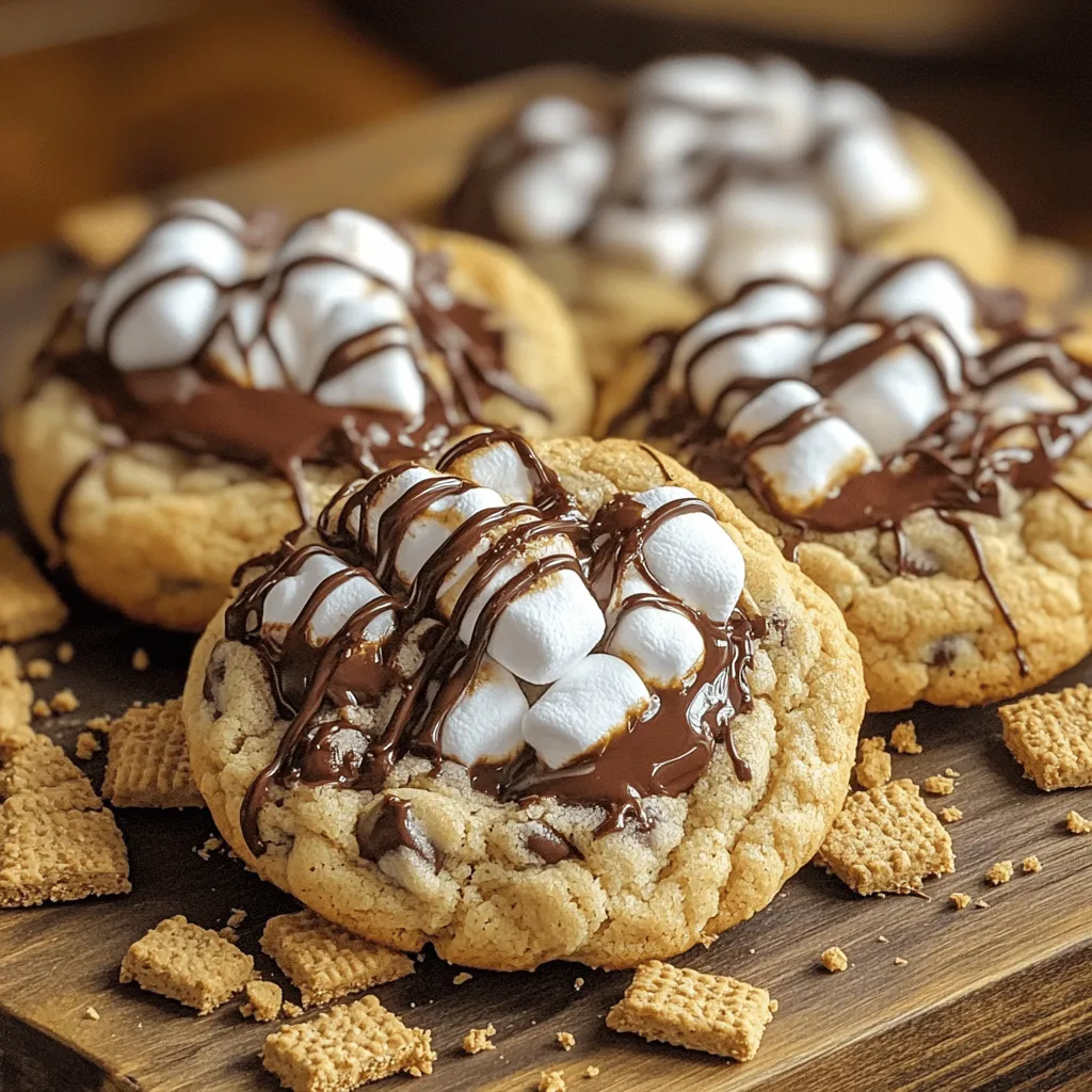 - 1 cup unsalted butter, softened to room temperature - 3/4 cup brown sugar, packed tightly - 3/4 cup granulated sugar - 2 large eggs - 1 teaspoon pure vanilla extract - 2 1/4 cups all-purpose flour - 1 teaspoon baking soda - 1/2 teaspoon fine sea salt - 1 cup semi-sweet chocolate chips - 1 cup mini marshmallows - 1 cup graham cracker crumbs - 1/4 cup chocolate fudge sauce If you have allergies or dietary needs, you can adjust some ingredients. For butter, try coconut oil for a dairy-free option. Replace the granulated sugar with coconut sugar for a healthier choice. You can use egg replacements like flax eggs if you want vegan cookies. For gluten-free cookies, substitute all-purpose flour with a gluten-free blend. Using room temperature ingredients is key. It helps the butter cream better with sugars. When the butter and sugars mix well, they trap air, making your cookies light. Cold eggs can also affect the mixing process. Always take them out ahead of time. This small step can make a big difference in your cookie’s texture. First, preheat your oven to 350°F (175°C). This step is key for perfect baking. Next, line your baking sheet with parchment paper. This prevents sticking and helps with even baking. To start making the dough, cream together 1 cup of softened unsalted butter, 3/4 cup of brown sugar, and 3/4 cup of granulated sugar. I use an electric mixer for about 3-4 minutes until it looks light and fluffy. Next, add 2 large eggs, one at a time. Mix well after each egg. Then, stir in 1 teaspoon of pure vanilla extract until it blends in. In a separate bowl, whisk together 2 1/4 cups of all-purpose flour, 1 teaspoon of baking soda, and 1/2 teaspoon of fine sea salt. Gradually add this dry mix to your creamed butter and sugars. Stir gently until just combined. Be careful! Overmixing will make your cookies tough. Finally, fold in 1 cup of semi-sweet chocolate chips and 1 cup of graham cracker crumbs. Mix until evenly spread throughout the dough. To create the stuffed cookies, take about 2 tablespoons of cookie dough and flatten it into a disc in your palm. In the center, place 3-4 mini marshmallows and a generous drizzle of chocolate fudge sauce. Carefully fold the edges of the dough over the filling. Make sure it is completely encased. Then roll it into a ball. Repeat this step with the remaining dough and filling. Place the stuffed cookie balls on the prepared baking sheet, leaving about 2 inches of space between each. This space allows for spreading as they bake. Bake in the preheated oven for 10-12 minutes. Look for the edges to be golden while the centers should look slightly soft. They will firm up as they cool. Once done, remove the cookies from the oven. Let them sit on the baking sheet for about 5 minutes. After that, transfer them to a wire rack to cool completely. This helps keep their soft and gooey centers. To get the right texture, avoid overmixing the dough. Mix until you see no dry flour. If you mix too much, the cookies can turn tough. This dough needs just the right balance of softness and chewiness. When you add the flour, stop mixing as soon as it blends in. This keeps the cookies nice and tender. To keep your cookies fresh, store them in an airtight container. Line the bottom with parchment paper to soak up any moisture. These cookies taste best within a few days. If you want to enjoy them later, freeze them. Place cookies in a single layer on a baking sheet to freeze. After they are solid, transfer them to a freezer bag. To reheat, just pop them in the microwave for a few seconds. This makes them warm and gooey again. You can also warm them in an oven at 350°F for a few minutes. Serve these cookies with a glass of cold milk or a hot cup of coffee. The chocolate and marshmallow mix well with both drinks. For a fun presentation, arrange them on a rustic wooden platter. Drizzle extra chocolate fudge sauce over the cookies. Add a few mini marshmallows on top for a tasty look. You can also serve some graham crackers on the side to complete the s’mores vibe. {{image_4}} You can easily switch up the flavors in your S’mores Stuffed Chocolate Chip Cookies. Add nuts like walnuts or pecans for a crunchy texture. You can also try different chocolates. Use dark chocolate for a rich taste or white chocolate for a sweet twist. Mixing these flavors makes each bite exciting and unique. If you want a healthier cookie, try using coconut oil instead of butter. Coconut oil adds a nice flavor and is a good fat choice. You can also use sugar substitutes like stevia or monk fruit. These alternatives can help cut down on calories while keeping the cookies sweet and tasty. Get creative with seasonal themes! For Halloween, add orange food coloring to your dough or mini candy corn inside. For Christmas, sprinkle in some peppermint extract or crushed candy canes. These fun themes make the cookies perfect for any celebration. Each season can bring a new twist to this classic treat. To keep your cookies fresh, place them in an airtight container. You can enjoy them for about 3-5 days at room temperature. If you want to keep them longer, consider using the fridge. Just make sure the container seals well to avoid moisture. You can freeze these cookies before or after baking. To freeze before baking, shape the dough into balls and place them on a baking sheet. Freeze until solid, then transfer to a zip-top bag. For baked cookies, let them cool first, then store in a freezer-safe bag. They will last for up to three months. To thaw frozen cookie dough, leave it in the fridge overnight. If you freeze baked cookies, let them sit at room temperature for about 30 minutes. For a warm treat, reheat them in the oven at 350°F for 5-10 minutes. This will make them soft and gooey again! Yes, you can use different chocolates in your cookies. Try dark chocolate, milk chocolate, or even white chocolate. Each will change the taste a bit. Mix and match chocolate chips for fun flavors. You can also chop up chocolate bars for bigger chunks. To prevent marshmallows from melting too much, chill your dough before baking. This helps the cookies hold their shape. Also, try using larger marshmallows and cut them in half. This way, they stay gooey but don’t spill out. You can make the dough ahead of time. Store it in the fridge for up to 3 days. Just wrap it well in plastic wrap to keep it fresh. If you want to store it longer, freeze it for up to 3 months. When ready, thaw it overnight in the fridge before baking. These cookies go great with milk, coffee, or hot cocoa. You can also serve them with graham crackers for a classic s’mores vibe. Try a scoop of vanilla ice cream on the side for a treat. This blog post covered how to make S’mores Stuffed Chocolate Chip Cookies. We discussed the key ingredients, preparation steps, and tips for perfect cookies. Remember, using room temperature ingredients helps the dough mix better. You can switch ingredients for dietary needs or try different flavors for fun. Enjoy these cookies with milk or coffee for a delightful treat. Follow these steps, and your cookies will be a hit! Happy baking!