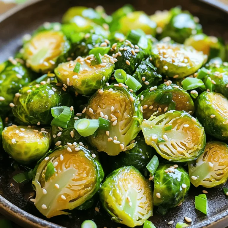 - 1 lb Brussels sprouts, halved - 3 tablespoons olive oil - 4 garlic cloves, minced Brussels sprouts are the star here. Their nutty flavor shines when roasted. Olive oil helps them crisp up nicely. Garlic adds a wonderful aroma and taste. - 1/4 cup honey - 1 tablespoon soy sauce - 1 teaspoon apple cider vinegar This sauce is a sweet and savory dream. Honey brings sweetness, while soy sauce gives depth. Apple cider vinegar adds a touch of tang. Together, they create a sticky glaze. - Salt and pepper - 1/4 teaspoon crushed red pepper flakes (optional) - 1/4 cup toasted sesame seeds - 2 green onions, sliced Seasoning is key to great flavor. Salt and pepper enhance every bite. Crushed red pepper flakes add heat, if you like spice. Toasted sesame seeds provide crunch. Sliced green onions give color and freshness. - Step 1: Preheat the Skillet Start by placing your large skillet over medium heat. Pour in the olive oil. Let it warm for one minute. It should be hot but not smoking. - Step 2: Sauté Brussels Sprouts Carefully add the halved Brussels sprouts to the skillet. Make sure the cut sides face down. Sprinkle a pinch of salt and pepper on top. Cook them for about 5-7 minutes. You want a nice golden brown crust on one side. - Step 3: Add Garlic Once the sprouts are browned, add the minced garlic. Stir gently and let it cook for 1-2 minutes. Keep an eye on it so the garlic does not burn. - Step 4: Create Sauce In a small bowl, whisk together honey, soy sauce, and apple cider vinegar. If you like heat, add crushed red pepper flakes. This mix brings a sweet and savory flavor. - Step 5: Combine and Glaze Pour that sticky sauce over the Brussels sprouts. Stir well to coat them evenly. Let them cook for another 3-4 minutes. This helps the sauce thicken and the sprouts become tender yet crispy. - Step 6: Taste and Adjust Seasoning After cooking, taste the dish. Adjust the seasoning with salt and pepper as needed. When you're happy with the flavor, remove the skillet from heat. To ensure Brussels sprouts develop a golden crust, start with a hot skillet. Heat the olive oil until it shimmers. Place the sprouts cut side down in the skillet. Do not overcrowd the pan; this helps them brown evenly. Let them cook undisturbed for 5-7 minutes. This patience pays off with a nice crust. Preventing garlic from burning is key to great flavor. Add the minced garlic only after the Brussels sprouts brown. Stir it gently to release the aroma. Cook it for just 1-2 minutes. Watch closely, as garlic burns quickly and can turn bitter. For presentation, transfer the glazed Brussels sprouts to a serving platter. A sprinkle of toasted sesame seeds adds crunch and color. Scatter sliced green onions on top for freshness. This simple step makes the dish look gourmet. Pair these Brussels sprouts with roasted chicken or grilled fish. They also shine as a main vegetarian dish, served with quinoa or rice. The sweet and savory flavors complement many main courses. To store leftovers, let the Brussels sprouts cool first. Place them in an airtight container. They last in the fridge for up to 3 days. For longer storage, freeze them in a freezer-safe bag. When reheating, use a skillet for best results. Heat over medium for 5-7 minutes until warmed through. You can also use the microwave, but this may soften them. Enjoy your delicious dish even days later! {{image_4}} You can easily change the flavor of honey garlic Brussels sprouts. - Adding bacon or pancetta for a savory twist: Adding crispy bacon or pancetta gives a nice salty flavor. Just cook the bacon first, then add the Brussels sprouts to the same skillet. The bacon fat adds richness to the dish. - Incorporating other vegetables: You can mix in other veggies like carrots or bell peppers. They bring extra color and texture. Just make sure to cut them to a similar size for even cooking. There are ways to adapt this dish to fit different diets. - Making it vegan: You can make this dish vegan by replacing honey with maple syrup or agave nectar. This keeps the sweetness while keeping it plant-based. - Low-sugar alternatives: If you want a lower sugar option, use less honey or a sugar-free syrup. You can also add more garlic and spices for flavor without the sugar. The way you serve honey garlic Brussels sprouts can change the meal. - Using as a side dish vs main entrée: This dish works well as a side. Pair it with your favorite protein like chicken or fish. It can also stand alone as a main dish, especially if you add grains like quinoa or brown rice. - Options for different occasions: You can serve this dish for casual family dinners or special occasions. Its bright colors and taste make it a hit at any gathering. You can store leftover Honey Garlic Brussels Sprouts in the fridge for about 3 to 4 days. Place them in an airtight container to keep them fresh. If you want to save them longer, you can freeze them. Just make sure to spread them out on a baking sheet first. Once frozen, transfer them to a freezer bag. They can last for up to 2 months in the freezer. To keep the texture nice, I recommend reheating on the stovetop. Heat a skillet over medium heat and add a splash of olive oil. Add the sprouts and stir until warmed through. This method helps to bring back that crispy edge. You can use the microwave if you're in a hurry, but it might make them a bit soggy. If you choose the microwave, heat in short bursts and stir in between. You can easily add these sprouts to other dishes. Try chopping them up and mixing them into pasta or grain bowls. They also work great in salads. Toss them with some greens, nuts, and a light dressing for a tasty meal. You can even use them as a topping for pizza, adding a sweet and savory twist to your slice. How do you know when Brussels sprouts are done cooking? You can tell Brussels sprouts are done when they are tender. They should also have a nice golden crust. You can test their doneness by piercing them with a fork. If it goes in easily, they are ready. Can I substitute other sweeteners for honey? Yes! You can use maple syrup or agave nectar instead of honey. Each will give a unique flavor. Adjust the amount to taste, as some sweeteners are sweeter than honey. What can I add to the recipe for extra flavor? You can add bacon or pancetta for a savory twist. Nuts like almonds or walnuts add crunch. Try adding a splash of lemon juice for fresh brightness. You can also mix in other veggies like carrots or bell peppers. Can I make this dish ahead of time? Yes, you can prep the Brussels sprouts ahead. Cook them, then store in the fridge for up to two days. Reheat in a skillet when you're ready to serve. This helps the flavors meld nicely, making them even tastier. Are Brussels sprouts healthy? Yes, Brussels sprouts are very healthy! They are low in calories and high in vitamins. They contain fiber, which is good for digestion. They also have antioxidants that support overall health. How can I make this recipe gluten-free? To make this recipe gluten-free, use tamari instead of soy sauce. Tamari is a gluten-free soy sauce. Always check labels to ensure other ingredients are gluten-free. This allows everyone to enjoy this tasty dish! This blog post shared a tasty Brussels sprouts recipe with easy steps and helpful tips. You learned about key ingredients, like honey and garlic, that elevate the dish. I also provided storage and reheating advice. Embrace creativity by trying variations, like adding bacon or making it vegan. With these ideas, you can enjoy a delightful meal any time. Dive in and savor every bite!