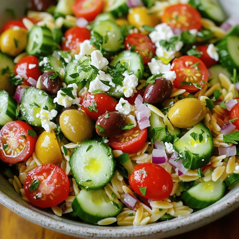 - 1 cup orzo pasta - 1 cup cherry tomatoes, halved - 1 medium cucumber, diced - 1 cup Kalamata olives, pitted and sliced - 1/2 medium red onion, finely chopped - 1/2 cup feta cheese, crumbled - 1/4 cup fresh parsley, finely chopped - 1/4 cup fresh mint, finely chopped - 3 tablespoons extra virgin olive oil - 2 tablespoons fresh lemon juice - Salt and freshly ground black pepper, to taste Orzo pasta is the star of this dish. It adds a nice texture. The cherry tomatoes bring sweetness and color. Cucumber adds a cool crunch. Kalamata olives give a salty depth. Red onion adds a sharp bite. Feta cheese brings creaminess and tang. Fresh herbs like parsley and mint give a bright flavor. Each ingredient plays a role in making this salad fresh and tasty. When making Greek Orzo Salad, always choose fresh produce. Look for ripe cherry tomatoes. They should be bright red and firm. Pick cucumbers that feel crisp and have smooth skin. For herbs, select vibrant parsley and mint. The fresher your ingredients, the better your salad will taste. Fresh ingredients not only enhance flavor but also boost nutrition. Start by boiling water in a large pot. Add salt to the water for flavor. When the water boils, add 1 cup of orzo pasta. Cook the orzo according to the package instructions. It usually takes about 8-10 minutes. You want it to be al dente, not too soft. Once cooked, drain the orzo in a colander. Rinse it under cold water to stop the cooking. This helps cool the pasta quickly. While the orzo cools, prepare the salad mix. Grab a large mixing bowl and add the fresh ingredients. Start with 1 cup of halved cherry tomatoes. Next, add 1 medium diced cucumber. Toss in 1 cup of sliced Kalamata olives. Then, add 1/2 medium finely chopped red onion. Finally, crumble in 1/2 cup of feta cheese. Don't forget to add 1/4 cup each of finely chopped fresh parsley and mint. These herbs add great flavor and freshness. In a small bowl, whisk together the dressing. Combine 3 tablespoons of extra virgin olive oil with 2 tablespoons of fresh lemon juice. Add a pinch of salt and freshly ground black pepper. Whisk it well until the mix is smooth. Once the orzo is cool, add it to the bowl with the salad mix. Drizzle the dressing over everything. Then, sprinkle in the chopped parsley and mint. Toss gently to combine all ingredients. Make sure everything is well mixed and coated in dressing. Taste the salad to see if it needs more flavor. You can add more salt, pepper, or lemon juice if needed. Adjust it until it tastes just right for you. To cook orzo just right, start with a large pot of water. Add a good amount of salt. This helps flavor the pasta. Bring the water to a rolling boil before adding the orzo. Cook it according to the package instructions, usually around 8-10 minutes. You want it al dente, which means it should still have a bit of a bite. Once done, drain the orzo in a colander. Rinse it under cold water. This stops the cooking and cools it down. Fresh herbs can really boost your Greek Orzo Salad. I like to use parsley and mint. They add a bright taste that pairs well with the feta. When chopping herbs, make sure to use a sharp knife. This helps keep the herbs fresh and flavorful. Add them right before serving to keep their color and taste vibrant. If you want to try other herbs, basil or dill also work well. To make your salad look great, serve it in a large, shallow bowl. This gives it a beautiful display. Add a few extra crumbles of feta on top for a pop of white. You can also add some fresh herb leaves as a garnish. A light drizzle of olive oil on top makes it shine. This not only looks nice but also adds extra flavor. A colorful salad is more inviting and makes your meal even more enjoyable. {{image_4}} You can add protein to Greek Orzo Salad to make it heartier. Grilled chicken works well. Simply cube cooked chicken and mix it in. For a plant-based option, try chickpeas. They add texture and protein. Just rinse and drain canned chickpeas before adding them to the salad. Both choices boost flavor and nutrition. While feta cheese is classic, you can try other cheeses. Goat cheese adds a creamy touch. If you prefer a sharper taste, use aged cheddar. Mozzarella is another great choice, offering a mild flavor. Experiment to find your favorite cheese that pairs well with the salad's fresh ingredients. This salad is versatile, allowing you to swap in seasonal veggies. In summer, use bell peppers or zucchini for crunch. In fall, add roasted butternut squash for warmth. Try blanching asparagus in spring for a fresh twist. These changes keep the salad exciting and highlight the best of each season's produce. To store your Greek orzo salad, place it in an airtight container. This keeps the salad fresh. Make sure to cool the salad before sealing it. This helps prevent moisture build-up. You can also separate the dressing and salad for better storage. This way, the salad stays crisp. When prepping this salad, consider making a big batch. It keeps well and is perfect for lunches. Store it in smaller containers for easy grab-and-go meals. You can also prepare the ingredients ahead of time. Just chop the veggies and herbs. Keep them in the fridge until you're ready to mix everything. In the fridge, Greek orzo salad lasts for about 3 to 5 days. However, it tastes best within the first 2 days. The flavors meld together, making each bite delightful. After 5 days, the veggies may lose their crunch. If you notice any off smells or slimy textures, it’s time to toss it. Yes, you can prepare Greek Orzo Salad ahead of time. This makes it great for meal prep or gatherings. Just cook the orzo and mix all the ingredients together. Store it in an airtight container in the fridge. The flavors will blend nicely overnight. However, it's best to add the herbs and dressing right before serving. This keeps the salad fresh and bright. If you need a feta substitute, try crumbled goat cheese or ricotta. These options give a creamy texture and a nice flavor. You can also use dairy-free cheese if you're vegan or lactose intolerant. Just remember, each cheese will change the taste a little. So choose one that fits your needs and taste. No, Greek Orzo Salad is not gluten-free. Orzo is made from wheat, so it contains gluten. If you want a gluten-free version, use gluten-free pasta instead. There are many options available now, like rice or corn pasta. These alternatives work well and keep the dish tasty and fun. This blog post covers all you need for a tasty Greek Orzo Salad. We went through key ingredients, freshness of produce, and cooking tips. You learned how to whip up the salad, dressing, and serve it well. Don't forget variations like adding protein or seasonal veggies for more flavor. Lastly, we reviewed how to store leftovers. Enjoy making this dish! It’s simple, tasty, and perfect for meal prep or sharing with friends.