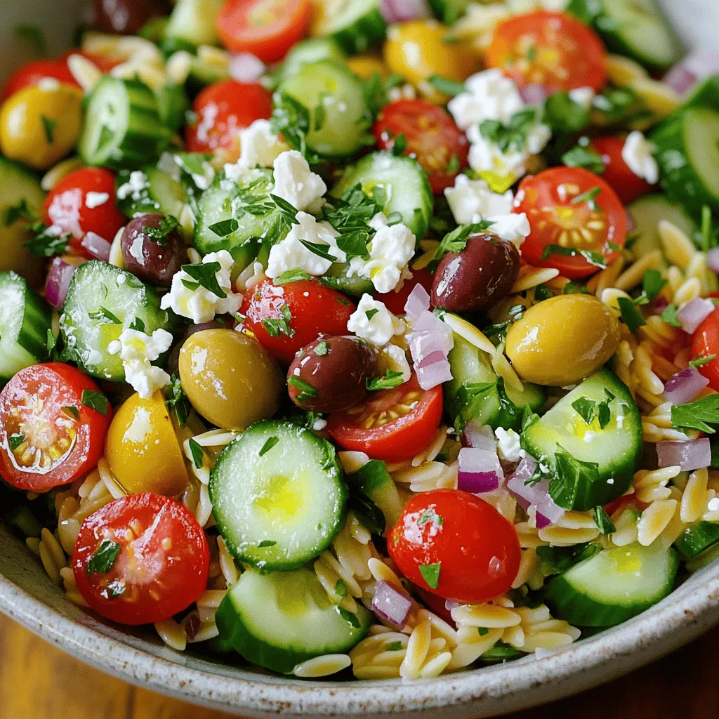 - 1 cup orzo pasta - 1 cup cherry tomatoes, halved - 1 medium cucumber, diced - 1 cup Kalamata olives, pitted and sliced - 1/2 medium red onion, finely chopped - 1/2 cup feta cheese, crumbled - 1/4 cup fresh parsley, finely chopped - 1/4 cup fresh mint, finely chopped - 3 tablespoons extra virgin olive oil - 2 tablespoons fresh lemon juice - Salt and freshly ground black pepper, to taste Orzo pasta is the star of this dish. It adds a nice texture. The cherry tomatoes bring sweetness and color. Cucumber adds a cool crunch. Kalamata olives give a salty depth. Red onion adds a sharp bite. Feta cheese brings creaminess and tang. Fresh herbs like parsley and mint give a bright flavor. Each ingredient plays a role in making this salad fresh and tasty. When making Greek Orzo Salad, always choose fresh produce. Look for ripe cherry tomatoes. They should be bright red and firm. Pick cucumbers that feel crisp and have smooth skin. For herbs, select vibrant parsley and mint. The fresher your ingredients, the better your salad will taste. Fresh ingredients not only enhance flavor but also boost nutrition. Start by boiling water in a large pot. Add salt to the water for flavor. When the water boils, add 1 cup of orzo pasta. Cook the orzo according to the package instructions. It usually takes about 8-10 minutes. You want it to be al dente, not too soft. Once cooked, drain the orzo in a colander. Rinse it under cold water to stop the cooking. This helps cool the pasta quickly. While the orzo cools, prepare the salad mix. Grab a large mixing bowl and add the fresh ingredients. Start with 1 cup of halved cherry tomatoes. Next, add 1 medium diced cucumber. Toss in 1 cup of sliced Kalamata olives. Then, add 1/2 medium finely chopped red onion. Finally, crumble in 1/2 cup of feta cheese. Don't forget to add 1/4 cup each of finely chopped fresh parsley and mint. These herbs add great flavor and freshness. In a small bowl, whisk together the dressing. Combine 3 tablespoons of extra virgin olive oil with 2 tablespoons of fresh lemon juice. Add a pinch of salt and freshly ground black pepper. Whisk it well until the mix is smooth. Once the orzo is cool, add it to the bowl with the salad mix. Drizzle the dressing over everything. Then, sprinkle in the chopped parsley and mint. Toss gently to combine all ingredients. Make sure everything is well mixed and coated in dressing. Taste the salad to see if it needs more flavor. You can add more salt, pepper, or lemon juice if needed. Adjust it until it tastes just right for you. To cook orzo just right, start with a large pot of water. Add a good amount of salt. This helps flavor the pasta. Bring the water to a rolling boil before adding the orzo. Cook it according to the package instructions, usually around 8-10 minutes. You want it al dente, which means it should still have a bit of a bite. Once done, drain the orzo in a colander. Rinse it under cold water. This stops the cooking and cools it down. Fresh herbs can really boost your Greek Orzo Salad. I like to use parsley and mint. They add a bright taste that pairs well with the feta. When chopping herbs, make sure to use a sharp knife. This helps keep the herbs fresh and flavorful. Add them right before serving to keep their color and taste vibrant. If you want to try other herbs, basil or dill also work well. To make your salad look great, serve it in a large, shallow bowl. This gives it a beautiful display. Add a few extra crumbles of feta on top for a pop of white. You can also add some fresh herb leaves as a garnish. A light drizzle of olive oil on top makes it shine. This not only looks nice but also adds extra flavor. A colorful salad is more inviting and makes your meal even more enjoyable. {{image_4}} You can add protein to Greek Orzo Salad to make it heartier. Grilled chicken works well. Simply cube cooked chicken and mix it in. For a plant-based option, try chickpeas. They add texture and protein. Just rinse and drain canned chickpeas before adding them to the salad. Both choices boost flavor and nutrition. While feta cheese is classic, you can try other cheeses. Goat cheese adds a creamy touch. If you prefer a sharper taste, use aged cheddar. Mozzarella is another great choice, offering a mild flavor. Experiment to find your favorite cheese that pairs well with the salad's fresh ingredients. This salad is versatile, allowing you to swap in seasonal veggies. In summer, use bell peppers or zucchini for crunch. In fall, add roasted butternut squash for warmth. Try blanching asparagus in spring for a fresh twist. These changes keep the salad exciting and highlight the best of each season's produce. To store your Greek orzo salad, place it in an airtight container. This keeps the salad fresh. Make sure to cool the salad before sealing it. This helps prevent moisture build-up. You can also separate the dressing and salad for better storage. This way, the salad stays crisp. When prepping this salad, consider making a big batch. It keeps well and is perfect for lunches. Store it in smaller containers for easy grab-and-go meals. You can also prepare the ingredients ahead of time. Just chop the veggies and herbs. Keep them in the fridge until you're ready to mix everything. In the fridge, Greek orzo salad lasts for about 3 to 5 days. However, it tastes best within the first 2 days. The flavors meld together, making each bite delightful. After 5 days, the veggies may lose their crunch. If you notice any off smells or slimy textures, it’s time to toss it. Yes, you can prepare Greek Orzo Salad ahead of time. This makes it great for meal prep or gatherings. Just cook the orzo and mix all the ingredients together. Store it in an airtight container in the fridge. The flavors will blend nicely overnight. However, it's best to add the herbs and dressing right before serving. This keeps the salad fresh and bright. If you need a feta substitute, try crumbled goat cheese or ricotta. These options give a creamy texture and a nice flavor. You can also use dairy-free cheese if you're vegan or lactose intolerant. Just remember, each cheese will change the taste a little. So choose one that fits your needs and taste. No, Greek Orzo Salad is not gluten-free. Orzo is made from wheat, so it contains gluten. If you want a gluten-free version, use gluten-free pasta instead. There are many options available now, like rice or corn pasta. These alternatives work well and keep the dish tasty and fun. This blog post covers all you need for a tasty Greek Orzo Salad. We went through key ingredients, freshness of produce, and cooking tips. You learned how to whip up the salad, dressing, and serve it well. Don't forget variations like adding protein or seasonal veggies for more flavor. Lastly, we reviewed how to store leftovers. Enjoy making this dish! It’s simple, tasty, and perfect for meal prep or sharing with friends.