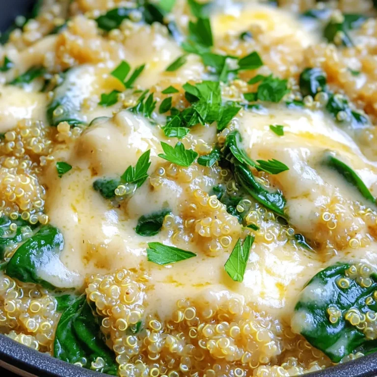 To make One-Pot Creamy Garlic Parmesan Quinoa, gather the following ingredients: - 1 cup quinoa, rinsed thoroughly - 2 tablespoons extra-virgin olive oil - 4 cloves garlic, finely minced - 1 small onion, diced - 4 cups vegetable broth (homemade or low-sodium) - 1 cup heavy cream (or coconut cream for a dairy-free option) - 1 cup finely grated Parmesan cheese (or nutritional yeast for a vegan alternative) - 1 cup fresh spinach leaves, roughly chopped - Salt and freshly ground black pepper, to taste - Fresh parsley, chopped, for garnish These ingredients work together to create a rich and creamy dish. Quinoa serves as a great base. It is packed with protein and fiber. The garlic and onion add a strong flavor. They work well with the creamy texture from the heavy cream and cheese. You can also use coconut cream for a lighter, dairy-free option. This recipe is versatile. You can switch out the cheese for nutritional yeast if you prefer a vegan dish. Don't forget the fresh spinach! It adds color and nutrients. The parsley on top gives a nice touch to the presentation. With these ingredients, you will create a meal that is both tasty and fulfilling. 1. Heating oil and sautéing garlic and onion Start by heating two tablespoons of extra-virgin olive oil in a large pot over medium heat. When the oil shimmers, add four cloves of finely minced garlic and one small diced onion. Sauté for about three to four minutes. You want the onion to turn translucent and the garlic to smell amazing. 2. Toasting quinoa with aromatics Next, add one cup of rinsed quinoa to the pot. Stir it well to mix with the garlic and onion. Toast the quinoa for about one minute. This step brings out its nutty flavor, making the dish even better. 3. Adding broth and cooking quinoa Carefully pour in four cups of vegetable broth. Stir everything together. Then, raise the heat to bring it to a boil. Once boiling, reduce the heat to a gentle simmer and cover the pot. Cook for about 15 minutes, or until the quinoa is fluffy and has absorbed most of the liquid. 1. Incorporating cream, cheese, and spinach After the quinoa cooks, it’s time to add in one cup of heavy cream, one cup of grated Parmesan cheese, and one cup of roughly chopped fresh spinach. Stir well until the spinach wilts and the cheese melts, creating a rich and creamy sauce. 2. Adjusting seasoning to taste Season your dish with salt and freshly ground black pepper to taste. Cook for an additional two to three minutes. This ensures everything is warm and well combined. 3. Allowing dish to rest before serving Remove the pot from heat and let it sit covered for a couple of minutes. This helps the dish thicken slightly, making it even creamier. Serve warm, topped with chopped fresh parsley for a bright finish. How to properly rinse quinoa: Start with a fine mesh strainer. Rinse quinoa under cold water for about 2 minutes. This removes the bitter coating called saponin. Make sure to shake the strainer well to remove excess water. Best ways to enhance flavor without extra ingredients: Use vegetable broth instead of water. This adds depth without adding calories. Toast the quinoa in olive oil with garlic and onion. This step builds a strong flavor base. A sprinkle of salt while cooking can also boost taste. Recommendations for refrigerating leftovers: Store leftovers in an airtight container. It keeps the dish fresh for up to 4 days. Make sure the dish cools to room temperature before sealing. This prevents moisture build-up, which can spoil your meal. Reheating tips for maintaining creaminess: Reheat on the stove over low heat. Add a splash of water or broth to restore creaminess. Stir often to prevent sticking. You can also use a microwave, but cover the dish to keep moisture in. {{image_4}} For those looking to switch things up, this dish can easily fit your needs. You can make it dairy-free by using coconut cream instead of heavy cream. Coconut cream gives it a nice creaminess without the dairy. For a cheesy flavor without the cheese, replace Parmesan with nutritional yeast. It adds a nutty taste that complements the dish well. If you follow a vegetarian or vegan diet, the modifications are simple. Just use vegetable broth, coconut cream, and nutritional yeast, and you’re good to go. This way, everyone can enjoy a bowl of this creamy goodness! Want to take your One-Pot Creamy Garlic Parmesan Quinoa to the next level? Add your favorite herbs and spices! Fresh basil or thyme can add a burst of flavor. A pinch of red pepper flakes can give it a little kick too. You can also use seasonal vegetables for a fresh twist. In spring, add asparagus or peas. In fall, try roasted pumpkin or butternut squash. These veggies don't just add color; they also boost the nutrition in your meal. Feel free to experiment and find your favorite combinations! Each serving of One-Pot Creamy Garlic Parmesan Quinoa contains about 500 calories. This dish is rich in flavor and nutrients. - Carbohydrates: Approximately 60 grams - Fat: About 25 grams - Protein: Roughly 15 grams Quinoa is a whole grain, so it provides a good source of carbs. The olive oil and cream add healthy fats. The parmesan cheese boosts the protein content, making this meal both filling and nourishing. Quinoa is a superfood. It is high in protein and fiber. This grain helps keep you full longer. Spinach is packed with vitamins A and C. It also contains iron, which is great for your blood. Using olive oil gives you heart-healthy fats. These fats help with nutrient absorption. Heavy cream adds richness and flavor. If you use coconut cream, you still get a creamy texture with added health benefits. Incorporating these ingredients makes your meal not only tasty but also nutritious. Enjoy the flavors while fueling your body with good food! Can I use a different grain instead of quinoa? Yes, you can use other grains. Try rice, farro, or barley. Each grain has its own cooking time. Adjust the liquid and time based on the grain you choose. Quinoa cooks fast and has a nice nutty taste. Other grains will change the dish’s texture and flavor. How do I make this dish gluten-free? This dish is already gluten-free when you use vegetable broth. Always check labels on broth and cheese for hidden gluten. If you want a vegan version, use coconut cream and nutritional yeast instead of heavy cream and Parmesan. How long will leftovers last in the fridge? Leftovers can last up to four days in the fridge. Store in an airtight container to keep it fresh. When you're ready to eat, reheat on the stove or in the microwave. Stir well to make sure it warms evenly. Can I freeze this dish? Yes, you can freeze it! Place servings in a freezer-safe container. It will stay good for up to three months. To thaw, move it to the fridge overnight. Reheat slowly on the stove, adding a splash of broth or cream to restore creaminess. This blog post covered a delicious quinoa dish that is simple to prepare. We walked through the key ingredients, including quinoa and spinach, and discussed easy steps to cook it. I shared useful tips for flavor and storage. You can also modify the recipe for different diets or add seasonal flavors. In the end, this dish is nutritious and satisfying. Enjoy making it your own!