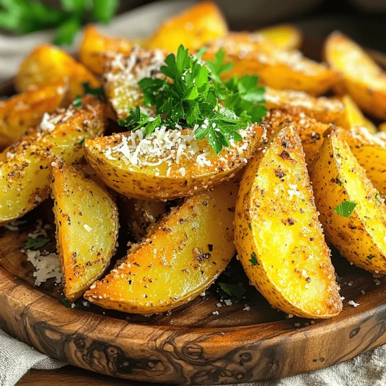 - 4 medium russet potatoes, scrubbed and cut into wedges - 3 tablespoons extra virgin olive oil - 4 cloves garlic, finely minced - 1 teaspoon onion powder - 1 teaspoon dried oregano - 1 teaspoon sweet paprika - ½ cup freshly grated Parmesan cheese - Sea salt and freshly cracked black pepper, to taste - Fresh parsley, finely chopped, for garnish You can switch out russet potatoes for Yukon Gold potatoes. They are sweeter and creamy. For a lighter option, use olive oil spray instead of extra virgin olive oil. If you lack fresh garlic, garlic powder works too. Use 1 teaspoon in place of fresh garlic. When choosing potatoes, look for firm ones without any soft spots. Avoid potatoes with green patches, as they can taste bitter. To get the best flavor, choose medium-sized potatoes. They cook evenly and create a fantastic texture. Always scrub the potatoes well before cutting. This removes dirt and keeps the skin nice and crisp. First, set your air fryer to 400°F (200°C). Preheat it for about 5 minutes. This step gets the fryer hot. A hot air fryer helps the potato wedges cook evenly and become crispy. While your air fryer heats, wash and cut 4 medium russet potatoes into wedges. Place the wedges in a big mixing bowl. Add 3 tablespoons of extra virgin olive oil. Toss the wedges to coat them well. Next, add 4 minced garlic cloves, 1 teaspoon of onion powder, 1 teaspoon of dried oregano, and 1 teaspoon of sweet paprika. Sprinkle in sea salt and cracked black pepper for taste. Mix everything well. Finally, gently add ½ cup of freshly grated Parmesan cheese. Toss again to ensure the cheese sticks to every wedge. Carefully place the potato wedges in the air fryer basket. Make sure they are in a single layer. Avoid stacking them to keep them crispy. Air fry for 15 to 20 minutes. Shake the basket halfway through for even cooking. Watch for a golden brown color and softness inside. Once done, take them out and place them on a serving platter. Garnish with finely chopped fresh parsley for a nice touch. Enjoy your crispy garlic Parmesan potato wedges! To get your potato wedges extra crispy, follow these steps: - Cut wedges evenly: Aim for uniform sizes. This helps them cook evenly. - Soak before cooking: Soak the cut wedges in water for at least 30 minutes. This removes some starch and makes them crispier. - Dry thoroughly: After soaking, pat the wedges dry with a towel. Moisture can prevent crispiness. - Don’t overcrowd: Arrange the wedges in a single layer in the air fryer. If they are too close, they will steam instead of crisp. Feel free to mix up the flavors! Here are some fun ideas: - Spicy twist: Add cayenne pepper or chili powder for heat. - Herb blends: Try fresh or dried herbs like thyme, rosemary, or basil for a fresh taste. - Cheesy delight: Mix in cheddar cheese or feta for a different cheese profile. - Zesty flavor: Add lemon zest or a splash of lemon juice to brighten the dish. These wedges are perfect as a snack or side dish. Here are some ideas to enjoy them: - Dipping sauces: Serve with marinara sauce, ranch, or garlic aioli for added flavor. - Topping options: Top them with crumbled bacon and green onions for a loaded snack. - Pairing: Serve alongside grilled chicken, burgers, or a fresh salad for a complete meal. - Garnish: A sprinkle of fresh parsley not only adds color but also freshness to each bite. {{image_4}} If you like heat, add some spice! Mix in cayenne pepper or crushed red pepper flakes. Start with half a teaspoon and adjust to your taste. This kick adds depth to the garlic and cheese. The result is a bold flavor you will love! For a fresh twist, try adding herbs. Mix in fresh rosemary or thyme with the other spices. You can also use dried herbs if fresh are not available. The herbs give the wedges a fragrant aroma. Each bite will taste like a garden party! Want more cheese? Try using a blend of cheeses! Mix Parmesan with cheddar or mozzarella. Go for half a cup of each. The more cheese, the richer the flavor. This variation makes the wedges extra gooey and delicious. Perfect for cheese lovers! After enjoying your Air Fryer Garlic Parmesan Potato Wedges, you may have some left. To store them, let the wedges cool down first. Place them in an airtight container. They can last in the fridge for up to 3 days. Make sure to separate layers with parchment paper to keep them from sticking. To bring back the crispiness when reheating, use the air fryer again. Preheat it to 350°F (175°C). Place the wedges in a single layer and heat for about 5 to 7 minutes. This method keeps them crisp and warm. You can also use the oven. Set it to 375°F (190°C) and bake for 10 minutes. If you want to freeze the wedges, do this right after cooking. Let them cool completely. Then, spread them on a baking sheet in a single layer. Freeze for about 1 hour until firm. After that, transfer them to a freezer bag and remove as much air as possible. They will stay good for about 2 months. When ready to eat, you can air fry them straight from the freezer. Just increase the cooking time by a few minutes. To make your potato wedges crispy, start by preheating your air fryer to 400°F (200°C). This step warms up the air fryer, leading to a perfect crunch. Make sure to coat the wedges evenly in olive oil and spices. This helps them crisp up nicely. While cooking, don’t overcrowd the basket. Give each wedge space for hot air to circulate. Shake the basket halfway through cooking to ensure even browning. Cook them until they are golden brown and tender inside. Yes, you can use different cheeses! Parmesan adds a great flavor, but you can try others. Cheddar gives a sharp taste. Mozzarella melts well and offers a gooey texture. For a spicy kick, pepper jack cheese works great too. Just remember to adjust the amount based on the cheese's flavor strength. You can store the potato wedges in the fridge for up to three days. Place them in an airtight container to keep them fresh. For longer storage, freeze them. They can last for up to three months in the freezer. To reheat, use an air fryer or oven for best results. This keeps them crispy and tasty. We explored the key ingredients for tasty air fryer potato wedges, along with tips for picking the best potatoes. You learned to preheat your air fryer and prepare your wedges for perfect crispiness. We discussed fun seasoning options and yummy variations you can try. Proper storage and reheating methods keep your leftovers fresh. In summary, these tips ensure your potato wedges are always a hit. Enjoy experimenting in your kitchen!