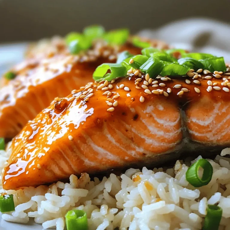 To create the best Crispy Sesame Ginger Salmon, gather these fresh ingredients: - 4 salmon fillets (approximately 6 oz each) - 2 tablespoons sesame oil - 2 tablespoons fresh ginger, finely grated - 3 cloves garlic, minced - 3 tablespoons low-sodium soy sauce - 2 tablespoons honey - 1 tablespoon rice vinegar - 1 tablespoon sesame seeds - Salt and pepper to taste - 2 green onions, sliced (for garnish) - Cooked jasmine rice (for serving) These ingredients work together to give the salmon a rich, bold flavor. The sesame oil adds depth, while ginger and garlic bring a fresh kick. The honey balances everything with a touch of sweetness. Low-sodium soy sauce adds umami without too much salt. For garnish, green onions add color and a mild onion taste. Serving it over fluffy jasmine rice makes the dish a complete meal. Enjoy this delightful combination for a flavorful dinner! First, grab a small mixing bowl. Add 2 tablespoons of sesame oil. Next, add 2 tablespoons of finely grated fresh ginger. Then, toss in 3 minced garlic cloves. Pour in 3 tablespoons of low-sodium soy sauce. Now, mix in 2 tablespoons of honey and 1 tablespoon of rice vinegar. Whisk this all together until smooth. This marinade is key for flavor. Now, take 4 salmon fillets. Place them in a shallow dish, spaced out evenly. Pour half of your marinade over the fillets. Make sure they are fully coated. Cover the dish with plastic wrap. Refrigerate for at least 30 minutes. This helps the flavors sink deep into the fish. Save the other half of the marinade for later. After marinating, take the salmon out of the fridge. Heat a non-stick skillet over medium-high heat. Remove the salmon from the marinade, shaking off extra liquid. Season both sides with salt and pepper. Place the fillets skin-side down in the hot skillet. Sear for about 4-5 minutes. You want the skin to be crispy and golden brown. Now, carefully flip the fillets using a spatula. Pour the reserved marinade over the salmon fillets. Cover the skillet with a lid. Let the salmon cook for another 3-4 minutes. It should become opaque and flake easily with a fork. This step ensures your salmon is cooked perfectly. Once the salmon is done cooking, sprinkle sesame seeds on top. Let them toast in the skillet for about a minute. This adds a nice nutty flavor and crunch to the dish. To serve, place each salmon fillet on a bed of fluffy jasmine rice. Drizzle any leftover sauce from the skillet over the top. Finish with fresh sliced green onions for a pop of color. This dish looks as good as it tastes! To make the best marinade, use fresh ginger and garlic. These flavors stand out. Mix sesame oil, soy sauce, honey, and rice vinegar well. This balance of sweet and savory is key. Marinate the salmon for at least 30 minutes. This time helps the fish absorb all the tasty goodness. If you want more flavor, try marinating longer but not more than two hours. Crispy skin makes the salmon shine. Start with a hot skillet. Place the salmon skin-side down in the pan. Do not move it too much; let it cook. This helps the skin become crisp and golden. Season with salt and pepper before cooking. Flip the fillet carefully after 4-5 minutes. Pour the reserved marinade over the fish to keep it moist while cooking. Pair your crispy salmon with fluffy jasmine rice. This rice soaks up the extra sauce nicely. You can also serve it with steamed broccoli or sautéed green beans. These sides add color and nutrients to your meal. For a fresh touch, sprinkle sliced green onions on top. Enjoy this dish with family or friends; it’s sure to impress! {{image_4}} You can swap salmon for other proteins. Try using chicken breasts or tofu. Both options work well with the same marinade. Chicken gives a nice flavor, while tofu absorbs all the tasty spices. Always adjust cooking times based on the protein you choose. The marinade has great flavor, but you can mix it up. Use lime juice instead of rice vinegar for a zesty kick. You can also add orange juice for a sweeter twist. If you want a spicy kick, try adding red pepper flakes or sriracha. These small changes can create a whole new dish. Garnishes make your dish look great and add flavor. In place of green onions, use fresh cilantro or basil for a fresh taste. Chopped nuts, like peanuts or cashews, can give a nice crunch. A sprinkle of chili flakes can also add some heat. Choose garnishes that match your flavor profile. Store any leftover crispy sesame ginger salmon in an airtight container. Keep it in the fridge for up to three days. Always let the salmon cool down before sealing it. This helps keep the fish fresh and safe to eat. If you plan to eat it later, try to consume it within this time frame to enjoy the best flavor. If you want to freeze the salmon, wrap each fillet tightly in plastic wrap. Place them in a freezer-safe bag or container. Remove as much air as possible to prevent freezer burn. You can freeze the salmon for up to three months. When ready to eat, thaw it in the fridge overnight for best results. To reheat, place the salmon in a preheated oven at 350°F (175°C). Heat for about 10-15 minutes, or until it is warmed through. You can also use a microwave, but be careful not to overcook it. Heat in short bursts until just warm. Enjoy it on fresh jasmine rice or with a side of veggies for a quick meal! You should marinate the salmon for at least 30 minutes. This lets the flavors soak in. For a stronger taste, you can marinate it for up to 2 hours. Just remember to keep it in the fridge while it marinates. Yes, you can use frozen salmon fillets. Just make sure to thaw them first. The best way is to leave them in the fridge overnight. If you’re in a hurry, you can put them in a sealed bag and run cold water over them for quicker thawing. Crispy Sesame Ginger Salmon goes well with many sides. Here are some great options: - Cooked jasmine rice - Steamed broccoli - Roasted asparagus - Sautéed spinach - A fresh cucumber salad These sides add color and flavor to your meal. Yes, this recipe is perfect for meal prep. You can cook the salmon in advance and store it in the fridge. Just keep the salmon in a sealed container. It will stay fresh for up to three days. You can reheat it in the microwave or eat it cold. Pair it with rice or veggies for a quick meal. This blog showed you how to make Crispy Sesame Ginger Salmon. I shared a list of fresh ingredients, easy steps, and helpful tips to make it just right. You learned about storing and reheating, along with some fun variations. Cooking can be simple and tasty. With this recipe, you can impress anyone. So grab your ingredients and enjoy making this dish! Happy cooking!