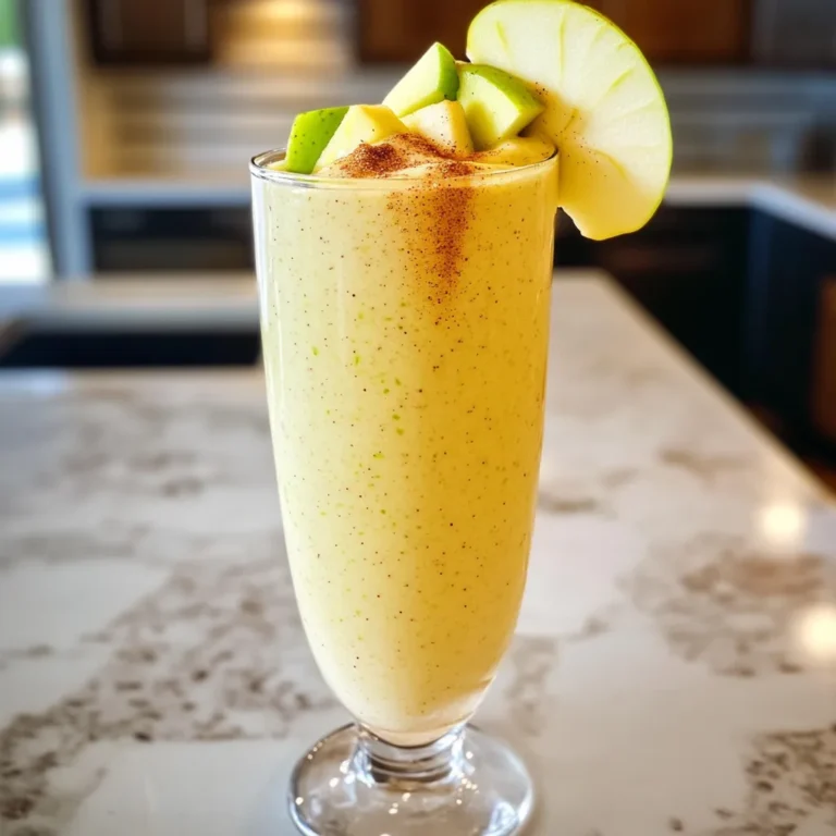 - 1 medium Granny Smith or Fuji apple - 1 ripe banana, pre-frozen - 1 cup unsweetened almond milk - 1/2 teaspoon ground cinnamon - 1/4 teaspoon freshly grated nutmeg - 1 tablespoon pure maple syrup - 1/4 cup rolled oats - 1 tablespoon almond butter - 1/2 teaspoon pure vanilla extract - Ice cubes (optional) For this Apple Pie Smoothie, I love using a Granny Smith or Fuji apple. These apples give a great tartness that balances the sweetness. The ripe banana adds creaminess and natural sweetness. You can use any milk you like, but I find unsweetened almond milk works best. Ground cinnamon and nutmeg add warmth, reminding us of fresh apple pie. Maple syrup sweetens it up, but you can adjust it to your taste. Rolled oats give it a smooth texture and keep you full. Almond butter adds protein and a nutty flavor, while vanilla extract rounds out the taste. If you want a thicker smoothie, toss in some ice cubes. You can make this smoothie in just ten minutes! - First, core and chop the apple into small pieces. This helps it blend easier. - Make sure your banana is fully frozen. A frozen banana gives a creamy texture. - In a high-speed blender, combine the chopped apple and frozen banana. - Add in the almond milk, ground cinnamon, nutmeg, maple syrup, rolled oats, almond butter, and vanilla extract. - Blend until you get a smooth and creamy mixture. Stop to scrape the sides if needed. - If you want a thicker smoothie, add a handful of ice cubes. Blend again until smooth. - Taste your smoothie. If you want it sweeter, stir in more maple syrup until it's just right. - Alternatives for almond milk: If you can't find almond milk, use oat milk or coconut milk. Both options add a nice flavor. - Nut butter options: Almond butter works great, but peanut butter is also tasty. You can even try cashew butter for a fun twist. - Adding protein powder: Boost your smoothie with a scoop of protein powder. It makes the drink more filling and nutritious. - Low-sugar options for sweetness: To reduce sugar, use less maple syrup. You can also add ripe bananas, which are naturally sweet. - Garnishing tips: Sprinkle some cinnamon on top for extra flavor. Thin apple slices look lovely and fresh. - Serving suggestions: Pour your smoothie into a tall glass or a bowl. This makes it look fancy and inviting. You can add a dollop of yogurt for creaminess. {{image_4}} You can make the apple pie smoothie even better. Try adding other fruits like pears or peaches. These fruits add a sweet and juicy twist. You can also spice things up with ginger. A small amount of fresh ginger gives a nice kick and warmth. For added texture, consider including chia seeds or flaxseeds. These seeds are healthy and give a nice crunch. You can also use different types of oats. Steel-cut oats will make it thicker, while instant oats add creaminess. Change the smoothie with the seasons. In fall, add pumpkin spice for a cozy flavor. This makes the smoothie taste like autumn. In summer, use tropical fruits like mango or pineapple. This gives it a refreshing and bright taste. To store your Apple Pie Smoothie in the fridge, pour it into a clean jar. Seal it tightly to keep out air. This helps it stay fresh. You can store it for up to 24 hours. Before serving, give it a good shake. This will mix the ingredients again. The smoothie might separate, but that is normal. You can freeze your smoothie for later use. Use freezer-safe jars or bags to avoid spills. Leave some space at the top of the container. This allows for expansion as it freezes. The best time to thaw is overnight in the fridge. You can keep it frozen for up to three months. To defrost, take the smoothie out of the freezer. Place it in the fridge overnight. When ready to enjoy, blend it again. This brings back its creamy texture. If it’s too thick after thawing, add a splash of almond milk and blend again. An Apple Pie Smoothie is a tasty drink that tastes like dessert. It combines apples, bananas, oats, and spices. You get a sweet and spicy flavor from cinnamon and nutmeg. The oats make it creamy and filling. This smoothie is a delightful way to enjoy the flavors of apple pie without baking. Yes, you can make this smoothie vegan! Use almond milk or any other plant-based milk. For the nut butter, choose almond or peanut butter that is dairy-free. You can also skip the maple syrup or use a vegan sweetener. This way, you keep all the flavors while sticking to a vegan diet. You can make your smoothie sweet without using sugar. Use ripe bananas for natural sweetness. Another option is to add more apples. They are sweet when ripe. You can also use stevia or other natural sweeteners. These options keep the smoothie healthy and tasty. This smoothie can be a meal replacement. It has fruits, oats, and nut butter, which provide energy and nutrients. The oats give you fiber, and the nut butter adds healthy fats. Together, these ingredients make the smoothie filling. However, check your hunger level to decide if you need more food. This blog shared a simple and tasty apple pie smoothie recipe. You learned about key ingredients, how to blend them, and tips for healthier options. I provided variations to keep it fresh, plus storage tips to save your leftovers. Smoothies are fun to make and a great way to stay healthy. Enjoy creating your own flavors and find what works best for you. With a little effort, you can have a delicious treat every day!