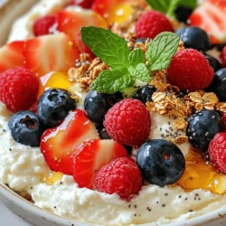 - 1 cup of cottage cheese - 1 tablespoon of honey or maple syrup - 1/2 cup of mixed berries Cottage cheese is the star here. It has protein and creaminess. You can choose honey or maple syrup to add sweetness. The mixed berries bring color and flavor. I like to use strawberries, blueberries, and raspberries for a mix. - Chia seeds - Nuts (almonds or walnuts) - Granola You can boost nutrition with chia seeds or nuts like almonds or walnuts. Granola adds a nice crunch. Each add-in makes your bowl even better. - Fresh mint leaves Fresh mint leaves give a pop of color. They also add a refreshing hint. This garnish makes your bowl look and taste great. Start by mixing the cottage cheese, sweetener, and vanilla in a bowl. Use one cup of cottage cheese, one tablespoon of honey or maple syrup, and one teaspoon of pure vanilla extract. This blend creates a sweet and creamy base. Next, whip the mixture using a hand mixer or blender. Set it on medium speed for one to two minutes. Your goal is a smooth and creamy texture. The cottage cheese will transform into a delightful whipped spread. Now it’s time to assemble the berry bowl. Choose a serving bowl that shows off the colors well. Spoon the whipped cottage cheese into the bowl. Spread it evenly to form a smooth base layer. Then, arrange your mixed berries on top. Use half a cup of mixed berries like strawberries, blueberries, and raspberries. Make it colorful and fun! This adds freshness and a burst of flavor. Sprinkle a quarter cup of granola over the berries. This adds crunch and texture to each bite. The granola pairs perfectly with the creamy cottage cheese and juicy berries. For extra nutrition, consider adding chia seeds or chopped nuts on top of the granola. Almonds or walnuts work well. They give more flavor and a nice bite. Finally, garnish your bowl with fresh mint leaves. This adds a pop of color and a refreshing touch to your snack. Your whipped cottage cheese berry bowl is now ready to enjoy! To get the best texture, start with cold cottage cheese. This helps it whip up nicely. Use a hand mixer for a smooth finish. Mix on medium speed for 1-2 minutes. Stop when you see a creamy, fluffy consistency. If you want a lighter texture, whip longer. Clear glass bowls are my favorite. They show off the colorful layers. You can also use small jars for a fun look. For garnishing, fresh mint leaves add a pop of color. You can place them on top or beside the bowl. Consider adding extra berries on top for a brighter look. Cottage cheese is low in fat and high in protein. It helps build muscles and keeps you full. Each cup has about 25 grams of protein. Berries are also great. They're rich in vitamins and antioxidants. They add natural sweetness without extra sugar. Nuts like almonds or walnuts provide healthy fats and crunch. They boost heart health and keep you energized. {{image_4}} You can switch up the sweetener in your whipped cottage cheese bowl. If you want a lighter option, try agave syrup or stevia. Both sweeteners add flavor without the extra calories. You can also go sugar-free by using these alternatives. This way, you can enjoy a guilt-free treat that still tastes great. Mixing berries can change the taste of your bowl. Use seasonal berries like strawberries, blueberries, and raspberries for a fresh twist. You can also get creative with exotic fruits. Try mango, kiwi, or even dragon fruit for a fun flavor. Each fruit brings its own taste, making your bowl special. Adding spices to your bowl is a fun way to experiment. A sprinkle of cinnamon or nutmeg can enhance the flavor of the whipped cottage cheese. You can also infuse it with citrus zest. Lemon or orange zest adds a bright kick. These simple additions can turn a basic dish into something exciting and new. To store your whipped cottage cheese berry bowl, use an airtight container. Place it in the fridge for best results. It will stay fresh for up to three days. After that, the texture may change, and it might lose flavor. You don’t need to reheat whipped cottage cheese. It tastes best when cold. If you prefer a warm snack, gently heat the cottage cheese before whipping. Avoid overheating, as it can change the texture. You can use leftover whipped cottage cheese in many ways. Mix it into smoothies for extra creaminess. Spread it on toast for a quick snack. You can also fold it into baked goods like muffins for added moisture. The options are endless! To whip cottage cheese well, start with fresh cheese. Use a medium bowl. Add your cottage cheese, honey or maple syrup, and vanilla extract into the bowl. I like using a hand mixer, but a blender works too. Whip the mixture on medium speed for 1-2 minutes. This helps create a creamy and smooth texture. For best results, let the cottage cheese sit at room temperature for about 10 minutes before whipping. This small step helps it whip better. Yes, you can make this bowl ahead of time! Prepare the whipped cottage cheese and store it in an airtight container. It stays fresh in the fridge for up to two days. Just add the toppings when you're ready to eat. This keeps the granola crunchy and the berries fresh. If you want to prep the berries, wash and slice them ahead of time. Store them separately to avoid sogginess. You can get creative with toppings! Here are some popular ideas: - Sliced bananas for sweetness - Shredded coconut for a tropical vibe - Dark chocolate chips for a treat - Other fruits like peaches or kiwi - Seeds such as sunflower seeds for crunch Feel free to mix and match your favorite toppings. This makes each bowl special! This blog post detailed a simple and tasty whipped cottage cheese berry bowl. You learned about key ingredients like cottage cheese, berries, and sweeteners. I shared tips on mixing, assembling, and garnishing your dish for great texture and looks. We explored alternative options and ways to store your leftovers. Try making this dish your own. Adjust flavors, use different fruits, and enjoy the benefits. This recipe not only tastes good but also supports a healthy diet. Enjoy creating and savoring your berry bowl!
