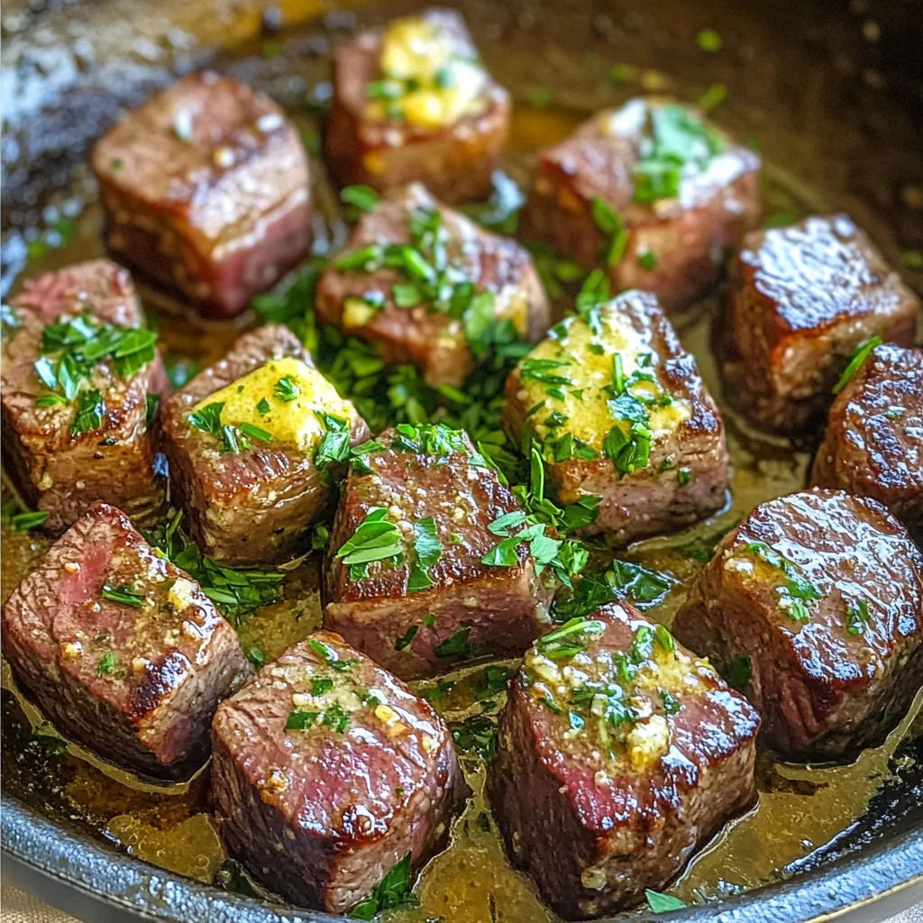 - 1 lb sirloin steak, cut into 1-inch cubes - 4 tablespoons unsalted butter - 3 cloves garlic, finely minced - 2 teaspoons fresh rosemary, finely chopped - 2 teaspoons fresh thyme, finely chopped - Salt and freshly ground black pepper, to taste - 1 tablespoon unsalted olive oil - Fresh parsley, finely chopped (for garnish) The ingredients for Garlic Herb Butter Steak Bites are simple yet packed with flavor. The star of this dish is the sirloin steak. I love sirloin because it is tender and juicy. Cutting the steak into 1-inch cubes ensures they cook evenly. Next, we have unsalted butter. This ingredient adds richness and a smooth texture. Garlic is a must for this recipe. Mince it finely to release all its tasty oils. Herbs elevate the dish. Fresh rosemary and thyme add depth to the flavor. Don't forget salt and pepper. These basic seasonings bring everything together. Finally, we need olive oil for cooking and fresh parsley for garnish. The parsley not only adds color but also gives a fresh touch. With these ingredients, you will create a dish that delights your taste buds. Begin by patting dry the steak cubes with a paper towel. This step helps to remove excess moisture. It ensures a nice crust when cooking. Next, season the steak cubes with salt and freshly ground black pepper. Make sure to coat all sides evenly. This seasoning enhances the natural flavors of the beef. Heat the olive oil in a large skillet over medium-high heat. You want the oil to shimmer before adding the steak. Carefully place the seasoned steak cubes in the skillet. Avoid overcrowding the pan; this helps them cook evenly. Cook the cubes for about 2-3 minutes on one side. You want a rich brown crust to form. Then, flip the cubes and cook for another 2-3 minutes. Aim for your preferred level of doneness, but medium-rare is often best. Once cooked, transfer the steak bites to a plate and set aside. Lower the heat to medium in the same skillet. Add the unsalted butter and let it melt completely. Once melted and bubbly, add the minced garlic. Stir in the finely chopped rosemary and thyme. Keep stirring for about 1-2 minutes. You want the garlic to become fragrant but not browned, as it can taste bitter. This mixture will create a rich, aromatic butter for your steak bites. To get steak bites cooked just right, aim for medium-rare. Cook the steak cubes for 2-3 minutes on one side. This forms a nice crust. Flip them and cook for another 2-3 minutes. Use a meat thermometer if you want. Medium-rare is around 130°F (54°C). Avoid overcrowding the skillet. If you add too many pieces at once, they won't cook evenly. Cook in batches if needed. This keeps the heat high and ensures a good sear. Feel free to experiment with herbs. You can try basil or oregano in place of rosemary or thyme. Each herb gives a different taste. Mix and match until you find your favorite combo. Adjust the garlic levels based on your taste. If you love garlic, add an extra clove. If you prefer a milder flavor, cut back a bit. You control the flavor here, so have fun! Garnish your steak bites with fresh parsley. This adds color and a burst of flavor. A sprinkle on top makes your dish look professional. For serving, place them on a platter with a side salad or roasted vegetables. This makes a complete meal. You can also serve them as an appetizer with toothpicks. It’s a great way to share with friends. {{image_4}} You can use different cuts of steak in this recipe. Ribeye and tenderloin are great choices. They both bring rich flavors and tenderness. Just remember, each cut cooks a bit differently. - Ribeye: This cut has more fat, giving it a juicy taste. Cook it for about 2-4 minutes on each side for medium-rare. - Tenderloin: This cut is very tender but lean. It cooks quickly. Aim for 2-3 minutes on each side. Adjust your cooking time based on the thickness of the steak cubes. A thicker cube needs more time, while a thinner one cooks faster. You can easily change the flavors in your steak bites. Adding red pepper flakes gives a nice kick. This spice pairs well with garlic and herbs. Just sprinkle in a pinch when you cook the garlic herb butter. You can also play with oils for a unique taste. Olive oil is great, but you can try avocado oil or even sesame oil. Each oil brings its own flavor to the dish, making it fun to experiment. Consider how you want to serve these steak bites. They make a great appetizer. Just put them on toothpicks for easy eating. If you want a main course, serve them with sides. Roasted vegetables, a fresh salad, or mashed potatoes work well. Pair your meal with a nice red wine or a cold beer. This makes your dining experience even better. After enjoying your Garlic Herb Butter Steak Bites, let them cool before storing. Place the bites in a container with a tight lid. This keeps them fresh and tasty. You can store them in the fridge for up to three days. Make sure to use them within that time for the best flavor. To reheat your steak bites, use a skillet over low heat. This method warms them gently. It keeps the steak juicy and full of flavor. Avoid using high heat. High heat may cook the steak more and make it tough. Stir them occasionally to heat evenly. If you want to save steak bites for later, freezing is a great option. Place the cooled bites in a freezer-safe bag. Remove as much air as possible before sealing. They can stay in the freezer for up to three months. When you’re ready to eat, thaw them in the fridge overnight. Reheat them in a skillet for the best taste. To check doneness without a thermometer, look for color and texture. A good rule is to press the steak with your finger. If it feels soft and yields easily, it’s rare. If it’s firm but still has some give, it’s medium-rare. For medium, it should feel firm. You can also cut one bite in half to check the inside color. Yes, you can use frozen steak. For best results, thaw it overnight in the fridge. If you’re short on time, place the steak in a sealed bag and submerge it in cold water for about an hour. Once thawed, pat the steak dry before seasoning and cooking. This helps achieve a nice crust. These steak bites go well with many sides. Here are some popular choices: - Mashed potatoes - Roasted vegetables - Garlic bread - A fresh garden salad - Rice pilaf These sides will complement the rich flavors of the steak bites nicely. You now have a clear guide to making Garlic Herb Butter Steak Bites. Start with quality ingredients and follow the steps for delicious results. Pay attention to cooking times and seasonings to get your steak bites just right. Remember, presentation matters as well; garnish and serve with your favorite sides. Enjoy experimenting with flavors and techniques to make this dish your own. Happy cooking!