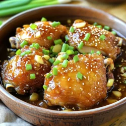 For this dish, you will need: - 4 bone-in, skin-on chicken thighs These chicken thighs add great flavor and moisture as they cook. The bone keeps the meat juicy, while the skin crisps up nicely. To make the tasty sauce, gather these items: - 1/2 cup honey - 1/4 cup soy sauce - 4 cloves garlic, minced - 1 tablespoon fresh ginger, grated - 1 teaspoon sesame oil - 1/2 teaspoon red pepper flakes (optional for a spicy kick) - Salt and pepper to taste The honey and soy sauce blend gives a sweet and salty taste. The garlic and ginger add a fresh kick. You can add red pepper flakes if you like some heat. For added richness and garnish, consider: - 1 tablespoon cornstarch (for thickening the sauce) - 2 green onions, finely chopped (for garnish) - Sesame seeds (for garnish) Using cornstarch helps thicken the sauce to coat the chicken better. Green onions and sesame seeds add a nice crunch and color. To start, dry the chicken thighs with paper towels. This helps the chicken get a nice sear. Next, season both sides of the chicken with salt and pepper. This adds great flavor to each bite. In a medium bowl, mix together the honey, soy sauce, minced garlic, and grated ginger. Add sesame oil and red pepper flakes if you want some heat. Whisk everything until it blends well. Set this flavorful mixture aside for later. Place the chicken thighs in the slow cooker. Make sure the skin side is facing up. Pour the honey garlic sauce over the chicken, ensuring each piece is well coated. Cover the slow cooker with its lid. Cook on low for 4-6 hours or high for 2-3 hours. The chicken will be tender and cooked through. If you want a thicker sauce, take the chicken out of the slow cooker and set it on a plate. In a small bowl, mix cornstarch with a few tablespoons of water to make a smooth slurry. Stir this into the sauce left in the slow cooker. Cook on high for an extra 10-15 minutes to thicken. Once the sauce is thick, return the chicken to the slow cooker. Make sure it’s well coated in the sauce. Serve the chicken warm on a plate. Garnish with chopped green onions and sesame seeds. For a complete meal, serve it over jasmine rice or with steamed vegetables. Enjoy! When cooking chicken thighs, start with bone-in and skin-on. These cuts keep the meat juicy and tender. Pat the chicken dry before seasoning. This helps the skin crisp up nicely. Always season both sides well with salt and pepper. This step brings out the natural flavors. If you want to sear the thighs first, do it in a hot pan. Searing adds color and depth to the dish. To boost the flavor, use fresh ingredients. Fresh garlic and ginger make a big difference in taste. Add red pepper flakes if you want some heat. They bring a nice kick to the honey garlic sauce. For a more complex flavor, consider adding a splash of rice vinegar. It can brighten the dish and balance the sweetness of honey. If you have time, marinate the chicken in the sauce for a few hours. This extra step allows the flavors to soak in deeper. You can cook honey garlic chicken thighs in several ways. If you don't have a slow cooker, use an oven. Preheat your oven to 375°F. Place the chicken in a baking dish and pour the sauce over it. Bake for 30-40 minutes or until the chicken is fully cooked. Another option is grilling. Marinate the chicken first, then grill over medium heat. This method adds a smoky flavor. Lastly, you can use a stovetop method. Simmer the chicken in a pan with the sauce on medium heat. Cook until tender and the sauce thickens. Each method gives you a tasty dish with unique flavors. {{image_4}} You can add heat to your dish by using red pepper flakes. This gives a spicy kick to the sweet honey garlic sauce. Adjust the amount to your taste. If you like it hotter, use more flakes. For extra flavor, try adding a splash of hot sauce too. It will enhance the dish while keeping the sweet notes. Mixing in vegetables can make this meal even better. You can add carrots, bell peppers, or broccoli. Place the veggies in the slow cooker with the chicken. They soak up the tasty sauce while cooking. This not only makes a complete meal but also adds color and nutrition to your plate. For an Asian twist, consider adding sesame seeds and green onions. These ingredients will give extra flavor and texture. You can also use bok choy or snow peas for a fresh touch. These ingredients add crunch and make the dish more vibrant. They create a fun mix of flavors that will impress everyone at your table. To store leftovers, let the chicken cool down first. Place the chicken thighs in an airtight container. Pour any remaining honey garlic sauce over the chicken. This helps keep the meat moist. Store the container in the fridge for up to three days. Make sure to label the container with the date. When you are ready to enjoy the leftovers, preheat your oven to 350°F (175°C). Place the chicken thighs in a baking dish. Pour some of the sauce over the chicken to keep it juicy. Cover with foil to prevent drying out. Heat for about 20 minutes or until it's hot throughout. You can also reheat in the microwave. Use a microwave-safe dish, and cover with a damp paper towel. Heat in short bursts, checking often. For longer storage, you can freeze the honey garlic chicken thighs. First, let the chicken cool completely. Place the thighs in a freezer bag. Squeeze out as much air as possible before sealing. You can also freeze the sauce separately. Use it within three months for the best flavor. When ready to eat, thaw overnight in the fridge. Reheat as mentioned above for a great meal. Yes, you can use boneless chicken thighs. They will cook faster than bone-in thighs. Adjust the cooking time to about 2-3 hours on high or 4 hours on low. The meat will remain juicy and absorb the honey garlic sauce well. I love serving honey garlic chicken thighs with jasmine rice. The rice soaks up the sauce. Steamed broccoli or carrots add color and nutrients. You can also make a simple salad with fresh greens for a light side. Absolutely! You can prepare the honey garlic sauce a day ahead. Just store it in the fridge. Then, add the chicken and sauce to the slow cooker when you are ready to cook. This saves time and makes dinner easy. To make this dish gluten-free, use tamari instead of soy sauce. Tamari is a gluten-free soy sauce. Check labels on honey and other ingredients to ensure they are gluten-free. This way, everyone can enjoy the meal. The best way to check if the chicken is done is by using a meat thermometer. Insert it into the thickest part of the thigh. The internal temperature should reach 165°F. If you do not have a thermometer, the meat should be fork-tender and easy to pull apart. This blog shared how to make delicious honey garlic chicken thighs. We discussed key ingredients, step-by-step instructions, and helpful tips. I also offered variations to try and storage advice. In conclusion, this recipe is flexible and easy. You can customize it to fit your taste. Enjoy your cooking adventure with these chicken thighs, and have fun experimenting!