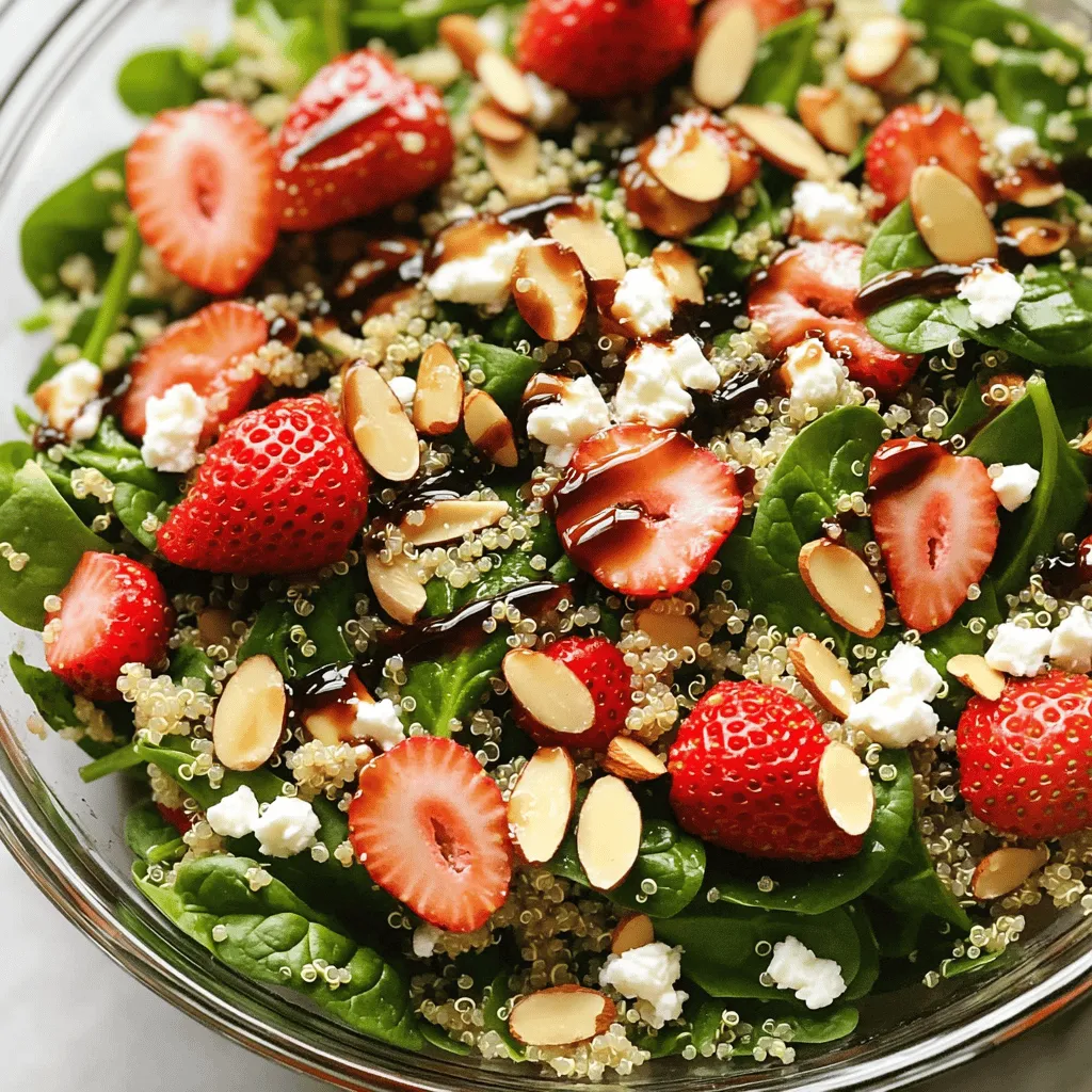 - 1 cup quinoa - 2 cups water - 4 cups fresh baby spinach - 1 cup strawberries - 1/2 cup feta cheese - 1/4 cup sliced almonds - 1/4 cup red onion - 1/4 cup extra virgin olive oil - 2 tablespoons balsamic vinegar - 1 tablespoon honey (or maple syrup for vegan) - Salt and black pepper to taste I love using these fresh ingredients to create a colorful dish. Quinoa is my base. It adds protein and fiber. The baby spinach brings a lovely green color and essential vitamins. Strawberries not only look great but also add a sweet taste. Feta cheese gives a creamy touch that balances the flavors. To add crunch, I use sliced almonds, which also boost nutrition. The red onion adds a mild bite that works well with the other flavors. Extra virgin olive oil and balsamic vinegar make a simple dressing that ties everything together. Honey adds a touch of sweetness, but you can use maple syrup if you prefer. This mix of ingredients provides a nutritious meal. It's full of vitamins and minerals, making it perfect for a healthy lifestyle. To start, we need to rinse the quinoa. Place 1 cup of quinoa in a fine-mesh strainer. Rinse it under cold running water for about 2 minutes. This step removes any bitter taste. Next, combine the rinsed quinoa with 2 cups of water in a medium saucepan. Bring this mixture to a boil over medium-high heat. Once it boils, reduce the heat to low. Cover the pot and let it simmer for about 15 minutes. The quinoa is ready when it’s fluffy and all the water is absorbed. Remove it from heat and let it cool. Now, let’s prepare the salad. In a large mixing bowl, combine the cooled quinoa, 4 cups of fresh baby spinach, 1 cup of sliced strawberries, 1/2 cup of crumbled feta cheese, 1/4 cup of toasted sliced almonds, and 1/4 cup of thinly sliced red onion. Make sure to mix everything gently. This helps distribute each ingredient evenly, so every bite is full of flavor. For the dressing, gather your ingredients. You need 1/4 cup of extra virgin olive oil, 2 tablespoons of balsamic vinegar, and 1 tablespoon of honey. You can swap honey for maple syrup if you prefer a vegan option. In a small bowl, whisk these ingredients together. Whisk until the mixture is well blended and creamy. This process emulsifies the dressing, giving it a smooth texture. Next, it’s time to toss the salad. Drizzle the dressing over the salad mixture. Use your hands or a large spoon to mix everything together gently. Make sure each ingredient is coated with the dressing. After mixing, taste the salad. Adjust the seasoning with salt, black pepper, or extra honey as needed. You want the flavors to shine through. Serve your salad right away for the freshest taste or let it sit for about 30 minutes in the fridge. This helps the flavors meld beautifully. To avoid mushy quinoa, start by rinsing it well. This step removes the bitter coating called saponin. Use a fine mesh strainer for best results. After rinsing, combine the quinoa and water in a medium pot. Bring it to a hard boil, then reduce the heat to a simmer. Cover it and cook for about 15 minutes. When cooked, let it sit off the heat for 5 minutes before fluffing with a fork. This method keeps each grain separate and fluffy. Cooling quinoa properly is also key. After cooking, spread it on a baking sheet. This helps it cool quickly and evenly. A quick cool down enhances the texture when mixed with other salad ingredients. To add more flavor, try topping your salad with grilled chicken or chickpeas. These options add protein and make the meal heartier. You can also sprinkle some fresh herbs like basil or mint for a fresh twist. Balancing sweetness and acidity is important in your dressing. Start with the recommended olive oil and balsamic vinegar mix. If you find the dressing too sweet, add a touch more vinegar. Conversely, if it’s too tangy, stir in a bit more honey or maple syrup. Taste as you go to find your perfect balance. For a stunning presentation, serve the salad in a large, colorful bowl. This makes it inviting and appetizing. You can also plate individual servings for a fancy touch. To garnish, consider topping the salad with whole strawberries and a sprinkle of toasted almonds. This adds a pop of color and texture, making your dish visually appealing. A squeeze of lemon juice on top can also brighten the flavors and enhance the look. {{image_4}} To make this salad vegan, swap out the feta cheese. You can use crumbled tofu for a similar texture. Nutritional yeast also adds a cheesy flavor. For the honey, simply use maple syrup. This swap keeps the salad sweet without animal products. You can also add avocado for creaminess and healthy fats. If you need a gluten-free option, ensure your quinoa is certified gluten-free. This step prevents cross-contamination. You can also try other grains like brown rice or millet. Both options work well and bring unique flavors to the salad. Quinoa is still the best choice for its protein content and texture. Fresh, in-season ingredients can change the flavor of your salad. In spring, add peas or radishes. In summer, try peaches or nectarines for a sweet twist. Fall brings apples and walnuts, while winter can include citrus fruits like oranges. Each season gives you a chance to mix and match flavors for a new experience. To store your Strawberry Spinach Quinoa Salad, cover it tightly. Use a glass or plastic container with a lid. This keeps it fresh and prevents it from drying out. The salad stays fresh for about 3 days in the fridge. If you want to keep the spinach crisp, add the dressing just before serving. This helps avoid soggy greens. Freezing this salad is not ideal, but you can freeze components. Quinoa freezes well, so cook and cool it first. Store it in an airtight bag. You can also freeze sliced strawberries. Just wash and slice them, then spread them on a tray to freeze. After they freeze, place them in a bag. Avoid freezing the spinach and dressing; they do not thaw well. To serve after freezing, thaw quinoa and strawberries in the fridge overnight. Mix them with fresh spinach and dressing before serving. This keeps your salad looking and tasting fresh. You can store the salad in the refrigerator for up to three days. The flavors will blend well, but the spinach may wilt over time. To keep it fresh, use an airtight container. Yes! You can add protein to make this salad heartier. Here are some great options: - Grilled chicken for a savory touch. - Shrimp for a seafood twist. - Tofu for a plant-based option. These additions boost the salad’s nutrition and make it more filling. To meal prep this salad, keep the dressing separate. Prepare the quinoa and chop the veggies. Store everything in separate containers. Combine them just before serving for the best taste and texture. Absolutely! If strawberries aren't your favorite, you can try these fruits: - Blueberries for a sweet burst. - Mandarins for a citrusy zing. - Apples for a crunchy bite. These fruits add new flavors while keeping the salad fresh and tasty. This blog post covered a fresh Strawberry Spinach Quinoa Salad recipe. We explored ingredients, cooking steps, and nutrition facts. I also shared tips for taste and storage. You learned about variations for diet needs, plus answers to common questions. This salad is healthy and easy to make. Experiment with seasonal flavors or toppings. Enjoy your own take on this colorful dish!