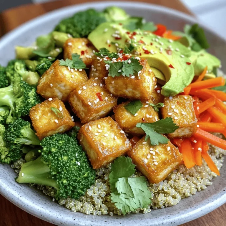 - 1 block firm tofu, pressed and cubed - 2 tablespoons cornstarch - 3 tablespoons soy sauce - 1 tablespoon sesame oil - 1 cup quinoa, rinsed and cooked - 1 cup broccoli florets - 1 cup shredded carrots - 1 bell pepper, sliced into thin strips - 1 ripe avocado, sliced - 2 tablespoons sesame seeds - Fresh cilantro leaves for garnish - Salt and pepper to taste - Optional: 1 teaspoon chili flakes for an extra kick Crispy tofu Buddha bowls are not just tasty; they are also packed with nutrients. Tofu gives you protein and healthy fats. Quinoa is a great source of fiber and amino acids. The veggies add vitamins and minerals. Avocado brings in healthy fats too. This meal can keep you full and satisfied. If you want to switch things up, consider these options: - Swap tofu for tempeh for a nuttier taste. - Use brown rice or farro instead of quinoa for a different grain. - Choose your favorite veggies. Zucchini or spinach work well too. - For a kick, use sriracha instead of chili flakes. These changes help tailor the bowl to your taste and pantry. Start by preheating your oven to 425°F (220°C). This step is key for crispy tofu! Take the block of firm tofu and press it to remove excess water. Once pressed, cut the tofu into cubes. In a large bowl, mix the cubed tofu with soy sauce. Make sure every piece is coated well. Then, sprinkle 2 tablespoons of cornstarch over the tofu. Gently toss until all cubes have a light dusting. This cornstarch will help create that crispy crust! Line a baking sheet with parchment paper. This makes cleanup a breeze! Spread the tofu cubes out in a single layer. Drizzle 1 tablespoon of sesame oil over them. This adds great flavor and helps with crispiness. Bake the tofu for about 25-30 minutes. Be sure to turn the cubes halfway through for even browning. You want them golden brown and deliciously crispy. While the tofu bakes, rinse 1 cup of quinoa under cold water. This removes any bitterness. In a medium saucepan, bring 2 cups of water to a boil. Add the rinsed quinoa, then reduce the heat to low. Cover and let it simmer for about 15 minutes, or until all the water is absorbed. Fluff the quinoa with a fork when done, and set it aside to cool a bit. Grab a steamer basket or a microwave-safe bowl. Place 1 cup of broccoli florets into the steamer. Steam for 5-7 minutes until bright green and tender-crisp. If you prefer, you can sauté the broccoli with 1 cup of shredded carrots and 1 sliced bell pepper. Use a little olive oil and cook for about 3-4 minutes until they are just tender. Take a large bowl or plate and add a big scoop of quinoa at the bottom. It's the perfect base! Next, artfully arrange your crispy tofu, steamed broccoli, shredded carrots, and bell pepper on top. Don’t forget the creamy avocado slices! Make it look beautiful; it’s part of the fun. To finish, sprinkle 2 tablespoons of sesame seeds over the top. Add fresh cilantro leaves for a pop of color. If you like some heat, toss in a pinch of chili flakes. Season with salt and pepper to taste. Your vibrant Buddha bowl is ready to enjoy! Serve it in colorful dishes and maybe add a lemon wedge on the side for extra zest. To get crispy tofu, start with firm tofu. Press it to remove excess water. Cutting it into cubes helps it cook evenly. Toss the cubes in soy sauce for flavor. Then sprinkle cornstarch over the tofu. This gives it a nice crunch when baked. Don’t forget to bake at 425°F for the best results. Bake until golden brown, turning halfway through. To boost flavor, use sesame oil. It adds a nutty taste and helps with crispiness. You can also try adding garlic powder or onion powder to the cornstarch mix. A pinch of chili flakes gives a spicy kick. Fresh herbs like cilantro or parsley brighten the dish. Mixing in a splash of lime juice before serving enhances the taste further. Presentation matters for a Buddha bowl. Start with a base of quinoa, making it the focal point. Arrange colorful veggies in sections for a vibrant look. Place the crispy tofu on top, and don’t forget the avocado slices. A sprinkle of sesame seeds adds a nice touch. Serving in deep, colorful bowls makes the dish pop. A lemon wedge on the side can brighten up the whole meal. {{image_4}} You can mix it up with different proteins. Tempeh is a great choice. It adds a nutty flavor and healthy benefits. Chickpeas also work well. They add protein and texture. For a meat option, try grilled chicken or shrimp. Both options pair nicely with the spices. Feel free to play with your veggies! Spinach or kale can add greens. Sweet potatoes or zucchini bring extra flavor and nutrition. You can also use snap peas for a nice crunch. The key is to use fresh, colorful veggies to keep it exciting. The sauce can change everything! A simple tahini dressing adds creaminess. You can mix lemon juice, tahini, and water for a drizzle. A peanut sauce also adds a great taste. For a spicy kick, try sriracha mixed with soy sauce. Experiment with your favorites to find the perfect match! To store leftovers, place the Buddha bowl in an airtight container. Keep it in the fridge for up to three days. Make sure to separate the tofu and veggies if you want to keep them extra crispy. This helps prevent sogginess. To reheat, warm the tofu in an oven at 350°F (175°C) for about 10 minutes. This will revive the crispiness. You can also use a microwave, but the texture may change. If using a microwave, heat in short bursts, checking often. You can freeze the tofu separately if you want to store it longer. Place it in a freezer-safe bag. Squeeze out as much air as possible. Use within three months for the best quality. The veggies and quinoa don’t freeze well, so it's best to enjoy them fresh. Yes, this recipe is vegan as it uses tofu, quinoa, and fresh veggies. All ingredients are plant-based. You can enjoy this dish without animal products. To get crispy tofu, start with firm tofu. Press it to remove excess water. Coat the tofu in soy sauce first, then sprinkle cornstarch. The cornstarch creates a crunchy outer layer when baked. Bake at a high temperature for the best results. You can use brown rice, farro, or barley instead of quinoa. These grains add different textures and flavors. Choose what you like or have handy. Yes, you can prep many parts ahead of time. Cook the quinoa and tofu earlier in the day. Chop the veggies and store them in the fridge. Assemble your bowl when ready to eat for the best taste. Serve your Buddha bowl with a side of lemon wedges for extra zing. You can also add a drizzle of your favorite sauce, like tahini or sriracha. Garnishing with fresh herbs like cilantro adds flavor and color. This blog post covered how to make a tasty Buddha bowl. We highlighted the key ingredients, cooking steps, and storage tips. You learned how to ensure your tofu is crispy and how to customize your meal with different veggies and sauces. Remember, this dish is flexible. You can swap ingredients and adapt it to your taste. With these tips, you can enjoy healthy meals that are both fun and satisfying. Make your next Buddha bowl unique and delicious!