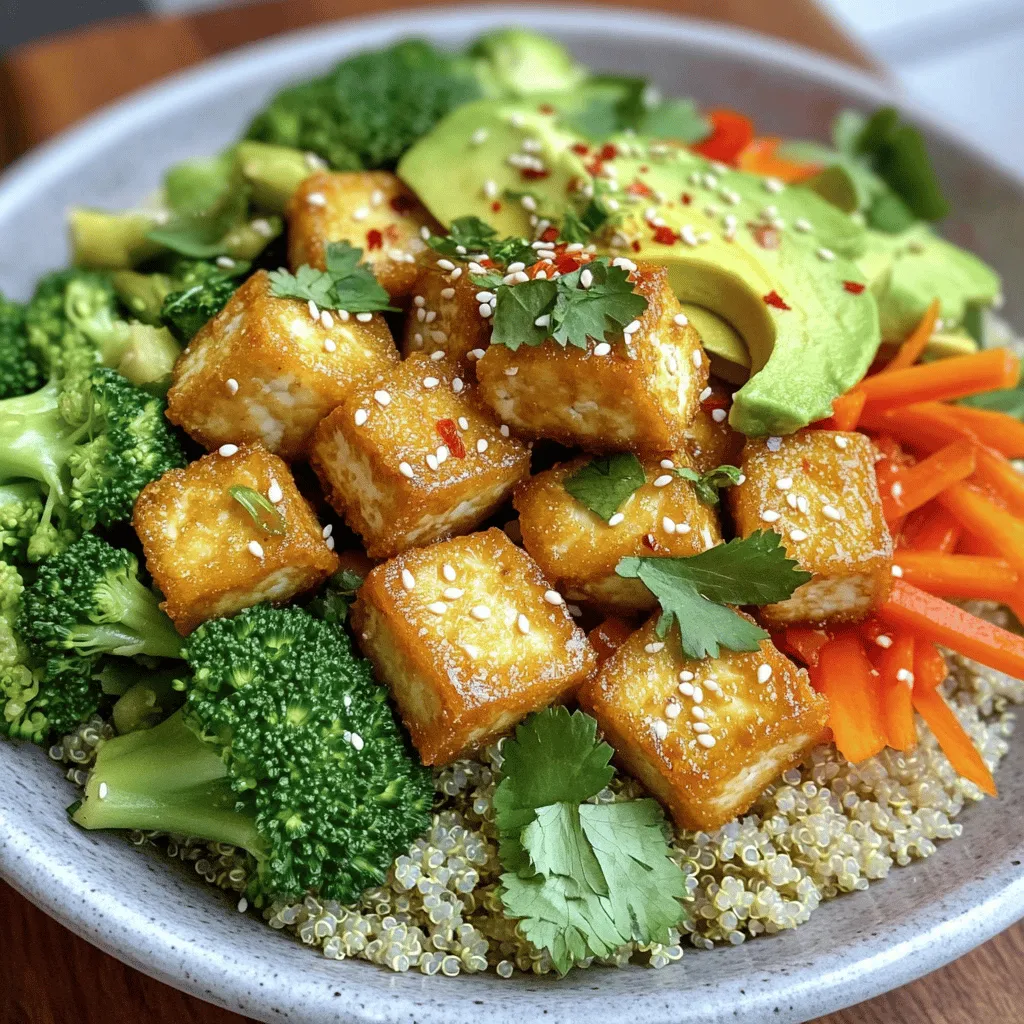 - 1 block firm tofu, pressed and cubed - 2 tablespoons cornstarch - 3 tablespoons soy sauce - 1 tablespoon sesame oil - 1 cup quinoa, rinsed and cooked - 1 cup broccoli florets - 1 cup shredded carrots - 1 bell pepper, sliced into thin strips - 1 ripe avocado, sliced - 2 tablespoons sesame seeds - Fresh cilantro leaves for garnish - Salt and pepper to taste - Optional: 1 teaspoon chili flakes for an extra kick Crispy tofu Buddha bowls are not just tasty; they are also packed with nutrients. Tofu gives you protein and healthy fats. Quinoa is a great source of fiber and amino acids. The veggies add vitamins and minerals. Avocado brings in healthy fats too. This meal can keep you full and satisfied. If you want to switch things up, consider these options: - Swap tofu for tempeh for a nuttier taste. - Use brown rice or farro instead of quinoa for a different grain. - Choose your favorite veggies. Zucchini or spinach work well too. - For a kick, use sriracha instead of chili flakes. These changes help tailor the bowl to your taste and pantry. Start by preheating your oven to 425°F (220°C). This step is key for crispy tofu! Take the block of firm tofu and press it to remove excess water. Once pressed, cut the tofu into cubes. In a large bowl, mix the cubed tofu with soy sauce. Make sure every piece is coated well. Then, sprinkle 2 tablespoons of cornstarch over the tofu. Gently toss until all cubes have a light dusting. This cornstarch will help create that crispy crust! Line a baking sheet with parchment paper. This makes cleanup a breeze! Spread the tofu cubes out in a single layer. Drizzle 1 tablespoon of sesame oil over them. This adds great flavor and helps with crispiness. Bake the tofu for about 25-30 minutes. Be sure to turn the cubes halfway through for even browning. You want them golden brown and deliciously crispy. While the tofu bakes, rinse 1 cup of quinoa under cold water. This removes any bitterness. In a medium saucepan, bring 2 cups of water to a boil. Add the rinsed quinoa, then reduce the heat to low. Cover and let it simmer for about 15 minutes, or until all the water is absorbed. Fluff the quinoa with a fork when done, and set it aside to cool a bit. Grab a steamer basket or a microwave-safe bowl. Place 1 cup of broccoli florets into the steamer. Steam for 5-7 minutes until bright green and tender-crisp. If you prefer, you can sauté the broccoli with 1 cup of shredded carrots and 1 sliced bell pepper. Use a little olive oil and cook for about 3-4 minutes until they are just tender. Take a large bowl or plate and add a big scoop of quinoa at the bottom. It's the perfect base! Next, artfully arrange your crispy tofu, steamed broccoli, shredded carrots, and bell pepper on top. Don’t forget the creamy avocado slices! Make it look beautiful; it’s part of the fun. To finish, sprinkle 2 tablespoons of sesame seeds over the top. Add fresh cilantro leaves for a pop of color. If you like some heat, toss in a pinch of chili flakes. Season with salt and pepper to taste. Your vibrant Buddha bowl is ready to enjoy! Serve it in colorful dishes and maybe add a lemon wedge on the side for extra zest. To get crispy tofu, start with firm tofu. Press it to remove excess water. Cutting it into cubes helps it cook evenly. Toss the cubes in soy sauce for flavor. Then sprinkle cornstarch over the tofu. This gives it a nice crunch when baked. Don’t forget to bake at 425°F for the best results. Bake until golden brown, turning halfway through. To boost flavor, use sesame oil. It adds a nutty taste and helps with crispiness. You can also try adding garlic powder or onion powder to the cornstarch mix. A pinch of chili flakes gives a spicy kick. Fresh herbs like cilantro or parsley brighten the dish. Mixing in a splash of lime juice before serving enhances the taste further. Presentation matters for a Buddha bowl. Start with a base of quinoa, making it the focal point. Arrange colorful veggies in sections for a vibrant look. Place the crispy tofu on top, and don’t forget the avocado slices. A sprinkle of sesame seeds adds a nice touch. Serving in deep, colorful bowls makes the dish pop. A lemon wedge on the side can brighten up the whole meal. {{image_4}} You can mix it up with different proteins. Tempeh is a great choice. It adds a nutty flavor and healthy benefits. Chickpeas also work well. They add protein and texture. For a meat option, try grilled chicken or shrimp. Both options pair nicely with the spices. Feel free to play with your veggies! Spinach or kale can add greens. Sweet potatoes or zucchini bring extra flavor and nutrition. You can also use snap peas for a nice crunch. The key is to use fresh, colorful veggies to keep it exciting. The sauce can change everything! A simple tahini dressing adds creaminess. You can mix lemon juice, tahini, and water for a drizzle. A peanut sauce also adds a great taste. For a spicy kick, try sriracha mixed with soy sauce. Experiment with your favorites to find the perfect match! To store leftovers, place the Buddha bowl in an airtight container. Keep it in the fridge for up to three days. Make sure to separate the tofu and veggies if you want to keep them extra crispy. This helps prevent sogginess. To reheat, warm the tofu in an oven at 350°F (175°C) for about 10 minutes. This will revive the crispiness. You can also use a microwave, but the texture may change. If using a microwave, heat in short bursts, checking often. You can freeze the tofu separately if you want to store it longer. Place it in a freezer-safe bag. Squeeze out as much air as possible. Use within three months for the best quality. The veggies and quinoa don’t freeze well, so it's best to enjoy them fresh. Yes, this recipe is vegan as it uses tofu, quinoa, and fresh veggies. All ingredients are plant-based. You can enjoy this dish without animal products. To get crispy tofu, start with firm tofu. Press it to remove excess water. Coat the tofu in soy sauce first, then sprinkle cornstarch. The cornstarch creates a crunchy outer layer when baked. Bake at a high temperature for the best results. You can use brown rice, farro, or barley instead of quinoa. These grains add different textures and flavors. Choose what you like or have handy. Yes, you can prep many parts ahead of time. Cook the quinoa and tofu earlier in the day. Chop the veggies and store them in the fridge. Assemble your bowl when ready to eat for the best taste. Serve your Buddha bowl with a side of lemon wedges for extra zing. You can also add a drizzle of your favorite sauce, like tahini or sriracha. Garnishing with fresh herbs like cilantro adds flavor and color. This blog post covered how to make a tasty Buddha bowl. We highlighted the key ingredients, cooking steps, and storage tips. You learned how to ensure your tofu is crispy and how to customize your meal with different veggies and sauces. Remember, this dish is flexible. You can swap ingredients and adapt it to your taste. With these tips, you can enjoy healthy meals that are both fun and satisfying. Make your next Buddha bowl unique and delicious!