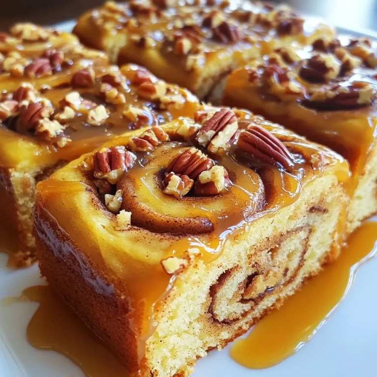 - 2 cups all-purpose flour - 1 tablespoon baking powder - 1 teaspoon baking soda - 1/2 teaspoon salt - 1 cup granulated sugar - 1/2 cup packed brown sugar - 1/2 cup unsalted butter, softened - 2 large eggs - 1 cup buttermilk For this cake, I use basic kitchen staples. All-purpose flour gives the cake structure. Baking powder and baking soda help it rise. The salt enhances all the flavors. Granulated sugar adds sweetness, while brown sugar adds depth. Softened butter makes the cake rich and moist. Eggs bind everything together. Buttermilk adds a nice tang and keeps the cake tender. - 1 tablespoon cinnamon - 1/2 cup packed brown sugar - 1/2 cup chopped pecans The cinnamon swirl adds warmth and spice. Cinnamon gives a lovely flavor. Brown sugar adds sweetness and moisture. Chopped pecans provide crunch and nutty taste. Together, they create a delightful mix that makes each bite special. - 1 cup caramel sauce (store-bought or homemade) - 1/2 cup chopped pecans (for garnish) The caramel sauce is the star of this dessert. It adds a sweet, gooey layer on top. You can buy it or make your own. Chopped pecans on top add a nice finishing touch. They give extra crunch and flavor. This topping takes the cake to the next level! - Preheat the oven to 350°F (175°C). - Grease a 9x13 inch baking pan. - Combine 2 cups of all-purpose flour, 1 tablespoon of baking powder, 1 teaspoon of baking soda, and 1/2 teaspoon of salt in a bowl. - In another bowl, cream together 1 cup of granulated sugar, 1/2 cup of packed brown sugar, and 1/2 cup of softened unsalted butter until fluffy. - Add 2 large eggs and 1 cup of buttermilk to the mixture, mixing well until combined. - In a small bowl, mix 1 tablespoon of cinnamon with 1/2 cup of packed brown sugar. - Layer half of the batter in the prepared pan, then sprinkle half of the cinnamon-sugar mixture and 1/2 cup of chopped pecans over it. - Pour the remaining batter on top and gently spread it to cover. Use a knife to swirl the remaining cinnamon mixture into the batter for a marble effect. - Bake for 30-35 minutes, or until a toothpick comes out clean from the center. - Remove the cake from the oven and let it cool for 10 minutes. Drizzle 1 cup of caramel sauce evenly over the top and sprinkle with 1/2 cup of chopped pecans. - Let the cake cool for another 30 minutes before serving. - Check for doneness with a toothpick. Stick it in the center. If it comes out clean, your cake is ready. - Don’t overmix the batter to keep it fluffy. Mix just until you see no dry flour. - Serve warm or at room temperature. This cake is great either way. - Pair with vanilla ice cream for an indulgent touch. The ice cream adds creaminess to the warm cake. - Add chocolate chips for extra richness. They melt and blend well with the cake. - Substitute nuts or use a different type of icing. You can try walnuts or a cream cheese frosting. {{image_4}} You can make this cake gluten-free. Just substitute the all-purpose flour with a gluten-free blend. Many brands work well and keep the cake fluffy. This way, everyone can enjoy it. If you want a vegan cake, it’s simple. Replace the eggs with flax eggs. Just mix one tablespoon of ground flaxseed with three tablespoons of water. Let it sit for a few minutes. Also, use plant-based milk and vegan butter. This makes a delicious cake without any animal products. For a fun twist, bake this cake in a muffin tin. This gives you small, individual servings. Just pour the batter into the cups and follow the same baking time. These mini cakes are perfect for sharing at parties or gatherings. You can store Caramel Pecan Cinnamon Roll Cake at room temperature. Just cover it well. It will stay fresh for up to three days. This way, you can enjoy it each morning with your coffee. For long-term storage, wrap slices in plastic. You can freeze them for up to three months. When you crave a sweet treat, just take out a slice. It's a great way to save leftovers! To reheat, use a microwave or an oven. This helps restore the cake's soft texture. If you use the oven, wrap it in foil to keep it moist. Enjoy your warm slice with a drizzle of caramel! Yes, walnuts or almonds can be used as alternatives. Both nuts have great flavor and texture. Walnuts add a nice crunch, while almonds give a sweet touch. Feel free to mix and match nuts based on your taste. Making homemade caramel sauce is easy. Start with sugar in a pan over medium heat. Stir until it melts into a golden color. Then add butter, mixing well. Finally, pour in heavy cream slowly, stirring until smooth. This sauce will taste rich and fresh! This cake pairs well with coffee, tea, or a scoop of ice cream. The warm cake balances nicely with cold ice cream. It also goes great with a cup of coffee for breakfast or dessert. Enjoy it however you like! This blog post covered making a delicious Caramel Pecan Cinnamon Roll Cake. We discussed key ingredients, followed easy step-by-step instructions, and explored tips for success. You learned about variations for dietary needs and how to store your cake. Enjoy this cake warm, with ice cream or coffee. It’s quick to make and sure to impress. I hope you feel inspired to bake and share this treat! Enjoy every bite!