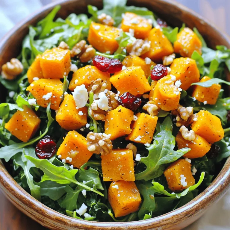 - 1 medium butternut squash, peeled and cut into bite-sized cubes - 4 cups of mixed greens (a blend of arugula, spinach, and kale) - 1/2 cup dried cranberries, plump and sweet - 1/2 cup walnuts, roughly chopped for crunch - 1/4 cup feta cheese, crumbled (optional for creaminess) - 2 tablespoons extra virgin olive oil - 2 tablespoons pure maple syrup - 1 teaspoon ground cinnamon - 2 tablespoons apple cider vinegar for tang - 1 tablespoon Dijon mustard for flavor depth - Sea salt - Freshly cracked black pepper In this Maple Roasted Butternut Squash Salad, I use fresh and vibrant ingredients. The butternut squash brings sweetness and a lovely texture. Mixed greens add color and nutrition. Dried cranberries give a sweet and tart punch. The walnuts add a nice crunch. If you want creaminess, sprinkle in some feta cheese. For the dressing, I combine olive oil, maple syrup, and cinnamon. The apple cider vinegar adds tang, while Dijon mustard deepens the flavor. Season well with salt and freshly cracked black pepper. Each ingredient works together to create a delightful salad that’s both simple and satisfying. - Preheat the oven to 400°F (200°C). This makes sure the squash roasts well. - Peel and cut the butternut squash into bite-sized cubes. Place them in a large bowl. - Add 2 tablespoons of extra virgin olive oil, 2 tablespoons of pure maple syrup, 1 teaspoon of ground cinnamon, sea salt, and black pepper to the bowl. Toss well to coat each piece evenly. - Line a large baking sheet with parchment paper. Spread the seasoned squash in a single layer. - Roast the squash for 25–30 minutes. Stir halfway through to ensure even cooking. Look for a fork-tender texture and a golden color. - While the squash roasts, prepare the dressing. In a small bowl, whisk together 2 tablespoons of apple cider vinegar and 1 tablespoon of Dijon mustard. Add a pinch of salt and a few grinds of black pepper. - In a large serving bowl, combine 4 cups of mixed greens, the warm roasted butternut squash, 1/2 cup of dried cranberries, 1/2 cup of roughly chopped walnuts, and 1/4 cup of crumbled feta cheese if you like. - Drizzle the dressing over the salad and gently toss everything together. Make sure each piece is coated well. - Serve the salad right away while the squash is warm. You can let it cool slightly if you prefer a refreshing dish. To get that perfect caramelization on your butternut squash, follow these tips: - Cut Squash Evenly: Make sure the cubes are about the same size. This helps them cook evenly. - Use Enough Space: Spread the squash in a single layer on the baking sheet. Overcrowding can lead to steaming instead of roasting. - High Heat: Roasting at 400°F (200°C) is key. This temperature helps develop a nice, golden color. For stirring, do this halfway through roasting. This action allows all sides to brown nicely. Just be gentle so you don’t break the squash cubes. The order of layering matters for a great salad. Start with the mixed greens in your bowl. Next, add the warm butternut squash on top. The warmth wilts the greens slightly, which adds a nice texture. After that, sprinkle on the dried cranberries and walnuts. If you choose to use feta, add it last. For presentation, use individual plates. Garnish each plate with extra feta and a few walnuts for a pop of color. A light drizzle of maple syrup can make it look more inviting. This salad is best served warm, right after you mix it. The warm squash and dressing make each bite blissful. However, if you prefer it cool, let it sit for a bit before serving. Pair this salad with roasted chicken or a hearty grain dish. It also goes well with a light soup for a complete meal. Enjoy the flavors and textures together! {{image_4}} You can easily make this salad vegan. Just leave out the feta cheese. The salad still tastes great without it. For gluten-free options, check your Dijon mustard. Most brands are gluten-free but confirm just to be safe. You can swap nuts or seeds based on your taste. Try pecans or pumpkin seeds for a new twist. Adding seasonal vegetables also works well. Roasted Brussels sprouts or beets can add more color and flavor. Spice up the dressing for extra flavor. Add garlic powder or a pinch of cayenne pepper for heat. You can also use fresh herbs like basil or cilantro as a topping. They add freshness and a nice pop of flavor. Store any leftover salad in an airtight container. The mixed greens should go in a separate bag to keep them fresh. Refrigerate the salad right away. This helps keep the flavors and textures nice. Aim to eat leftovers within three days for the best taste. To reheat the butternut squash, use the oven or microwave. If using the oven, preheat it to 350°F (175°C). Place the squash on a baking sheet and warm it for about 10 minutes. This keeps the squash tender and avoids sogginess. In the microwave, heat for one minute at a time. Stir between each minute to keep the texture nice. The fresh salad lasts about three days in the fridge. The roasted squash can stay good for up to five days if stored separately. This way, you can enjoy each part at its best. Yes, you can prepare this salad ahead. First, roast the squash and let it cool. Store it in an airtight container in the fridge. You can mix the dressing in another container. Keep the greens separate until serving. This will keep them fresh and crisp. Combine everything just before serving for the best taste. If you can’t find butternut squash, try these options: - Acorn squash - Sweet potatoes - Pumpkin - Delicata squash These veggies work well and add great flavor to your salad. To check if your squash is done, use a fork. It should easily pierce the cubes. You want them tender but not mushy. For more flavor, you can add extra spices or herbs. This adds depth to your dish and makes it even tastier. Maple roasted butternut squash salad is a tasty and healthy dish you can easily make. We covered the key ingredients, easy steps, and helpful tips for perfecting the dish. You can also explore fun variations and storage methods. I encourage you to try this salad for a delicious meal. Enjoy the mix of flavors, colors, and textures. This dish is sure to impress at gatherings or for a cozy dinner at home. Happy cooking!