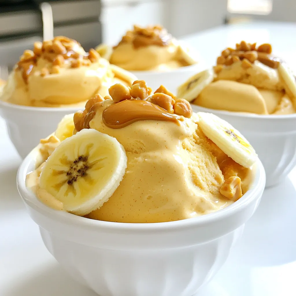 To make Peanut Butter Banana Nice Cream, gather these simple ingredients: - 3 ripe bananas, sliced and frozen - 1/4 cup natural peanut butter - 1 teaspoon vanilla extract - A pinch of sea salt These main ingredients create the smooth and creamy base for your nice cream. The ripe bananas add natural sweetness and texture. The peanut butter gives a rich, nutty flavor. If you want extra sweetness, consider adding some of these: - 1 tablespoon honey - 1 tablespoon maple syrup These sweeteners are not required, but they can enhance the flavor. Adjust to your taste. If your bananas are very ripe, you might not need any sweetener at all. Toppings can make your nice cream even more fun! Here are some great options: - Chopped peanuts - Granola These toppings add crunch and texture. You can also sprinkle some extra banana slices for a fresh touch. Feel free to mix and match your favorite toppings! Start by slicing three ripe bananas into thin coins. Lay the slices in a single layer in a freezer-safe container. This step helps them freeze evenly. Leave the bananas in the freezer for at least two hours. They need to be solid to create nice cream. After the bananas are frozen, take them out of the freezer. Place the banana slices in a food processor. Add 1/4 cup of natural peanut butter. If you want, you can add 1 tablespoon of honey or maple syrup for sweetness. Also, include 1 teaspoon of vanilla extract and a pinch of sea salt. Blend this mixture on high speed until it looks smooth and creamy. You may need to scrape down the sides a few times. Be patient! This blending can take a couple of minutes. Once the mixture is creamy, taste it. If you want it sweeter, add more honey or syrup. Blend it again briefly to mix. You can serve the nice cream right away for a soft-serve texture. If you prefer it firmer, transfer it to a bowl and freeze for an extra 30 minutes. When ready to eat, scoop the nice cream into bowls. For a fun touch, top it with chopped peanuts or granola. Enjoy your delightful treat! For the best taste, use ripe bananas. Look for bananas with brown spots. These spots mean the bananas are sweet and full of flavor. Overripe bananas work best in this recipe. They blend smoothly into the nice cream. Texture is key for nice cream. Make sure to freeze the banana slices for at least two hours. This helps them become solid and creamy. When blending, keep the food processor running until the mixture is smooth. Scrape the sides often to mix everything well. Sweetness is a personal choice. You can add honey or maple syrup for extra sweetness. Start with a little, then taste the mixture. If it’s not sweet enough, add more and blend again. This way, you can make it just right for your taste! {{image_4}} You can make your Peanut Butter Banana Nice Cream even better with fun add-ins. Try adding a tablespoon of cocoa powder for a chocolate twist. A couple of tablespoons of ground cinnamon can bring warmth and spice. You can also mix in a small handful of dark chocolate chips for a sweet crunch. Each add-in changes the taste and makes it more exciting. If you want to switch things up, use different nut butters. Almond butter gives a nutty flavor that pairs well with bananas. Cashew butter adds a creamy texture without being too strong. Sunflower seed butter is a great choice if you need to avoid nuts. Each option will change the taste but keep that creamy goodness. You can easily make this recipe dairy-free while keeping it rich. Use a splash of coconut milk or almond milk to enhance creaminess. If you want a thicker texture, add some soaked cashews. These options keep the nice cream smooth and delicious, perfect for those who need a dairy-free treat. Store any leftover nice cream in an airtight container. This keeps it fresh and tasty. If you have a lot, divide it into smaller containers. This makes it easy to grab a scoop later. To keep your nice cream creamy, let it sit at room temperature for a few minutes before scooping. This helps soften it a bit. If it gets too hard, you can blend it again quickly. This will restore its smooth texture. The frozen bananas will last about 2 months in the freezer. Peanut butter can last up to a year if stored properly. Honey and vanilla extract have long shelf lives too. Just keep them in a cool, dry place. Make sure to check the dates on your ingredients for the best quality. Yes, you can use other fruits in nice cream! Berries, mangoes, or peaches work well. Just freeze them first. Blend them as you do with bananas. Each fruit gives a different flavor. Try mixing fruits for fun combos! Absolutely! This recipe is perfect for kids. It's simple, tasty, and healthy. Kids love sweet treats, and nice cream fits the bill. Plus, they can help make it. They can slice bananas and add ingredients. It’s a great family activity! To make this recipe sugar-free, skip the honey or maple syrup. The ripe bananas provide natural sweetness. You can also add a splash of vanilla extract for extra flavor. If you need more sweetness, consider using a sugar-free sweetener. Nice cream combines simple ingredients and easy steps to make a delicious treat. Optional sweeteners and toppings can customize each serving. Remember to use ripe bananas for great taste and the right texture. You can add different flavors or nut butters for variety. Store leftovers properly to keep them fresh. This recipe is kid-friendly and can be sugar-free with the right choices. Enjoy making this guilt-free dessert!