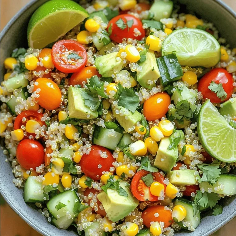 - 1 cup quinoa, thoroughly rinsed - 2 cups water or vegetable broth - 1 cup cherry tomatoes, halved - 1 cup cucumber, diced - 1/2 medium red onion, finely chopped - 1 cup corn (fresh or frozen) - 1 ripe avocado, diced - 1/3 cup fresh cilantro, chopped - Juice of 2 fresh limes - 3 tablespoons high-quality olive oil - Salt and freshly ground black pepper - Optional: 1 jalapeño, minced When making cilantro lime quinoa salad, always choose fresh ingredients. Fresh veggies add crunch and flavor. Look for ripe avocados; they should yield slightly when pressed. For tomatoes, pick bright, firm ones. If using corn, fresh is best, but thaw frozen corn well. Choose high-quality olive oil for the dressing. It enhances taste and health benefits. Always use fresh lime juice. Bottled juice lacks the bright flavor of fresh limes. You can swap quinoa for brown rice or couscous for a different base. If you prefer, use bell peppers or radishes instead of cucumbers. Swap cherry tomatoes for diced regular tomatoes if needed. If you don't like cilantro, parsley works well too. For a creamy touch, replace avocado with feta cheese. If you want more protein, add black beans. You can also skip the jalapeño for a milder taste. To start, rinse 1 cup of quinoa under cold water. This removes any bitter taste. In a medium saucepan, add the rinsed quinoa and 2 cups of water or vegetable broth. Place it over medium-high heat. Bring it to a boil. Once it boils, reduce the heat to low. Cover the saucepan and let it simmer for about 15 minutes. The quinoa is done when it’s tender, and all the liquid is absorbed. After that, remove the pot from heat, keeping it covered for 5 more minutes. This step helps it fluff up nicely. Then, fluff the quinoa with a fork and spread it out in a large bowl to cool. While the quinoa cools, grab a large mixing bowl. Add 1 cup of halved cherry tomatoes, 1 cup of diced cucumber, and 1/2 a finely chopped red onion. Next, mix in 1 cup of corn, either fresh or thawed from frozen. Finally, add 1 ripe diced avocado. Make sure all the veggies are well mixed. This will give your salad a colorful and fresh look. Once the quinoa cools, it’s time to combine everything. Carefully add the cooled quinoa to the bowl of veggies. In a small bowl, whisk together the juice of 2 fresh limes, 3 tablespoons of olive oil, salt, and pepper. If you like heat, you can add minced jalapeño here too. Drizzle the dressing over the quinoa and veggies. Toss everything gently so it gets well coated. Taste the salad and adjust seasoning as needed. For best flavor, let it rest for at least 15 minutes before serving. This allows the flavors to meld nicely. Serve it in a beautiful bowl, garnished with fresh cilantro and lime wedges for an inviting look. Enjoy your fresh and flavorful salad! To cook quinoa well, start by rinsing it. Rinsing removes any bitter taste. Use two cups of water or vegetable broth for every cup of quinoa. This adds flavor. Bring the liquid to a boil, then lower the heat. Cover and let it simmer for about 15 minutes. Once cooked, let it sit for five more minutes. This step helps the quinoa fluff up nicely. To boost the taste, add fresh lime juice and high-quality olive oil. These ingredients brighten up the salad. Fresh cilantro adds a burst of flavor. If you like spice, include minced jalapeño. This will give your salad a nice kick. Taste your salad before serving. Adjust the lime juice and salt according to your liking. Serve the quinoa salad in a large bowl. Garnish with fresh cilantro leaves and lime wedges for color. This makes the dish look inviting. Pair it with grilled chicken or fish for protein. The salad also goes well with tacos or burritos. Enjoy it on a hot day as a refreshing meal. {{image_4}} You can make this salad heartier by adding protein. For a plant-based option, black beans or chickpeas work well. Just rinse and drain them before mixing. If you prefer meat, grilled chicken adds a nice flavor. Chop it into bite-sized pieces and fold it in gently. Change up the veggies based on the season. In spring, add snap peas or radishes for crunch. In summer, try bell peppers and zucchini. Fresh herbs like mint or basil can also brighten the dish. Seasonal veggies keep it fresh and exciting. This salad is naturally vegan and gluten-free, which makes it a great choice for many diets. To keep it vegan, ensure your broth is vegetable-based. If you want extra creaminess, consider adding a dollop of vegan yogurt or tahini. These options enhance the flavor without adding gluten. To keep your salad fresh, store it in an airtight container. Make sure the container is clean and dry before use. This keeps moisture out and prevents spoilage. You can also separate the dressing and add it just before serving. This helps the salad stay crisp and vibrant. When stored correctly, cilantro lime quinoa salad lasts about three to five days in the fridge. The flavors will deepen over time, making it even more tasty. However, the avocado may brown, so try to eat it sooner rather than later if you used fresh avocado. This salad is best served cold or at room temperature. If you prefer it warm, you can gently heat the quinoa before mixing it with the other ingredients. Just avoid reheating the whole salad, as this can make the veggies soggy. Always adjust the seasoning after reheating, as flavors can change. Enjoy your delicious salad! You can store this salad in the fridge for up to three days. Make sure to keep it in an airtight container. The flavors will deepen over time, making it even tastier. However, if you include avocado, it may brown after a day. Absolutely! This salad is perfect for meal prep. You can make it a day in advance. Just keep the dressing separate until you're ready to serve. This helps keep the veggies fresh and crisp. If you want to change things up, try these dressings: - Balsamic vinaigrette for a sweet twist. - Honey mustard dressing for a bit of sweetness. - Greek yogurt dressing for creaminess without the oil. Each dressing will add its own unique flavor to the salad. You learned how to make cilantro lime quinoa salad from fresh ingredients. We covered ingredient quality, cooking steps, and fun variations. Remember, using fresh veggies makes a big difference. Try adding different proteins or seasonal twists to keep things exciting. Store leftovers correctly for the best taste. With these tips, you can create a tasty salad every time. Enjoy this healthy dish, and share it with friends. Happy cooking!