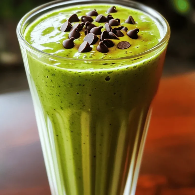 To make a Mint Chocolate Chip Protein Smoothie, you will need the following ingredients: - 1 large ripe banana, peeled and sliced - 1 cup fresh spinach leaves, thoroughly washed - 1 cup almond milk (or your favorite plant-based milk) - 1 scoop chocolate-flavored protein powder - 1 tablespoon natural almond butter for creaminess - 1/2 teaspoon peppermint extract for a refreshing flavor - 1/4 cup dark chocolate chips, semi-sweet or dairy-free - 1 tablespoon chia seeds (optional for added nutrition) - Ice cubes, to achieve your desired thickness These ingredients work together to create a smoothie that is both tasty and nutritious. The banana adds natural sweetness, while the spinach packs in vitamins without altering the flavor much. Almond milk keeps it creamy and dairy-free. The chocolate protein powder gives a rich taste and boosts your protein intake. Almond butter adds a creamy texture, and peppermint extract gives that fresh mint kick. Dark chocolate chips provide a delightful crunch, and chia seeds are optional but can enhance the nutrition. Ice cubes help create the perfect smoothie texture. Begin by peeling and slicing the large ripe banana. Place the banana, one cup of fresh spinach leaves, and one cup of almond milk into a high-speed blender. Blend on high until smooth. You want a mix that has no bits of leafy spinach. This creates a bright green base that is nutritious and tasty. Next, add one scoop of chocolate-flavored protein powder, one tablespoon of natural almond butter, and half a teaspoon of peppermint extract. If you want, you can also include one tablespoon of chia seeds for extra nutrition. Blend again on high until everything is creamy and well mixed. This step gives the smoothie its rich taste and smooth texture. Now, add a quarter cup of dark chocolate chips and a handful of ice cubes to the blender. Pulse briefly, just enough to chop the chocolate chips into smaller pieces. This keeps some crunch in the smoothie. Taste your creation and adjust if needed. If you want it sweeter or with more mint flavor, add another slice of banana or a drop more peppermint extract. Pour the smoothie into a tall glass. For a nice look, sprinkle some extra chocolate chips on top. Enjoy this energizing treat! You can switch almond milk for oat milk or soy milk. Both options work well. If you don’t have chocolate protein powder, use vanilla. You can also add cocoa powder for a rich chocolate taste. If you need a nut-free choice, try sunflower seed butter instead of almond butter. To make your smoothie thicker, add more ice cubes or a little more banana. If you want it thinner, add more milk. For sweetness, add honey or a date. You can also increase the mint flavor by adding more peppermint extract. Start with a drop, then taste, and adjust as needed. Make your smoothie look great! Sprinkle extra chocolate chips on top. A sprig of fresh mint adds a nice touch. You can also serve it in a fun glass or with a colorful straw. This makes your drink more inviting and special. {{image_4}} You can switch up your protein source easily. If you want a vegan option, try pea protein or brown rice protein. Both blend well and taste great. For a creamier smoothie, use soy protein. You can also use hemp protein for a nutty flavor. Each choice adds unique benefits to your smoothie. Want to boost the mint or chocolate flavor? Try adding fresh mint leaves. They give a strong, refreshing taste. You can also mix in cocoa powder for extra chocolate richness. If you like it sweeter, add a splash of vanilla extract. Each of these choices makes your smoothie even more delicious. You can make this smoothie special with seasonal fruits or greens. In summer, add fresh berries like strawberries or blueberries. They add a nice sweetness and color. In the fall, try adding pumpkin puree for a tasty twist. You can also mix in kale during winter for added nutrients. Each season brings new tasty options for your smoothie. To store your leftover mint chocolate chip protein smoothie, use an airtight container. Glass jars or BPA-free plastic bottles work well. Keep the smoothie in the fridge. It stays fresh for up to two days. If you notice any separation, just give it a good shake before drinking. You can freeze portions of this smoothie for later. Pour your smoothie into ice cube trays or freezer-safe bags. Freeze in small portions for easy use. When you want a quick smoothie, just grab a few cubes. They are great for smoothies on busy days. When you’re ready to enjoy your frozen smoothie, thaw it in the fridge overnight. If you need it fast, leave it out for about 30 minutes. Once thawed, blend it again to get a creamy texture. If it's too thick, add a splash of almond milk to help it blend smoothly. This smoothie offers many health benefits. - Banana: It provides potassium and quick energy. - Spinach: Packed with vitamins A and C, it boosts your immune system. - Almond milk: A low-calorie option that is rich in calcium. - Protein powder: Supports muscle growth and keeps you full longer. - Almond butter: Adds healthy fats and protein, making it creamy. - Chia seeds: They are high in fiber and omega-3 fatty acids. - Peppermint extract: It aids digestion and adds a refreshing flavor. - Dark chocolate chips: They provide antioxidants and a touch of sweetness. This smoothie is a great way to fuel your day with nutrients. Yes, you can prepare this smoothie ahead of time. - Pre-prepare: Slice the banana and wash the spinach. Store them in an airtight container in the fridge. - Blend and chill: You can blend all ingredients and store the smoothie in the fridge for later. - Keep it fresh: Drink it within 24 hours for the best taste and nutrition. This makes it easy to grab a quick snack on busy mornings. Yes, it is a kid-friendly recipe! - Taste: Kids love the sweet chocolate and mint flavors. - Adjustments: You can reduce the amount of chocolate chips for less sugar. - Add fruits: Mix in other fruits like berries or mango for added sweetness. This smoothie can be a fun and healthy treat for the whole family. This smoothie recipe blends healthy ingredients for a tasty treat. You learned how to create a base with banana and spinach, add flavor with protein powder and almond butter, then finish with chocolate. Remember, you can switch ingredients based on your taste or what's in season. Store any leftovers properly for later enjoyment. With these tips, making this smoothie can be easy and fun. Enjoy the health benefits while treating yourself!