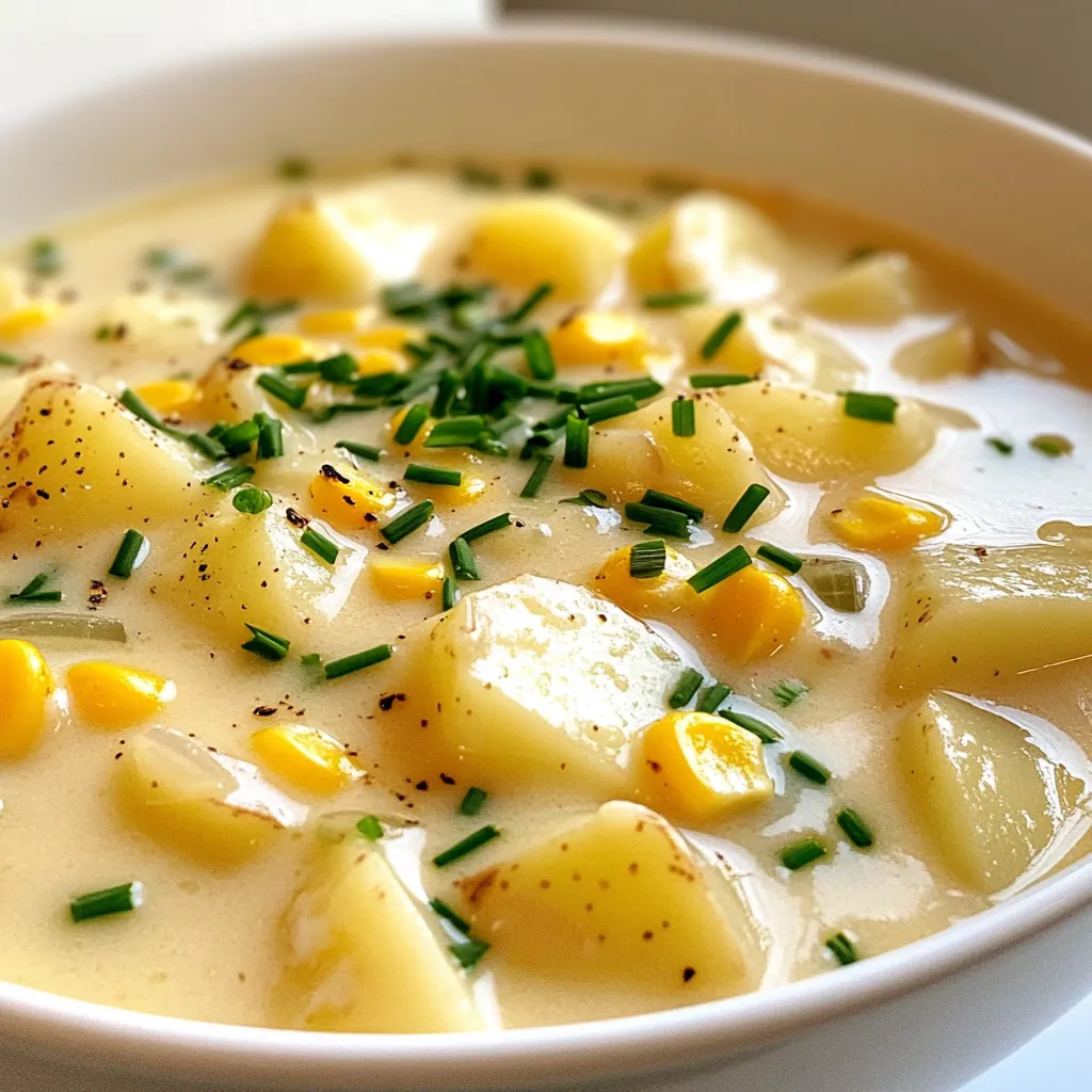 - 4 medium potatoes, peeled and diced into bite-sized cubes - 1 cup frozen corn kernels (use fresh if available for peak flavor) - 1 medium onion, finely chopped - 3 cloves garlic, minced - 2 cups vegetable broth (homemade or store-bought) - 1 cup heavy cream (substitute coconut milk for a dairy-free option) - 1 teaspoon dried thyme, or 1 tablespoon fresh thyme for enhanced flavor - 1 teaspoon smoked paprika for a subtle smoky taste - Salt and black pepper, to taste - 2 tablespoons olive oil for sautéing - Fresh chives or parsley, finely chopped, for garnish If you want to switch things up, here are some ideas. You can use chicken broth instead of vegetable broth for a richer flavor. If you need this dish to be dairy-free, coconut milk works great. For the potatoes, you can use sweet potatoes for a unique twist. Instead of chives or parsley, try cilantro for a fresh taste. When choosing your potatoes, look for firm ones with smooth skin. Avoid any that feel soft or have dark spots. For onions, choose ones that feel heavy and have dry, papery skin. Fresh corn should be bright and plump. If you can, smell the corn; it should have a sweet scent. For herbs, look for vibrant colors and no wilting. Fresh ingredients make your chowder taste even better! Start by peeling and dicing 4 medium potatoes into bite-sized cubes. This helps them cook evenly. Next, finely chop 1 medium onion and mince 3 cloves of garlic. These will add great flavor to your chowder. If you have fresh corn, use it instead of frozen. One cup of frozen corn kernels works too. Gather all your ingredients so you can easily access them. In a skillet, heat 2 tablespoons of olive oil over medium heat. Once hot, add your chopped onion and minced garlic. Sauté for about 5 minutes until the onion is soft and fragrant. This step builds a base of flavor. Now, transfer the sautéed mix to your slow cooker. Add the diced potatoes, corn, and pour in 2 cups of vegetable broth. Season with 1 teaspoon of dried thyme, 1 teaspoon of smoked paprika, and salt and black pepper to taste. Stir everything together, then cover your slow cooker. Cook on low for 6 hours or on high for 3 hours. The chowder is ready when the potatoes are tender. After the cooking time, use a potato masher to mash some of the potato cubes right in the chowder. This will make it creamy while keeping some chunks for texture. Next, stir in 1 cup of heavy cream or coconut milk for a dairy-free option. Cover again and let it cook for another 30 minutes on low. This warms the chowder and blends the flavors. Check the seasoning once more. Adjust with more salt and pepper if needed. Now, your chowder is ready to serve! Sautéing adds depth to your chowder. Start by heating olive oil in a skillet. Use medium heat to avoid burning. Add the onion first. Cook it for about 5 minutes, until it turns soft and clear. This brings out its natural sweetness. Then, add minced garlic. Stir it for just a minute. Garlic burns quickly, so don't walk away! This step builds the base flavor for your chowder. For a creamy chowder, mash some of the potatoes after cooking. Use a potato masher right in the slow cooker. Mashing creates a thick texture while leaving some chunks. You want it to feel hearty, not like soup. Add heavy cream or coconut milk at the end. This makes the chowder extra rich and smooth. If it’s too thick, add a splash of broth. Adjust until you reach your desired consistency. To make your chowder pop, consider adding fresh herbs. Thyme is great, but try adding parsley or dill. These herbs brighten the taste. Smoked paprika is a must for a hint of smokiness. If you like heat, add a pinch of cayenne or red pepper flakes. For a sweeter note, toss in a diced bell pepper when sautéing. These tweaks will elevate your chowder to the next level. {{image_4}} You can easily make this chowder vegan. Simply swap the heavy cream with coconut milk. This change keeps it creamy and adds a subtle sweetness. Use vegetable broth to ensure a rich flavor. You can also add soaked cashews for an extra creamy texture. Blend them with some broth before adding to the slow cooker. Want to kick up the flavor? Add a diced carrot or celery. Both add a nice crunch and sweetness. You can also toss in a bay leaf while it cooks. Just remember to take it out before serving. For a fresh taste, consider adding a squeeze of lemon juice at the end. This contrast brightens the chowder. If you love heat, add diced jalapeños or bell peppers. Sauté them with the onion and garlic for a spicy start. You could also sprinkle in some cayenne pepper or red pepper flakes. This twist brings warmth and depth to the dish. Adjust the spice level to your liking for a perfect kick! To keep your chowder fresh, let it cool first. Pour the cooled chowder into an airtight container. Make sure to seal it tight. Store it in the fridge for up to three days. If you want to keep it longer, freezing is a great option. When you're ready to enjoy leftovers, take the chowder out of the fridge. Pour it into a pot over medium heat. Stir it often to heat evenly. If it looks too thick, add a splash of broth or cream. Heat until it’s hot, but don’t boil it. For freezing, let the chowder cool completely. Use a freezer-safe container or bag. Leave some space at the top for expansion. The chowder can stay good in the freezer for about three months. When you’re ready to eat it, thaw it in the fridge overnight. Then, reheat it on the stove as described above. Enjoy your delicious chowder anytime! Yes, you can use fresh corn. Fresh corn adds a sweet and bright taste. To use it, simply cut the kernels off the cob. You need about one cup of fresh corn for this recipe. If you want a thicker chowder, you have a few options. You can mash more of the potato cubes. This adds creaminess without any extra ingredients. Another way is to add a cornstarch slurry. Mix one tablespoon of cornstarch with two tablespoons of water. Stir this into the chowder and let it cook for a few minutes. Yes, you can make this chowder on the stovetop. Start by sautéing the onion and garlic in a pot. Then add the potatoes, corn, broth, thyme, and paprika. Bring it to a boil, then reduce the heat to a simmer. Cook for about 30 to 40 minutes, or until the potatoes are soft. Finally, stir in the cream and warm it through before serving. This blog covered how to make creamy potato corn chowder. We looked at key ingredients, including fresh substitutions, to enhance your dish. I shared tips on cooking and achieving the perfect consistency. You also learned about fun variations, like vegan options and spicy twists. Finally, I explained how to store leftovers and answered common questions. I hope these insights help you enjoy making this tasty chowder. Happy cooking!