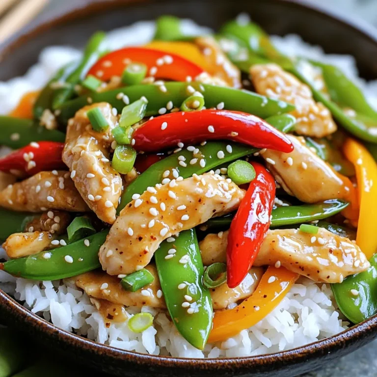 To make this tasty dish, gather these key ingredients: - 500g chicken breast, thinly sliced - 1 tablespoon olive oil - 4 garlic cloves, minced - 1 red chili, sliced (adjust to heat preference) - 1 bell pepper (red or green), sliced into strips - 1 cup snap peas, trimmed - 3 tablespoons low-sodium soy sauce - 1 teaspoon sesame oil - 1 tablespoon honey - Salt and pepper to taste - Cooked rice or noodles (for serving) These ingredients combine to create a stir fry that is quick and full of flavor. You can enhance your dish with some fun extras: - Sesame seeds for crunch - Sliced green onions for freshness - Chopped cilantro for a burst of flavor - Lime wedges for a zesty touch These garnishes add color and flavor, making your meal even more inviting. Serve your stir fry with these sides for a complete meal: - Steamed jasmine rice for a classic touch - Noodles for a heartier option - A fresh salad to balance the meal These side dishes work well and complement the stir fry's bold flavors. Enjoy your cooking! - Start with 500g of chicken breast. Thinly slice it. - Mince 4 garlic cloves. - Slice 1 red chili. Adjust it for your heat level. - Slice 1 bell pepper into strips. Use red or green. - Trim 1 cup of snap peas. 1. Heat 1 tablespoon of olive oil in a large frying pan or wok over medium-high heat. 2. When the oil is hot, add the minced garlic and sliced chili. Stir-fry for about 30 seconds. The garlic should turn lightly golden. 3. Raise the heat to high and add the thinly sliced chicken. Stir-fry for 4-5 minutes. The chicken should be browned and no longer pink. 4. Add the sliced bell pepper and snap peas to the pan. Stir-fry for 2-3 minutes. The veggies should be bright and slightly tender but still crisp. 5. In a small bowl, mix 3 tablespoons of low-sodium soy sauce, 1 teaspoon of sesame oil, and 1 tablespoon of honey. Whisk until blended. 6. Pour the sauce over the chicken and veggies. Stir well to coat them evenly. 7. Cook for an additional 1-2 minutes. This lets the sauce thicken a bit. Add salt and pepper to taste. 8. Remove from heat and serve it hot over cooked rice or noodles. - Prepare all your ingredients before you start cooking. This saves time. - Keep the heat high while cooking. This helps to keep the chicken juicy. - Stir often to prevent burning and to cook everything evenly. - For a colorful plate, arrange the stir fry in deep bowls. Garnish with sesame seeds and sliced green onions. Enjoy your meal! To balance flavors in Garlic Chili Chicken Stir Fry, use the right amount of each ingredient. The garlic gives a strong aroma. The red chili adds heat, so adjust it to your taste. Use low-sodium soy sauce to keep it savory without being too salty. Honey adds a nice sweetness. Mix these well for a tasty dish. You want each bite to have a hint of sweetness, saltiness, and heat. One common mistake is overcooking the chicken. Cook it until it's just done. If you leave it too long, it can become dry. Also, don’t neglect the vegetables. Stir-fry them until they are bright and crisp. If you cook them too much, they lose their crunch. Lastly, make sure your oil is hot before adding ingredients. This step helps to sear the chicken and keep it juicy. For this stir fry, a large frying pan or wok works best. A wok allows for even cooking and space for all the ingredients. Make sure to have a good spatula. It helps to stir everything well without breaking the chicken. A sharp knife makes slicing the chicken and veggies easy. Finally, have a mixing bowl ready for combining sauces. This way, you can pour the sauce evenly over the stir fry. {{image_4}} You can change the heat of your garlic chili chicken stir fry. If you like it spicy, add more sliced red chili. For a milder dish, use less chili or remove the seeds. You can also add a dash of chili flakes for extra kick. If you want a sweet note, mix in some sweet chili sauce. This lets you control the spice to match your taste. Chicken breast is great, but you can swap it out for other proteins. Try thin slices of beef, pork, or shrimp. These proteins will cook quickly and absorb the flavors well. For a healthier option, use turkey breast. You can also use tofu for a meatless choice. Just be sure to press the tofu to remove excess water before cooking. To make this dish vegetarian or vegan, replace the chicken with tofu or tempeh. Use low-sodium vegetable broth instead of soy sauce for a lighter flavor. Add more colorful veggies like carrots or broccoli for nutrients. You can also add cashews or peanuts for crunch. This keeps the dish filling while being plant-based. To store leftover Garlic Chili Chicken Stir Fry, place it in an airtight container. Make sure it cools down first. You can keep it in the fridge for up to three days. If you want to keep it longer, consider freezing it. Just remember to label your container with the date. When you are ready to eat your leftovers, reheating is easy. You can use a microwave or a pan. For the microwave, heat it for two to three minutes. Stir halfway through to ensure even heating. If using a pan, heat on medium heat until warm, stirring often. This keeps the chicken and veggies nice and juicy. If you plan to freeze the stir fry, let it cool completely first. Then, transfer it to a freezer-safe bag or container. Remove as much air as possible to prevent freezer burn. You can freeze it for up to three months. When you're ready to eat, thaw it overnight in the fridge before reheating. Yes, you can prepare this stir fry ahead of time. Cook the chicken and veggies, then store them in the fridge. Keep the sauce separate until you reheat the meal. This keeps the dish fresh and tasty. When you are ready to eat, heat it up and add the sauce. It will taste just as good! You can use several options in place of chicken. Tofu is a great choice for a vegetarian meal. Shrimp or beef also work well if you want a different protein. Just make sure to adjust the cooking time. Cook shrimp for about 3-4 minutes, and beef needs around 5-7 minutes, depending on thickness. To change the spice level, you can adjust the amount of chili. If you want it milder, use less chili or remove the seeds. For more heat, add extra chili or try a pinch of red pepper flakes. You can also add hot sauce to the stir fry at the end for an extra kick. This blog covered how to make Garlic Chili Chicken Stir Fry from start to finish. We explored key ingredients, step-by-step cooking, and tips for success. I shared ways to tweak flavors, avoid common errors, and offered side ideas. In the end, stir fry is versatile and easy to love. With these tips, you can create a dish that suits your taste perfectly. Enjoy your cooking journey and savor every bite!