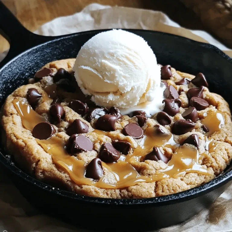 To make a Caramel Chocolate Chip Skillet Cookie, you will need the following ingredients: - 1 cup unsalted butter, softened to room temperature - 1 cup packed brown sugar - 1/2 cup granulated sugar - 2 large eggs, at room temperature - 2 teaspoons pure vanilla extract - 2 1/4 cups all-purpose flour - 1 teaspoon baking soda - 1/2 teaspoon fine sea salt - 1 cup semi-sweet chocolate chips - 1/2 cup caramel bits (or soft caramel candies, roughly chopped) - Flaky sea salt for finishing These ingredients create a rich and gooey cookie. The butter gives a soft texture, while the sugars add sweetness. The eggs help bind everything together, and the vanilla gives a warm flavor. Flour and baking soda create the cookie base, while sea salt balances the sweetness. The chocolate chips and caramel bits bring a delightful mix of flavors. - Preheat the oven to 350°F (175°C). This helps the cookie bake evenly. - In a large bowl, cream together 1 cup of softened butter, 1 cup of brown sugar, and 1/2 cup of granulated sugar. Mix until fluffy. - Next, add 2 large eggs, one at a time. Beat well after each egg. Then, mix in 2 teaspoons of pure vanilla extract until smooth. - In another bowl, whisk together 2 1/4 cups of all-purpose flour, 1 teaspoon of baking soda, and 1/2 teaspoon of fine sea salt. This blends the dry elements well. - Carefully fold in 1 cup of semi-sweet chocolate chips and 1/2 cup of caramel bits. Use a spatula to mix gently. - Transfer the dough to a well-greased cast-iron skillet. Spread it evenly using the spatula. - Bake in the preheated oven for 25-30 minutes. Look for golden edges while the center remains soft. - Once done, cool the cookie in the skillet for about 10 minutes. Before serving, sprinkle a pinch of flaky sea salt on top. This adds a nice touch! To bake your caramel chocolate chip skillet cookie just right, timing is key. I suggest setting your timer for 25 minutes. This way, you can keep an eye on it. The edges should turn a nice golden brown. The center must still look a bit soft. It will firm up while cooling. To check if it's done, gently poke the center with your finger. If it springs back, it's ready. If it leaves a dent, give it a few more minutes. Trust me; this step saves you from a gooey mess! Want to add a twist? Consider mixing in chopped nuts like pecans or walnuts. They add a nice crunch. You could also try different extracts. Almond or hazelnut extracts bring unique flavors. For serving, I recommend a big scoop of vanilla ice cream on top. The cold ice cream melts into the warm cookie, creating a dreamy dessert. You could even drizzle extra caramel sauce for added sweetness. One common mistake is overmixing the dough. This can make your cookie tough. Mix until the flour just disappears, then stop! Another pitfall is baking at the wrong temperature. Too high can burn the edges, while too low makes it flat. Always use an oven thermometer if you’re unsure. Keeping it at 350°F (175°C) is the sweet spot for this skillet cookie. {{image_4}} You can change some ingredients for your skillet cookie. For sweetness, swap regular sugar with coconut sugar. This gives a nice, rich flavor. If you need gluten-free options, use almond flour or a gluten-free blend. Both will work well and keep the cookie tasty. Mix up your chocolate! Dark chocolate adds a bold taste, while white chocolate makes it sweet and creamy. You can also add spices for extra flavor. A pinch of cinnamon can give warmth and depth. Just a little can change the whole cookie! Want to add some crunch? Toss in nuts like walnuts or pecans. They add a great texture. For a finishing touch, sprinkle flaky sea salt on top. You can also drizzle extra caramel or chocolate sauce for a sweet treat that looks amazing. To keep your caramel chocolate chip skillet cookie fresh, store it in an airtight container. This helps keep the cookie soft and moist. If you have leftover cookie, make sure to let it cool before packing it away. You can refrigerate it for up to a week. For longer storage, freeze the cookie. Cut it into slices and wrap each piece in plastic wrap. Then place them in a freezer bag. This way, you can enjoy a slice whenever you like! When it's time to enjoy your cookie again, reheat it in the oven. Preheat the oven to 350°F (175°C). Place the cookie on a baking sheet for about 5-10 minutes. This helps restore its warm, gooey texture. If you want to get fancy, add a scoop of ice cream on top when serving. You can also repurpose leftovers by crumbling them into yogurt or ice cream. This adds a sweet crunch to your dessert. Another fun idea is to make cookie sandwiches. Just spread some frosting or nut butter between two slices of the cookie. Enjoy the creativity! A skillet cookie is a large, thick cookie baked in a skillet. It has a soft center and crispy edges. This cookie is often served warm and can be enjoyed straight from the skillet. The texture is chewy and gooey, thanks to the melting chocolate and caramel bits. Yes, you can make this recipe ahead of time. Mix the dough and store it in the fridge for up to 24 hours. This helps the flavors blend well. When ready to bake, let the dough sit at room temperature for about 15 minutes. Then spread it in the skillet and bake as usual. To check for doneness, look for golden edges. The center should look set but still soft. You can also gently press the center with your finger; it should feel firm but not hard. Remember, the cookie will continue to firm up as it cools. Absolutely! You can add nuts like walnuts or pecans for a crunch. Swap out semi-sweet chocolate chips for dark chocolate or white chocolate. You can also mix in dried fruits like cherries or raisins. Get creative with your favorite flavors! This blog post covered a delicious skillet cookie recipe. We went over the needed ingredients, clear steps to make it, and tips for a perfect bake. I shared fun ways to mix it up and how to store leftovers. Remember, your skillet cookie can be a true treat! With the right care, it will shine every time you bake. Enjoy experimenting and sharing this sweet creation with loved ones. Your baking journey starts now!