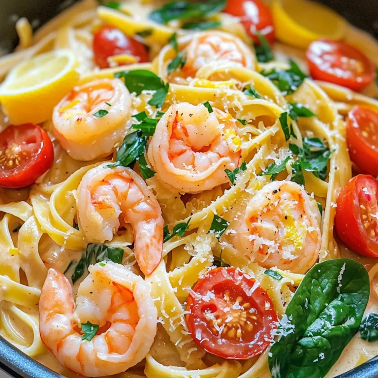 To make this tasty dish, gather these ingredients: - 12 oz. linguine or spaghetti - 1 lb. large shrimp, peeled and deveined - 4 cloves garlic, finely minced - 2 tablespoons extra virgin olive oil - 1 cup heavy cream - 1 cup low-sodium chicken broth - Zest and juice of 1 lemon - 1 cup cherry tomatoes, halved - 1 cup fresh spinach leaves - 1/2 cup grated Parmesan cheese - Salt and freshly ground black pepper to taste - Fresh parsley, chopped (for garnish) You can swap ingredients to fit diets. Here are some ideas: - Use whole wheat pasta instead of regular pasta for more fiber. - Swap shrimp for chicken or tofu for a different protein. - Use vegetable broth instead of chicken broth for a vegetarian option. - Replace heavy cream with coconut milk for a dairy-free version. - Try nutritional yeast instead of Parmesan for a vegan twist. Fresh shrimp taste great, but frozen shrimp are often just as good. They are usually frozen right after catch. This keeps their flavor and texture. When using frozen shrimp, thaw them overnight in the fridge or under cold water. Fresh shrimp can be more expensive, but they have a nice snap and flavor. Both options can work well in your creamy lemon garlic shrimp pasta. To start, heat 2 tablespoons of extra virgin olive oil in a large pot. Use medium heat. Once hot, add 4 cloves of minced garlic. Sauté for about 1 minute until it smells great. Be careful not to burn the garlic. This step adds a lot of flavor to your dish. Next, add 1 pound of peeled and deveined shrimp. Season with salt and freshly ground black pepper. Cook for 2-3 minutes. The shrimp will turn pink when done. Once cooked, take the shrimp out and set them aside. In the same pot, pour in 1 cup of low-sodium chicken broth. Add 1 cup of heavy cream, the zest, and juice of 1 lemon. Stir well and bring it to a gentle simmer. This creates a rich sauce. Add 12 ounces of linguine or spaghetti directly into the simmering sauce. Check the package for cooking time, usually 9-11 minutes. Stir occasionally to keep the pasta from sticking. Cook until the pasta is al dente. Once your pasta is cooked, fold in 1 cup of halved cherry tomatoes, 1 cup of fresh spinach, and the cooked shrimp. Mix it all together. The spinach will wilt in just 1-2 minutes. This step adds color and nutrition. Taste your dish and adjust seasoning. You might want more salt, pepper, or lemon juice for extra flavor. Serve your creamy lemon garlic shrimp pasta hot. Garnish with freshly chopped parsley for a beautiful finish. To cook shrimp perfectly, be mindful of their color. They should look pink and opaque. Avoid overcooking them, as they can become rubbery. Cooking for 2-3 minutes should be enough. Always remove them from the heat when they are just done. This keeps them tender and juicy. For a creamy sauce, the right ratio of chicken broth to cream is key. Use 1 cup of each. This balance helps create a rich texture. Stir well as the sauce simmers. The heat helps the sauce thicken. If it’s too thick, add a splash of chicken broth. If it’s too thin, let it simmer a bit longer. The goal is a smooth, luscious sauce that clings to the pasta perfectly. To make this creamy lemon garlic shrimp pasta, you need some key tools: - Large pot or deep skillet - Cutting board - Sharp knife - Measuring cups and spoons - Wooden spoon or spatula - Serving plates These tools will help you cook efficiently and serve the dish nicely. When cooking shrimp pasta, watch out for these common mistakes: - Overcooking shrimp: Cook shrimp for just 2-3 minutes until pink. - Burning garlic: Sauté garlic for only 1 minute to avoid bitterness. - Not salting the pasta water: This adds flavor to the pasta. - Adding shrimp too early: Cook shrimp last to keep them tender. Avoiding these mistakes will help you create a perfect dish every time. To add more flavor to your pasta, consider these herbs and spices: - Fresh basil: Adds a sweet aroma. - Red pepper flakes: Gives a nice heat. - Dried oregano: Adds depth and earthiness. - Fresh thyme: Offers a subtle, herbal note. Feel free to experiment with these to make your dish unique! {{image_4}} If you want a meat-free meal, switch the shrimp for firm tofu or chickpeas. Both add protein and texture. Use coconut cream or a vegan cream substitute for the sauce. You can still enjoy the lemon and garlic flavors. Just remember to sauté the garlic in olive oil before adding it to the cream. While linguine or spaghetti are great, other pasta types work too. Fusilli, penne, or even gluten-free pasta can all shine in this dish. Choose what you like best or what you have on hand. The key is to cook it until it's al dente. This way, it will soak up the creamy sauce perfectly. Boost the health of your meal by adding more veggies. Spinach is great, but you can also add zucchini, bell peppers, or broccoli. Just chop them small and toss them in with the pasta. This increases the vitamins and makes the dish even more colorful. You can enjoy a tasty meal while being healthy too! To keep your One-Pot Creamy Lemon Garlic Shrimp Pasta fresh, store it in an airtight container. Make sure it cools down to room temperature first. Then, place it in the fridge. It’s best to eat leftovers within three days. If you wait too long, flavors may change. When you’re ready to reheat, use the stove for the best results. Heat in a pan over medium-low heat. Add a splash of chicken broth or a bit of cream to keep it creamy. Stir often to avoid burning. If you use a microwave, cover the bowl to keep moisture in. Heat in short bursts, stirring in between. You can freeze this pasta, but it’s best to do so without the shrimp. Cooked shrimp can turn rubbery when frozen. Cool the pasta and sauce completely, then place in a freezer-safe container. It should last up to three months. When ready to eat, thaw in the fridge, then reheat on the stove. Yes, you can make this recipe ahead of time. Cook the pasta and shrimp. Then, mix them with the sauce just before serving. This keeps the pasta fresh and tasty. Store everything in the fridge for up to two days. Reheat gently in a pan on low heat. This helps avoid overcooking the pasta and shrimp. If your pasta is overcooked, you can try a few tricks. First, drain the pasta and rinse it under cold water. This stops the cooking process. Next, quickly reheat it in a pan with a bit of olive oil. This can help revive its texture. Adding sauce can also help hide the softness. Yes, you can use different types of cream. Half-and-half works well for a lighter option. You can also try coconut cream for a dairy-free choice. Keep in mind that the flavor and texture may change slightly. Adjust the amount to get the creaminess you want. This blog post covered how to make One-Pot Creamy Lemon Garlic Shrimp Pasta. We explored important ingredients, cooking steps, and tips for success. You learned about shrimp choices, substitutions, and variations to fit your needs. Remember, the right tools and methods make a big difference. Try adding more veggies or changing the pasta. With practice, you can create a dish that impresses and warms anyone's heart. Enjoy your cooking journey!