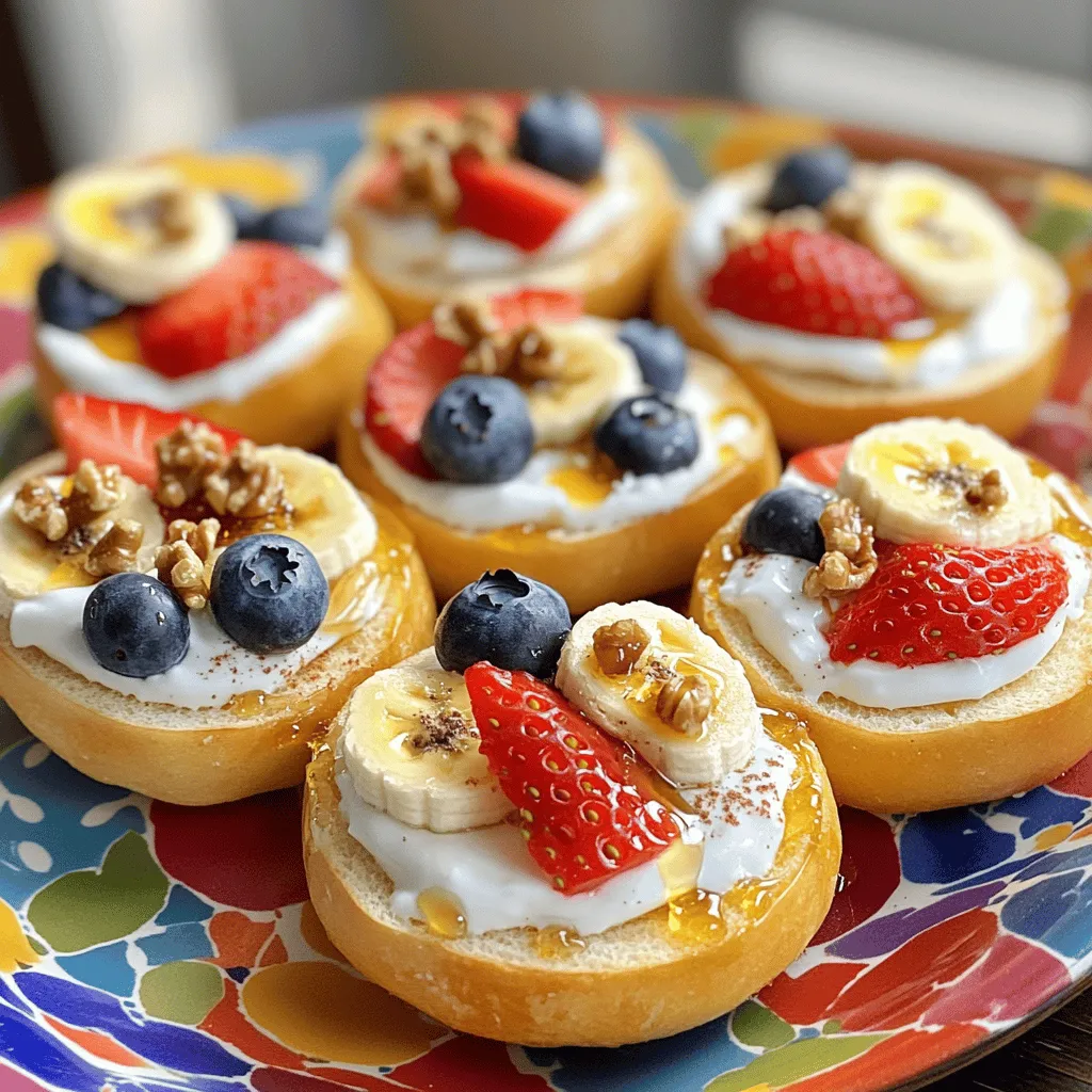 - 4 mini bagels - 1 cup creamy Greek yogurt - 2 tablespoons pure honey - 1 teaspoon pure vanilla extract - 1/4 teaspoon ground cinnamon - Assorted fresh fruits (sliced strawberries, blueberries, banana wheels) - Chopped nuts (walnuts, almonds) - Optional toppings (chia seeds, shredded coconut, crunchy granola) Each serving has about 150 calories. - Protein: 8 grams - Fats: 3 grams - Carbohydrates: 25 grams Greek yogurt offers many health perks. It is high in protein and low in fat. It helps with digestion and supports muscle health. Plus, it keeps you full longer. The fruits add vitamins, and nuts add healthy fats. Enjoying these bagel bites is tasty and smart for your body! - Preheat the oven to 350°F (175°C). - Arrange split bagel halves on a baking sheet. First, I set my oven to 350°F (175°C). This helps the bagels bake evenly. Next, I take my mini bagels and split them in half. I lay them cut-side up on a baking sheet. I like to use parchment paper to stop them from sticking. - Combine Greek yogurt, honey, vanilla, and cinnamon. - Whisk until smooth. In a medium bowl, I mix together the Greek yogurt, honey, vanilla, and ground cinnamon. I use a whisk to blend everything. It should be smooth and creamy. This mixture is the star of our bagel bites. - Spread yogurt mixture on bagel halves. - Add fruits and nuts as toppings. - Bake for 10-12 minutes. Now comes the fun part! I take the yogurt mix and spread it on each bagel half. I like a thick layer for a rich taste. Then, I choose my favorite fruits, like sliced strawberries and blueberries, to add on top. I also sprinkle chopped nuts for crunch. Finally, I slide the baking sheet into the oven. I bake them for 10-12 minutes until the edges are crisp. After that, I let them cool for a minute. Enjoying these bagel bites is a treat! To get the best yogurt mix, use creamy Greek yogurt. You want it thick but smooth. If it feels too thick, add a tiny bit of milk to thin it out. For sweetness, add more honey if you like it sweeter. You can also try maple syrup or agave as alternatives. To make your bagels crispy, bake them on a parchment-lined tray. It helps avoid sticking and makes clean-up easy. Set your oven to 350°F (175°C) and preheat it well. Bake for about 10-12 minutes until the edges are golden. For a fun look, arrange the bagel bites on a bright platter. Drizzles of honey add shine. You can also sprinkle some fresh mint leaves on top for a lovely touch. Pair these bites with a refreshing drink like herbal tea or sparkling water for a great snack experience. {{image_4}} You can change the flavor of your Greek yogurt bagel bites easily. Try different yogurt flavors like vanilla, strawberry, or even lemon. Each yogurt gives a new taste. If you want a sweeter touch, use maple syrup or agave instead of honey. For seasonal fun, use fruits that match the time of year. Think fresh peaches in summer or warm apples in fall. Mixing flavors keeps these bites exciting! If you need a gluten-free option, look for gluten-free mini bagels. Many brands offer tasty choices. For a vegan twist, use coconut yogurt or almond yogurt. You can swap honey with agave or maple syrup to keep it plant-based. These swaps help everyone enjoy this snack without missing out. Scaling the recipe is simple. Just double or triple the ingredients for a bigger group. You can create mini versions too. Use smaller bagels or cut regular ones into quarters. Mini bagel bites make great appetizers for parties. They’re easy to grab and eat, making them perfect for sharing. To store leftover Greek yogurt bagel bites, place them in an airtight container. This keeps them fresh and tasty. Make sure to seal it tightly. You can store them in the fridge for up to three days. After that, the bagels may become soggy or lose their flavor. Enjoy them warm for the best taste! If you want to save some bagel bites for later, you can freeze them. First, let the bagel bites cool completely. Then, wrap each bite in plastic wrap. Place them in a freezer-safe bag or container. They will keep well for about one month. When you're ready to eat, take them out and thaw them in the fridge overnight. To reheat, place them in the oven at 350°F (175°C) for about 10 minutes. This warms them up nicely. Storing Greek yogurt correctly is key to keeping it fresh. Always keep it in the fridge. Make sure the lid is tightly closed. It should last about one to three weeks. For fresh fruits, store them in the fridge too. Keep berries in their original containers. Bananas and other fruits do best at room temperature. As for nuts, keep them in a cool, dry place. An airtight container helps keep them crunchy. - Preheat your oven to 350°F (175°C). - Split 4 mini bagels in half and place them cut-side up on a baking sheet. - In a bowl, mix 1 cup of Greek yogurt, 2 tablespoons of honey, 1 teaspoon of vanilla, and 1/4 teaspoon of cinnamon until smooth. - Spread the yogurt mix on each bagel half. - Top with fresh fruits and chopped nuts. - Bake for 10-12 minutes until warm and crisp. Making these bagel bites is quick and fun! You can pick your favorite fruits and nuts. This makes each bite a little different and very tasty. Yes, you can use regular yogurt, but the texture will change. Greek yogurt is thicker and creamier. It adds a rich taste. Regular yogurt is thinner and may not stay on the bagels as well. If you use regular yogurt, try straining it to make it thicker. You can also add a bit more honey for sweetness since regular yogurt is less rich. Greek yogurt bagel bites last about 3 days in the fridge. Store them in an airtight container. This keeps them fresh longer. If you want them to stay crisp, eat them soon after baking. The bagels may get soft after a day or two. If you plan to make them ahead, store the toppings separately. This keeps everything fresh and tasty! These Greek yogurt bagel bites are simple, tasty, and healthy. We covered the key ingredients, step-by-step instructions, and storage tips. You can choose your favorite fruits and nuts to customize your snack. Experiment with different flavors and dietary options to make it your own. Snacks like these keep you satisfied and energized. Enjoy making and sharing these delightful bites!