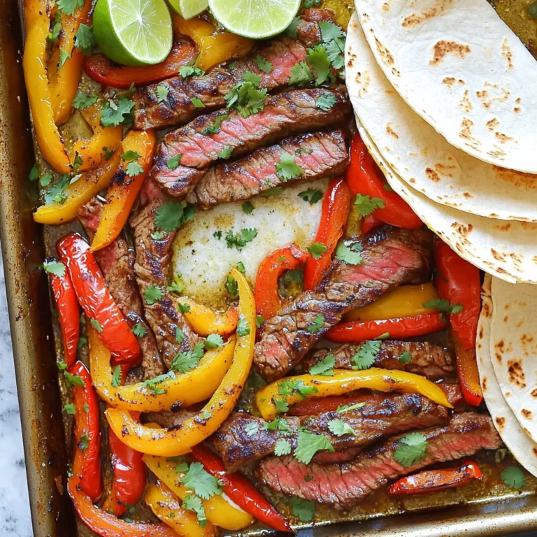 - 1 pound flank steak, cut into thin strips - 2 tablespoons unsalted butter - 1 tablespoon olive oil - 1 red bell pepper, sliced into strips - 1 yellow bell pepper, sliced into strips - 1 medium onion, sliced into thin rings - 4 cloves garlic, minced - 1 tablespoon chili powder - 1 teaspoon ground cumin - 1 teaspoon smoked paprika - Salt and freshly cracked pepper, to taste These ingredients create a tasty base for your fajitas. The flank steak gives a rich flavor and a nice chew. The bell peppers and onion add sweetness and crunch. Garlic brings a warm, savory touch, while spices enhance the overall taste. - Fresh cilantro - Lime wedges - Tortillas (flour or corn) These toppings add fresh flavor and texture to your meal. Cilantro gives a bright finish, while lime adds a zesty kick. Tortillas are essential for wrapping your delicious filling. - Sheet pan - Mixing bowl - Small saucepan Using a sheet pan allows for even cooking. A mixing bowl helps you combine all the ingredients well. A small saucepan is perfect for melting the garlic butter that adds richness to the dish. - Preheat the oven to 400°F (200°C). This helps the fajitas cook evenly. - In a large bowl, mix together the flank steak, red and yellow bell peppers, onion, and minced garlic. - Add chili powder, ground cumin, smoked paprika, salt, and pepper to the bowl. - Drizzle olive oil over the mixture and toss it well. Make sure everything is coated with the spices. - Transfer the mixed steak and vegetables to a large sheet pan. Spread them out evenly. - In a small saucepan, melt the unsalted butter over medium heat. Once melted, reduce the heat. - Drizzle the garlic butter over the steak and veggies. This adds rich flavor to each bite. - Place the sheet pan in the oven and roast for 20 to 25 minutes. Stir halfway through. This helps with even cooking. - When done, remove the pan from the oven and let it rest for a few minutes. - Warm your tortillas while the fajitas rest. Serve the steak mixture in the tortillas. - Garnish with fresh cilantro and add lime wedges for extra zest. Enjoy your tasty meal! To cook steak just right, timing is key. For medium-rare, aim for about 20 minutes in the oven. This gives you a juicy and tender bite. For medium, cook a few minutes more, up to 25 minutes. Always let your steak rest for 5 minutes after it comes out. This helps the juices settle, making it more flavorful. You want your veggies to be tender but still crisp. To do this, cut them into uniform pieces. This helps them cook evenly. Roast bell peppers and onions together for a sweet and smoky taste. You can also try adding zucchini or mushrooms for extra fun. Want to kick up the taste? Consider adding more spices. A dash of cayenne pepper can give your fajitas a nice kick. You can also marinate the steak ahead of time for deeper flavor. A simple mix of lime juice and garlic works wonders. {{image_4}} You can switch up the protein in this dish. Chicken is a great choice. Just slice it into strips like the steak. Shrimp also works well. Cook shrimp for less time, as they cook fast. For a vegetarian option, try plant-based proteins. Tofu or tempeh are both tasty choices. Just make sure to marinate them for flavor. Want to spice things up? Add jalapeños for a kick. You can slice them thin and mix them in with the other veggies. If you want a global flair, try different seasoning blends. Use taco seasoning for a classic taste. Or go for a Cuban twist with adobo spices. Each option brings a new taste to your fajitas. Fajitas are fun to serve in creative ways. You can make fajita bowls by layering everything over rice. This adds a filling base. Another idea is to use them for nachos. Spread tortilla chips on a plate and top with the fajita mixture. Add cheese and bake until melted. Your family will love these fun twists! To keep your sheet-pan garlic butter steak fajitas fresh, store them in an airtight container. Let them cool to room temperature before sealing. This helps prevent moisture buildup. You can keep them in the fridge for up to three days. If you want to enjoy them later, make sure to label your container with the date. When you're ready to eat your leftovers, the best method is to use the oven. Preheat your oven to 350°F (175°C). Place the fajitas on a baking sheet and cover them with aluminum foil. This keeps them from drying out. Heat for about 10 to 15 minutes, or until warmed through. You can also use a microwave, but the oven keeps the steak and veggies better. Freezing your fajitas is a great option for longer storage. First, let them cool completely. Then, place the fajitas in a freezer-safe bag or container. Squeeze out as much air as possible to prevent freezer burn. You can freeze them for up to three months. When you're ready to eat, thaw them in the fridge overnight before reheating. The best cut of steak for fajitas is flank steak. It is thin and flavorful. Other good choices are skirt steak and sirloin. Flank steak cooks quickly and stays juicy. Skirt steak has a rich taste and works well too. Sirloin is lean and tender. Choose any of these cuts for tasty fajitas. Yes, you can make steak fajitas ahead of time. To prep, cook the steak and veggies as normal. Let them cool and store in an airtight container. You can keep them in the fridge for up to three days. When ready to serve, simply reheat in a pan on low heat. This keeps the flavors fresh and delicious. To check if steak is done, use a meat thermometer. For medium-rare, the internal temperature should be 135°F (57°C). For medium, aim for 145°F (63°C). For medium-well, go for 150°F (66°C). Always let steak rest for a few minutes after cooking. This helps the juices stay in the meat. You learned about making delicious steak fajitas using simple steps and fresh ingredients. We covered key ingredients, cooking tips, and how to store leftovers. Remember, you can customize fajitas with different proteins and spices. This dish is not just a meal; it's an experience. Enjoy your cooking journey and the tasty results. With practice, you’ll master fajitas that impress everyone. Happy cooking!