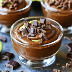 - 2 ripe avocados, peeled and pitted - 1/2 cup unsweetened cocoa powder - 1/3 cup maple syrup or honey - 1/4 cup almond milk (or any milk of your choice) - 1 teaspoon pure vanilla extract - A pinch of sea salt - Shavings of dark chocolate or cocoa nibs for garnish For this creamy and delightful avocado chocolate mousse, each ingredient plays a key role. The ripe avocados are the star, giving a rich and smooth texture. The unsweetened cocoa powder adds the deep chocolate flavor we all love. Sweeteners like maple syrup or honey balance the flavors perfectly. Using almond milk makes the mousse silky and light. If you prefer, you can swap it with any milk you enjoy. The pure vanilla extract enhances the taste, making every bite even better. A pinch of sea salt helps to lift all the flavors. Finally, garnishing with dark chocolate shavings or cocoa nibs adds a nice crunch and makes your dessert look fancy. Each ingredient works together to create a delicious treat that feels indulgent yet healthy. Start with two ripe avocados. Peel and pit them carefully. The ripe avocados form the creamy base of your mousse. Use a sharp knife to remove the pit. Then, scoop the flesh into your food processor. Next, measure out your cocoa powder. You need half a cup for rich chocolate flavor. Also, measure one-third cup of maple syrup or honey for sweetness. This will balance the cocoa's bitterness. Then, pour in one-quarter cup of almond milk or any milk you like. This helps create a smooth texture. Add the cocoa powder to the food processor with the avocados. Then, pour in your maple syrup or honey. Next, add the almond milk. This mix of dry and wet ingredients is essential for the mousse. Now, enhance the flavor with one teaspoon of pure vanilla extract. A pinch of sea salt helps balance the sweetness. It brings out the rich chocolate flavor. Close the lid on the food processor. Blend all the ingredients together. Stop occasionally to scrape down the sides. This ensures everything mixes well. Taste the mousse after blending. If it needs more sweetness, add extra maple syrup or honey. If it feels too thick, add more almond milk. Blend again until you reach the right texture. Scoop the smooth mousse into your serving bowls. Fill them generously, as this treat is rich and satisfying. Place the bowls in the fridge for at least 30 minutes. Chilling helps the mousse firm up and lets the flavors mix well. Before serving, garnish with dark chocolate shavings or cocoa nibs. This adds a nice crunch and extra chocolatey goodness. Enjoy this creamy delight! To get the best mousse, start with ripe avocados. They should feel soft but not mushy. Ripe avocados blend smoothly, giving you that creamy texture we want. When using a food processor, blend the avocados first until smooth. This step is key for a velvety mousse. You can change the sweetness in this recipe. Maple syrup and honey are great options. Try using agave or stevia if you want a lower-calorie choice. Adding a pinch of sea salt makes the flavors pop. A splash of pure vanilla extract adds warmth to the taste, making it even better. Presentation is fun and easy! Layer the mousse with fresh berries in clear glasses. It looks beautiful and adds a fruity taste. For a special touch, use mint leaves as a garnish. You can also sprinkle dark chocolate shavings or cocoa nibs on top for extra crunch and flair. {{image_4}} You can change the taste of your mousse with fun flavors. Try adding spices like cinnamon for warmth or cayenne for a kick. These spices add depth and make your dessert special. You can also mix in nut butters, like almond or peanut butter, to create a richer flavor. This twist makes the mousse even creamier and adds healthy fats. If you want a vegan mousse, you can swap out the sweeteners and milk. Use agave syrup instead of honey, and choose coconut or soy milk instead of almond milk. This way, everyone can enjoy the treat. For those with nut allergies, simply use oat or rice milk in place of almond milk. This keeps the mousse safe and tasty for all. Your mousse pairs well with many desserts or snacks. Try serving it with fresh fruit like strawberries or raspberries for a refreshing contrast. You can also layer it with granola for added crunch. For festive occasions, consider using fancy glasses and adding a sprig of mint on top. This makes your mousse look as good as it tastes! To keep your avocado chocolate mousse fresh, use airtight containers. Glass containers work great. They keep flavors in and other smells out. Make sure to seal them tightly. This helps prevent the mousse from browning. Store the mousse in the fridge. The cool temperature keeps it creamy. Avoid leaving it out for long. Heat can change its texture and taste. Your mousse should last about three days in the fridge. After that, its quality may drop. Check for any signs of spoilage. If the mousse smells off or has changed color, it’s time to toss it. Trust your senses; they guide you well. If your mousse thickens too much, you can refresh it. Just add a bit more almond milk. Blend it again until it’s smooth. If you have leftovers, think of ways to reuse them. You can layer the mousse with yogurt or fresh fruit. It makes a fun dessert! Yes, you can use ripe bananas. However, they will change the taste. Bananas are sweeter and more fruity. Avocados have a creamy texture, while bananas are softer. Nutritional comparisons: - Ripe avocados are high in healthy fats. - Bananas are rich in potassium and fiber. - If you want healthy fats, stick with avocados. Flavor and texture differences: - Avocados give a rich, creamy taste. - Bananas add sweetness and a fruity flavor. - The mousse will have a different feel. Yes, it is healthy. It has good fats, fiber, and antioxidants. This mousse uses natural sweeteners like maple syrup or honey. Breakdown of health benefits: - Avocados help heart health with their fats. - Cocoa powder has antioxidants that fight free radicals. - Maple syrup or honey provides vitamins and minerals. Comparison to traditional chocolate mousse: - Traditional mousse uses heavy cream and sugar. - Avocado mousse has fewer calories and more nutrients. - It’s a guilt-free dessert that still tastes great. Look for a few signs when buying avocados. A ripe avocado feels slightly soft when you press it gently. Tips for choosing avocados at the store: - Choose firm avocados if you plan to use them later. - If they feel soft, they are likely ripe now. - Darker skin usually means they are ripe. Signs of ripeness to look for at home: - Press gently; it should give slightly. - If it feels mushy, it is overripe. - Store them at room temperature to ripen. This mousse recipe is simple and fun. You learned about the key ingredients and how to prepare them. We discussed blending techniques for the perfect texture and flavor. You also picked up tips on storage and serving ideas. Remember, this dessert is both tasty and healthy. Experiment with flavors and presentations to make it your own. Enjoy making and sharing your delicious avocado chocolate mousse!