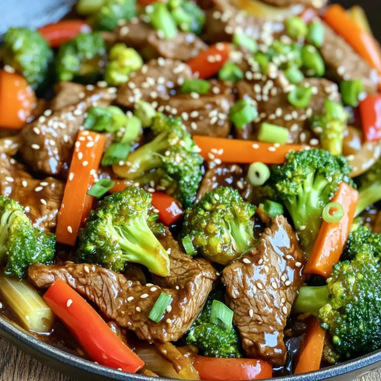 - 1 pound beef sirloin, thinly sliced against the grain - 2 tablespoons sesame oil - 1 cup broccoli florets (fresh or frozen) - 1 red bell pepper, thinly sliced - 1 small carrot, julienned or cut into matchsticks - 3 green onions, finely chopped (white and green parts separated) - 2 cloves garlic, minced - 1 teaspoon fresh ginger, grated - 1/4 cup low-sodium soy sauce - 2 tablespoons honey or maple syrup - 1 tablespoon rice vinegar - 1 tablespoon cornstarch mixed with 2 tablespoons water - Sesame seeds for garnish This recipe is simple yet packed with flavor. Each ingredient plays a key role in creating a tasty dish. I suggest using fresh ingredients for the best taste. The beef sirloin is tender and cooks quickly. The sesame oil adds a nutty flavor that enhances the dish. Broccoli, red bell pepper, and carrots give great color and texture. For the sauce, low-sodium soy sauce keeps it savory but not too salty. Honey or maple syrup adds a touch of sweetness. Rice vinegar adds a nice tang. The cornstarch slurry thickens the sauce, making it cling to the beef and veggies. Finally, a sprinkle of sesame seeds gives a lovely crunch. So gather these ingredients, and let’s get cooking! Heat a large skillet or wok over medium-high heat. Add 2 tablespoons of sesame oil. Wait until the oil is shimmering. This step is key for a good stir-fry. Next, add 1 pound of thinly sliced beef sirloin to the hot skillet. Spread it out in a single layer. Stir-fry for 2-3 minutes until the beef is browned. Once cooked, take the beef out and set it aside on a plate. In the same skillet, add 1 cup of broccoli florets, 1 thinly sliced red bell pepper, and 1 small carrot cut into matchsticks. Stir-fry these veggies for 3-4 minutes. The goal is to keep them tender yet crisp. Now, toss in 2 cloves of minced garlic and 1 teaspoon of grated ginger. Stir continuously for about 30 seconds. This will make your kitchen smell amazing! After that, pour in 1/4 cup of low-sodium soy sauce, 2 tablespoons of honey, and 1 tablespoon of rice vinegar. Mix everything well. Stir in the cornstarch slurry you made with 1 tablespoon of cornstarch and 2 tablespoons of water. Let it simmer for 2-3 minutes. The sauce will thicken and coat the beef and veggies nicely. Finally, take the skillet off the heat. Gently fold in 3 chopped green onions, mixing them into the dish. Serve it hot, garnished with sesame seeds for extra flavor and crunch. Enjoy your meal! To get the best beef, choose sirloin. Sirloin is tender and flavorful. Slice the beef against the grain. This helps make each bite easy to chew. A good slice will make all the difference. You can change up the veggies in this dish. Try adding snap peas, bell peppers, or even mushrooms. Each vegetable brings its own flavor. You can mix and match based on what you like. This way, you can make it your own! You can easily adjust the sauce to fit your taste. If you want more sweetness, add extra honey or maple syrup. For a tangy kick, increase the rice vinegar. Tasting as you go is key. This ensures the sauce is just right for you. {{image_4}} To make this dish gluten-free, swap out the soy sauce for tamari. Tamari tastes similar but has no gluten. This simple change lets you enjoy the same rich flavor without worry. Want to try something different? You can easily swap the beef for chicken, pork, or tofu. Each option brings its unique taste. Chicken gives a lighter flavor, while pork adds a slight sweetness. Tofu is perfect for a plant-based meal. Just cook it the same way as the beef. Make it a full meal by adding cooked rice or noodles. This not only adds substance but also makes the dish more filling. Simply stir in the rice or noodles at the end. It’s a quick way to boost your meal and makes it even tastier! Store any leftovers in an airtight container in the refrigerator. This keeps the beef and veggies fresh. Make sure to cool them down before sealing to prevent moisture build-up. To reheat, use a skillet over low heat. This warms the dish evenly without making it tough. You can also use a microwave until warm. Just cover it to keep moisture in. You can freeze portions in airtight bags for up to 2 months. This is great for meal prep. When ready to eat, thaw the beef in the fridge overnight before reheating. This keeps the flavors intact and tasty. Total preparation and cooking time is about 25 minutes. You get a quick meal that is delicious and satisfying. Start by prepping your ingredients. This way, you save time during cooking. Yes, just ensure the beef is thawed before slicing and cooking. Frozen beef can work well if you plan ahead. Thaw it in the fridge overnight for the best results. This keeps the meat tender and easy to slice. Serve over rice, noodles, or enjoy on its own with extra vegetables. Rice is a great base that soaks up the sauce. Noodles add a nice twist. You can even add a side of steamed veggies for more color and crunch. This blog post outlined a simple and tasty sesame teriyaki beef skillet recipe. We covered the main ingredients, including beef, fresh vegetables, and a flavorful sauce. I shared step-by-step instructions for cooking and suggested tips for perfecting your dish. Remember, you can customize it with different veggies or proteins. Whether you enjoy it as is or alongside rice, this dish is quick and satisfying. Get creative and make it your own!