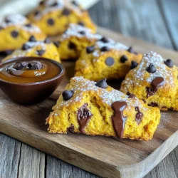 - 2 cups all-purpose flour - 1/2 cup packed brown sugar - 1 tablespoon baking powder - 1/2 teaspoon baking soda - 1/2 teaspoon salt - 1 teaspoon ground cinnamon - 1/2 teaspoon ground nutmeg - 1/4 teaspoon ground ginger - 1/2 cup unsalted butter, cold and cubed - 3/4 cup pumpkin puree - 1/4 cup heavy cream - 1 large egg - 1 cup semi-sweet chocolate chips To make pumpkin chocolate chip scones, gather all the ingredients first. This helps keep things organized. You will need flour, sugar, baking powder, and baking soda. These dry ingredients give the scones their rise. Next, add salt and spices. The salt balances the sweet. Cinnamon, nutmeg, and ginger bring warmth and flavor. Use fresh spices for the best taste. Chill your butter before using it. Cold butter makes the scones flaky. Cube the butter into small pieces. This helps it mix evenly. For the wet ingredients, you need pumpkin puree, heavy cream, and one egg. Pumpkin adds moisture and flavor. The cream gives richness, while the egg helps bind the dough. Finally, don’t forget the chocolate chips. They add sweetness and a lovely texture. Make sure to use semi-sweet chocolate for the best balance. Now you have everything ready to create these tasty treats! - Preheat oven to 400°F (200°C). - Line baking sheet with parchment paper. - Sift together dry ingredients in a large bowl. This helps mix the flour, sugar, and spices well. - Blend cold, cubed butter into dry mixture. Use a fork or your fingers to mix until it looks like coarse crumbs. This step is key for making your scones flaky. - Whisk together pumpkin puree, heavy cream, and egg. Make sure this mixture is smooth and well mixed. - Gradually combine wet and dry ingredients without overmixing. Stir gently until everything is just combined. - Fold in chocolate chips gently. This ensures even distribution without making the dough tough. - Form dough into a round disc about 1 inch thick. - Cut dough into wedges, making about 8 equal pieces. - Place the scones on the prepared baking sheet with space between each. - Bake for 18-20 minutes. Look for golden edges and a clean toothpick when done. Enjoy the process and the lovely smells that fill your kitchen! To get that perfect flaky texture, use cold butter. Cold butter keeps its shape in the dough. This helps create air pockets during baking. These pockets make the scones light and fluffy. Avoid overmixing the dough. Mix just until the ingredients come together. Overmixing can make the scones tough instead of flaky. You can enhance the flavor with spices. Besides cinnamon, nutmeg, and ginger, consider adding allspice or cloves. For a warm touch, add a splash of vanilla extract. This adds depth to the pumpkin flavor. Each spice brings its own charm, making your scones special. Serve your warm scones with pumpkin butter. The sweet and spicy flavors pair well. You can also drizzle honey over them. This adds a nice touch of sweetness. For extra fun, try a light dusting of powdered sugar. Enjoy these treats with a cup of coffee or tea for a cozy experience. {{image_4}} You can easily switch things up! Try using sweet potato or butternut squash instead of pumpkin. Both options add a different but tasty flavor. Sweet potato gives a nice sweetness. Butternut squash adds a creamy texture. These choices make the scones fun and unique. If you love chocolate, consider using white chocolate or dark chocolate chips. White chocolate adds a sweet, creamy twist. Dark chocolate brings a rich, bold taste. You can even mix chocolate types for extra fun. Each variation gives the scones its own special flair. Want a healthier scone? Use whole wheat flour instead of all-purpose flour. This change adds fiber and nutrients. You can also cut back on the sugar if you prefer. Reducing the brown sugar by a little still keeps the scones tasty. These simple swaps make your treat a bit better for you! To keep your pumpkin chocolate chip scones fresh, store them in an airtight container at room temperature. This method helps maintain their flaky texture. If you live in a humid area, I suggest wrapping each scone in plastic wrap before placing them in the container. This extra layer prevents moisture loss. If you want to keep them longer, you can refrigerate the scones. Place them in an airtight container to avoid any fridge odors. However, the cold can change their texture slightly, making them less flaky. So, only refrigerate if you plan to eat them within a few days. Freezing scones is a great way to enjoy them later. To freeze, place the baked and cooled scones on a baking sheet. Make sure they are not touching. Freeze them for about two hours until solid. Then, transfer them to a freezer-safe bag or container. Label the bag with the date for easy tracking. When you are ready to enjoy a scone, remove it from the freezer. Let it thaw in the fridge overnight, or at room temperature for a few hours. If you want a warm scone, pop it in the oven at 350°F (175°C) for about 5-10 minutes. This step will refresh the scone’s texture and flavor. Yes, you can make these scones ahead. Prepare the dough, shape it, and freeze the scones before baking. Wrap them tightly in plastic wrap. When you are ready to bake, just add a few extra minutes to the baking time. This keeps them fresh and easy to bake later. If you don't have pumpkin puree, you can use sweet potato puree or butternut squash puree. Both options work well and give a similar taste and texture. Just ensure they are smooth, like pumpkin puree, for the best results. The scones are done when they turn golden brown at the edges. Insert a toothpick into the center. If it comes out clean, they are ready. You can also gently press the tops; they should feel firm, not soft. Yes, these scones freeze well. After baking, let them cool completely. Place them in an airtight container or a freezer bag. They can last up to three months. To enjoy, simply thaw at room temperature and warm in the oven. Absolutely! You can add nuts like walnuts or pecans for crunch. Dried fruits such as cranberries or raisins also add a nice flavor. Just fold them in gently with the chocolate chips to keep the dough light. These scones are easy to make and full of flavor. We covered the ingredients, step-by-step instructions, and helpful tips. Remember to use cold butter for the best texture. Feel free to try different flavors and substitutes to fit your taste. These scones are great for sharing or enjoying at home. I hope you find joy in baking these delicious treats!