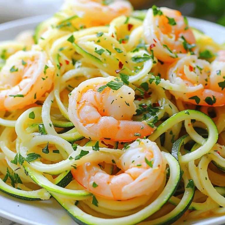 - 2 medium zucchinis, spiralized into zoodles - 1 lb large shrimp, peeled and deveined - 4 cloves garlic, finely minced - 1 lemon, zested and juiced - 2 tablespoons olive oil - 1/4 teaspoon red pepper flakes (optional) - Salt and freshly ground black pepper, to taste - Fresh parsley, chopped, for garnish These main ingredients create a fresh and light dish. Zucchinis serve as a great low-carb base. Shrimp adds protein and a lovely texture. Garlic gives a strong, tasty punch. Lemon juice brightens the whole dish, making it vibrant. - A pinch of smoked paprika - Fresh basil or oregano for herbs - Cherry tomatoes for sweetness - Grated Parmesan for a cheesy touch Adding these extra flavors can enhance your meal. Smoked paprika gives depth, while herbs add freshness. Cherry tomatoes bring a sweet burst, and cheese adds creaminess. - Choose firm zucchinis without soft spots. Fresh zucchinis have a bright color. - Look for shrimp that is firm and smells fresh. Avoid shrimp with a strong fishy odor. - Use fresh garlic for the best flavor. Dried garlic lacks the same punch. - Opt for a fresh lemon. A bright yellow lemon gives the best juice and zest. Selecting high-quality ingredients makes a big difference in taste. Freshness leads to better results, so keep this in mind when shopping. First, take your two zucchinis. Grab a spiralizer and start turning the zucchinis into zoodles. Aim for thin strands. This makes the dish light and fun. After spiralizing, place the zoodles in a colander. Let them sit for a bit. This helps drain extra water. A dry zoodle means a better dish! Next, heat a large skillet over medium-high heat. Add one tablespoon of olive oil. Season your one pound of shrimp with salt, black pepper, and red pepper flakes if you like some heat. Put the shrimp in the skillet. Cook them for about 2-3 minutes on each side. They should turn pink and opaque. Once cooked, take the shrimp out and set them aside on a plate. In the same skillet, add another tablespoon of olive oil. Toss in four cloves of finely minced garlic. Sauté for about 30 seconds. You want it fragrant, but keep an eye on it! Burnt garlic can ruin your dish. Now, add the zoodles to the skillet with the garlic. Toss gently for 2-3 minutes. The zoodles should soften but still have some crunch. Finally, return the shrimp to the skillet. Pour in the lemon zest and juice. Gently toss everything together. Let it cook for one more minute. This helps the flavors mix well. To keep your zoodles crisp, drain them after spiralizing. Use a colander and let them sit for about 10 minutes. This helps remove extra water. You can also pat them dry with a towel. Cooking them for only 2-3 minutes in the skillet will keep them crunchy. If you overcook them, they'll turn mushy. Cook your shrimp just right. Start with a hot skillet and add the shrimp in a single layer. They need about 2-3 minutes on each side. When they turn pink and opaque, they are done. If you overcook shrimp, they become rubbery and tough. Always check for that perfect pink color. To boost flavor, add fresh herbs like basil or cilantro. A splash of white wine can also enhance the dish. Pairing zoodles with a side salad adds texture and freshness. You can even serve with crusty bread to soak up the juices. If you like heat, sprinkle more red pepper flakes on top for a nice kick. {{image_4}} If you want to keep it low-carb, swap zoodles for other veggies. Try using spaghetti squash. It gives a similar texture. You can also use cauliflower rice for a grain-free option. Both add great flavor without the carbs. You can add more veggies to your dish for extra nutrients. Bell peppers, spinach, or cherry tomatoes work well. Just chop them up and sauté them with the garlic. This adds color and makes the meal healthier. Want a kick? Add more heat with jalapeños or chili paste. You could also mix in sriracha for a spicy twist. Just adjust the amount to fit your taste. This makes the dish exciting and fun! To keep your Lemon Garlic Shrimp Zoodles fresh, store them in an airtight container. Make sure to let the dish cool down before sealing. This helps prevent steam build-up, which can make the zoodles soggy. You can keep them in the fridge for up to three days. When reheating, use a skillet over medium heat. Add a splash of water or olive oil to help keep the zoodles moist. Stir gently while heating for about 3-5 minutes. Avoid the microwave, as it can make the zoodles mushy. If you want to freeze your zoodles, it’s best to freeze the shrimp and zoodles separately. Cook the shrimp and let them cool. Place them in freezer bags, removing as much air as possible. For zoodles, spiralize and blanch them in boiling water for one minute before freezing. This method helps keep their texture. You can freeze both for up to two months. When ready to eat, thaw in the fridge overnight and reheat as described. Yes, you can use frozen shrimp. Just thaw them first. Place the shrimp in cold water for about 15-20 minutes. This keeps the shrimp tender. After thawing, peel and devein them if needed. Then, you can follow the recipe as usual. You can make zoodles without a spiralizer by using a vegetable peeler. Simply peel long strips of zucchini until you reach the seeds in the center. You can also use a box grater. Grate the zucchini to get thin, noodle-like strands. Both methods work well for this dish. Lemon Garlic Shrimp Zoodles pair well with several sides. Here are a few ideas: - A fresh green salad with lemon vinaigrette - Garlic bread for a crunchy texture - Quinoa or brown rice for a filling option - Grilled vegetables for extra flavor These sides enhance the meal while keeping it light and tasty. Lemon Garlic Shrimp Zoodles are simple and tasty. We explored key ingredients, tips for great cooking, and easy variations. You learned how to spiralize zucchini and cook shrimp right. I shared ways to prevent soggy zoodles and enhance flavor. This dish is easy to store and reheat, making it perfect for meal prep. Try it with your favorite sides or add extra veggies for more nutrition. Enjoy the bright flavors of this dish and let it brighten up your meals!