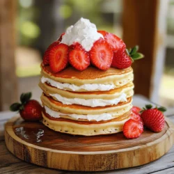 - 1 cup all-purpose flour - 2 tablespoons granulated sugar - 1 teaspoon baking powder - 1/2 teaspoon baking soda - 1/4 teaspoon fine salt - 1 cup buttermilk - 1 large egg - 2 tablespoons unsalted butter - 1 teaspoon pure vanilla extract - 1/2 cup cream cheese - 1/4 cup powdered sugar - 1 cup fresh strawberries - Whipped cream for serving For these strawberry cheesecake pancakes, we need some key ingredients. First, all-purpose flour gives the pancakes structure and fluff. The granulated sugar adds sweetness. Baking powder and baking soda make them rise and stay light. Salt balances the sweetness and enhances flavor. We also need buttermilk for moisture and tenderness. A large egg binds everything together. Melted unsalted butter adds richness and flavor. To bring in the cheesecake flavor, we use cream cheese and powdered sugar. The vanilla extract gives a warm, sweet note. Fresh strawberries are a must for that fruity taste and bright color. Finally, whipped cream makes the pancakes feel extra special. Gather these ingredients, and you are ready to create a delicious breakfast treat! First, take a large mixing bowl. In it, whisk together these dry ingredients: - 1 cup all-purpose flour - 2 tablespoons granulated sugar - 1 teaspoon baking powder - 1/2 teaspoon baking soda - 1/4 teaspoon fine salt Make sure everything is well mixed and free of lumps. This step is key for fluffy pancakes. Next, grab another bowl. Combine the following wet ingredients: - 1 cup buttermilk - 1 large egg - 2 tablespoons unsalted butter, melted and slightly cooled - 1 teaspoon pure vanilla extract Whisk until the mixture is smooth. This will add moisture and flavor to your pancakes. Now, pour the wet mixture into the dry ingredients. Gently fold them together using a spatula. It's fine if the batter has a few lumps. Over-mixing can lead to tough pancakes, so be careful! In a small bowl, beat together: - 1/2 cup cream cheese, softened to room temperature - 1/4 cup powdered sugar, sifted Mix until smooth and creamy. Then, gently fold in 1 cup of diced strawberries. This filling is what makes these pancakes special. Preheat a non-stick skillet over medium heat. Lightly grease the skillet with cooking spray or a small pat of butter. For each pancake, pour about 1/4 cup of batter onto the skillet. Cook for 2-3 minutes. Look for bubbles forming on the surface. When the edges start to look set, it’s time to flip. Once your pancakes are golden brown, stack them on a serving plate. Between each pancake, spread a generous spoonful of the cream cheese and strawberry mixture. Finally, top the whole stack with more fresh strawberries and a swirl of whipped cream. This makes for a stunning breakfast! To make your pancakes soft, keep the batter lumpy. Over-mixing can make them tough. Mix the wet and dry ingredients gently. A few lumps are just fine. This will give you that fluffy pancake texture that everyone loves. Heat is key to cooking pancakes right. Keep an eye on the skillet to avoid burning. If your pancakes cook too fast, lower the heat. If they take too long, raise it a bit. Perfecting this helps you get that beautiful golden brown color. A tall stack of pancakes looks amazing. Layer each pancake with a spoonful of cream cheese and strawberry filling. Drizzle some on top for flair. Add more fresh strawberries and a dollop of whipped cream. This makes your dish not just tasty but also stunning to see. {{image_4}} You can add chocolate chips or nuts to the batter. Chocolate chips give a rich taste. Nuts add crunch and flavor. Both mix well with the sweet strawberries. Try different types of nuts like walnuts or pecans. Each choice changes the pancake's taste. If you want a lighter option, use almond milk instead of buttermilk. This swap keeps the batter smooth and tasty. Adjust the sugar if you want it sweeter. You can also use different flours, like whole wheat, for a healthier twist. Each change can make the pancakes unique. In summer, use fresh blueberries or ripe bananas. Blueberries burst with juice when you bite them. Bananas add a sweet and creamy texture. You can even mix fruits together for a fun flavor. This keeps the pancakes fresh and exciting all year round. To store leftover pancakes, let them cool completely. Place them in an airtight container. You can refrigerate them for up to 2 days. If you want to keep them fresh, separate the layers with parchment paper. This prevents sticking and keeps them neat. For longer storage, freeze the pancakes. First, let them cool down. Then, stack them with parchment paper in between each pancake. Wrap the stack tightly in plastic wrap. Place this in a freezer bag. You can store them for up to 2 months. When you want to enjoy them again, just thaw them in the fridge overnight. When it's time to eat your pancakes, you have a few options for reheating. For quick results, use the microwave. Heat them for about 30 seconds. Check if they are warm enough; if not, heat in 10-second bursts. If you prefer a crispier texture, use a skillet. Heat the skillet over medium heat. Place the pancakes in the skillet for about 1-2 minutes on each side. This method makes them warm and a bit crispy. Enjoy your delicious pancakes! Strawberry cheesecake pancakes are a sweet twist on a classic breakfast. They combine fluffy pancakes with a rich cream cheese filling and fresh strawberries. Main ingredients include: - 1 cup all-purpose flour - 2 tablespoons granulated sugar - 1 teaspoon baking powder - 1/2 teaspoon baking soda - 1/4 teaspoon fine salt - 1 cup buttermilk - 1 large egg - 2 tablespoons unsalted butter - 1 teaspoon pure vanilla extract - 1/2 cup cream cheese - 1/4 cup powdered sugar - 1 cup fresh strawberries These pancakes are soft and flavorful, perfect for a special breakfast. Yes, you can. To make things easier, you can prepare the pancake batter ahead. Store it in the fridge for up to 24 hours. This way, you save time in the morning. For cooked pancakes, let them cool first. Place them in an airtight container. You can store them in the fridge for two days. If you want to keep them longer, freeze them. They last up to three months. To reheat, use a microwave or skillet. Just warm them up until hot. They will taste fresh again. These pancakes shine on their own, but you can add more to your plate. Here are some great sides and drinks to pair: - Crispy bacon or sausage for a savory touch - Fresh fruit salad for a light side - Maple syrup for extra sweetness - A dollop of whipped cream for added richness - A glass of fresh orange juice or coffee for a refreshing drink These sides make your breakfast even more delicious and fun! This blog post shared a simple recipe for Strawberry Cheesecake Pancakes. We covered essential ingredients, step-by-step instructions, and tips for perfect pancakes. You learned how to mix dry and wet components, prepare the cream cheese filling, and cook the pancakes to a golden brown. Incorporating variations and storage tips helps customize and preserve your pancakes. Enjoying this dish is easy and fun! I hope you try this recipe and make it your own. Happy cooking!