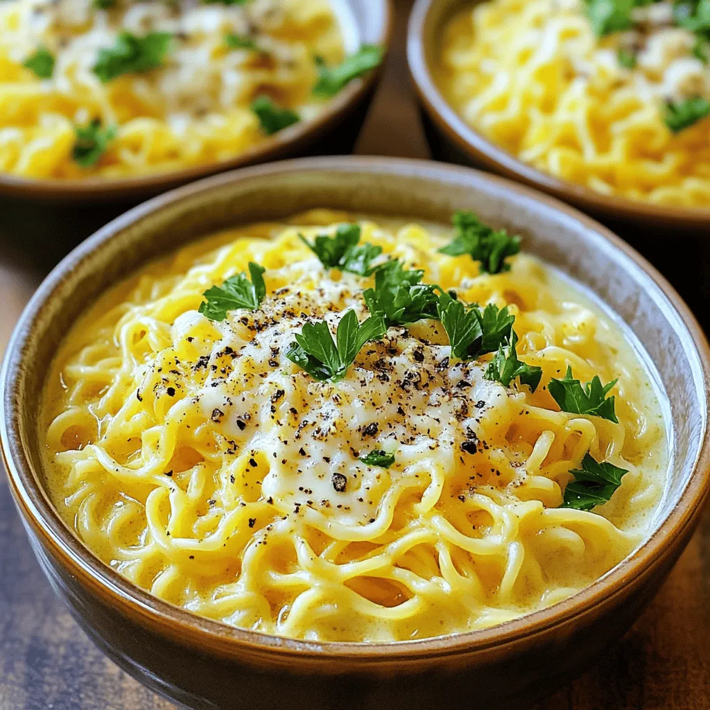 To make this dish, you need a few key ingredients: - 2 packs of instant ramen noodles (discard the flavor packet) - 1 cup finely grated Pecorino Romano cheese - 2 tablespoons unsalted butter - 1 tablespoon extra-virgin olive oil - 1 teaspoon freshly cracked black pepper (adjust to taste) - 2-3 tablespoons reserved pasta cooking water These ingredients create a rich and creamy base. The ramen noodles serve as a quick canvas for the flavors. Pecorino Romano cheese is the star of this dish. Its sharp taste adds depth. You might also consider: - Parmesan cheese for a milder flavor - Grana Padano for a nutty twist Feel free to mix or match these cheeses based on your taste. Each adds a unique touch. Adding garnishes enhances both flavor and presentation. Try these options: - Fresh parsley, finely chopped - Fresh basil, finely chopped - A sprinkle of extra Pecorino Romano for a cheesy finish These garnishes bring freshness and color, making your dish look and taste even better. First, grab a medium pot and fill it with water. Bring the water to a rolling boil. Add the instant ramen noodles and cook them for 3 to 4 minutes. You want them al dente. Before you drain the noodles, save 2-3 tablespoons of the cooking water. This water is your secret to a creamy sauce. After that, drain the noodles well. In the same pot, lower the heat to medium. Add 2 tablespoons of unsalted butter and 1 tablespoon of extra-virgin olive oil. Stir gently until the butter melts and starts to bubble. Don’t let it brown. Now, add 1 teaspoon of freshly cracked black pepper to the pot. Sauté it for about 30 seconds. This wakes up the flavor. Now it's time to mix everything together. Add the cooked ramen noodles to the pot. Toss them gently to coat every strand in the buttery pepper mix. Next, sprinkle in 1 cup of finely grated Pecorino Romano cheese. Toss well. If the mixture feels too thick, add a tablespoon of the reserved pasta water at a time. Mix until you get a nice, creamy sauce. Taste it. Adjust the seasoning with more pepper or cheese if needed. Serve hot in deep bowls and finish with fresh parsley or basil on top. Enjoy! To get that creamy sauce, start with the right cheese. Pecorino Romano melts well and adds great flavor. When mixing in the cheese, do it slowly. If the mix is too thick, add a bit of the reserved pasta water. Just one tablespoon at a time. This helps create a smooth and creamy sauce that clings to the noodles. Stir well after each addition. Taste your dish as you go. If you want more kick, add extra black pepper. If you love cheese, don’t hold back on the Pecorino Romano. You can also mix in a bit of salt if needed. Everyone has different tastes, so feel free to adjust until it’s just right for you. This dish is all about your preferences. Presentation makes a big difference. Serve your ramen in deep bowls for a nice look. After plating, add a sprinkle of extra Pecorino on top. This adds a pop of flavor and makes it look fancy. Don’t forget to finish with fresh herbs like parsley or basil. This adds color and brightens up the dish. A beautiful presentation makes every meal feel special. {{image_4}} You can make Minute Cacio e Pepe Ramen heartier by adding protein. Some great options include: - Cooked chicken, sliced thin - Shrimp, peeled and deveined - Tofu, cubed and sautéed - Crispy pancetta or bacon, crumbled Adding protein not only boosts flavor but also makes the meal more filling. Simply cook the protein separately and mix it in with the noodles. Adding vegetables brings color and nutrition to your dish. Here are some tasty choices: - Spinach or kale, wilted - Peas, fresh or frozen - Bell peppers, sliced thin - Mushrooms, sautéed You can sauté the veggies in the butter and oil before adding the noodles. This adds great flavor and makes the dish more vibrant. While Pecorino Romano is classic, you can switch it up. Try these cheeses for a unique twist: - Parmesan, finely grated - Grana Padano, for a milder taste - Gouda, for a creamy texture Experimenting with different cheeses allows you to create a new flavor experience while still keeping the dish simple and delicious. After making Minute Cacio e Pepe Ramen, let it cool down. Store it in an airtight container. Place it in the fridge. It will stay fresh for about 2-3 days. To keep it tasty, try to eat it sooner rather than later. To reheat, use a pan on low heat. Add a splash of water or broth to help it warm up. Stir often to avoid burning. You can also use the microwave. Heat in 30-second bursts, stirring in between. Freezing this dish is not the best idea. The cheese and butter can change texture. However, if you must, place it in a freezer-safe container. It can last for up to a month. When ready to eat, thaw in the fridge overnight before reheating. Cacio e Pepe is a classic Roman dish. It means "cheese and pepper" in Italian. The dish is simple but rich. It uses few ingredients, mainly pasta, cheese, and black pepper. Traditionally, it features spaghetti or tonnarelli. The cheese is usually Pecorino Romano, which gives it a sharp flavor. This dish showcases how simple ingredients can create amazing taste. Yes, you can use other types of pasta instead of ramen. While ramen adds a fun twist, spaghetti or fettuccine work well too. The key is to use pasta that cooks quickly. Choose a shape that holds sauce well. Cooking time may vary, so keep an eye on it. No matter the pasta, follow the same steps to make this dish. To make your Cacio e Pepe Ramen spicier, add more black pepper. Freshly cracked pepper gives the best heat. Start with a teaspoon and adjust to your taste. You can also add crushed red pepper flakes for extra kick. Mix these in with the black pepper for a spicy twist. Just remember to taste as you go! Cacio e Pepe Ramen pairs well with many dishes. Garlic bread is a great side; it adds crunch. A fresh green salad balances the rich flavors. You can also serve grilled vegetables for extra color and taste. If you love protein, consider adding a poached egg on top. This makes for a hearty meal! In this post, we explored making Minute Cacio e Pepe Ramen. We discussed key ingredients, like cheese and optional garnishes. I shared step-by-step cooking instructions for the noodles and sauce. We also covered tips for a creamy texture and personalized flavor adjustments. For variety, I suggested adding proteins and veggies. Finally, we touched on storage and reheating. Now, it's your turn to create this simple yet tasty dish. Enjoy experimenting and making it your own!