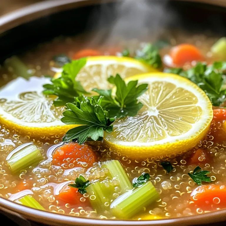 - 1 cup quinoa, thoroughly rinsed - 1 large onion, finely diced - 2 cloves garlic, minced - 2 medium carrots, diced - 2 celery stalks, diced - 1 can (15 oz) diced tomatoes, undrained - 6 cups vegetable broth (low-sodium recommended) - 1/4 cup freshly squeezed lemon juice (about 2 medium lemons) - 1 teaspoon dried thyme - 1 teaspoon dried oregano - 1/2 teaspoon freshly ground black pepper - Sea salt, to taste The main ingredients for this soup are simple yet packed with flavor. Quinoa acts as the base, bringing a nutty taste and a good source of protein. The vegetables—onion, garlic, carrots, and celery—add depth and texture. The diced tomatoes bring a hint of sweetness and acidity, while vegetable broth ties everything together. Adding lemon juice just before serving brightens the dish. Thyme and oregano bring herbal notes, while black pepper adds warmth. - Fresh parsley - Lemon slices - Olive oil For garnishes, fresh parsley adds color and a fresh taste. Lemon slices enhance the lemon flavor and look beautiful. Drizzling olive oil adds richness and a touch of luxury to each bowl. These ingredients create a comforting and nutritious soup that warms the soul. - Rinse quinoa under cold water. This removes the bitter coating. - Dice one large onion, two medium carrots, and two celery stalks. - Mince two cloves of garlic. - Add rinsed quinoa, onion, garlic, carrots, and celery to the slow cooker. - Pour in one can of diced tomatoes with juice. - Add six cups of low-sodium vegetable broth. - Sprinkle in one teaspoon of dried thyme and one teaspoon of dried oregano. - Add half a teaspoon of black pepper and sea salt to taste. - Stir all ingredients until well mixed. - Cover the slow cooker with its lid. - Set the cooker to low heat for six to eight hours. - Alternatively, set it to high heat for three to four hours. - Stir in one-fourth cup of freshly squeezed lemon juice during the last 20-30 minutes. - Taste the soup and adjust seasoning if needed. - Carefully ladle the soup into bowls. - Garnish each bowl with fresh parsley. - Add a slice of lemon on the side for a bright touch. - Serve with crusty bread or a fresh salad for a complete meal. To get the best texture from quinoa, rinse it well. This helps remove the bitter coating on the seeds. Cook it in the slow cooker until soft but not mushy. You want the quinoa to have a slight bite, adding a nice contrast to the soup. For balancing flavors, taste as you go. You might want more salt or lemon juice. Start with the recommended amounts and adjust based on your preferences. Fresh herbs can also brighten the soup, so feel free to add more parsley or even some basil. Using a slow cooker is easy, but there are tips to make it better. Always layer ingredients properly. Start with the grains, then add veggies, and finish with the liquid on top. This helps everything cook evenly. If you find your soup too watery, remove the lid for the last 30 minutes. This allows some liquid to evaporate and thicken the soup. If it’s too thick, just add a little more broth or water. {{image_4}} You can easily change this soup to fit your taste. Want more protein? Try adding diced chicken or a can of beans. Both work well and add great flavor. You can also switch up the veggies. If you have zucchini or bell peppers, toss them in! They add color and taste to the soup. Herbs and spices can change the soup's flavor too. Try using rosemary or dill instead of thyme. Each herb gives the soup a unique twist. This soup is very flexible for different diets. For a vegan version, just use vegetable broth and skip any meat. It stays tasty without losing its charm. If you need a gluten-free option, this recipe is already safe! Just make sure your broth is gluten-free. If you follow a paleo diet, you can add in more veggies and skip the quinoa. This keeps the soup light yet filling. To store soup leftovers, let the soup cool first. Then, transfer it to an airtight container. Make sure to cover it tightly. The soup will stay fresh in the fridge for up to four days. This is a great way to enjoy your tasty soup later! For freezing, use a freezer-safe container. Leave some space at the top for expansion. You can freeze the soup for up to three months. When you're ready to eat, take it out of the freezer. Thaw it in the fridge overnight. For reheating, warm it on the stove over medium heat. Stir often until it's hot. You can also microwave it in a microwave-safe bowl. Enjoy your delicious soup anytime! Can I make this soup on the stovetop? Yes, you can make this soup on the stovetop. Start by sautéing the onions and garlic in a pot. Then, add the carrots and celery. Cook until soft, about five minutes. Next, stir in the quinoa, diced tomatoes, and broth. Bring it to a boil, then lower the heat. Simmer for about 20 minutes until the quinoa is tender. How can I enhance the flavor? You can enhance the flavor in several ways. Try adding a bay leaf for depth. Fresh herbs like basil or dill also work well. A splash of hot sauce can add heat. You can also use homemade broth for richer taste. A squeeze of lemon at the end brightens the soup nicely. Is it possible to make this soup without quinoa? Yes, you can make this soup without quinoa. Substitute with rice or barley for a different texture. You can also use lentils for protein and fiber. Just adjust the cooking time as needed. Each option will give you a tasty twist on this soup. Health benefits of quinoa Quinoa is a superfood packed with nutrients. It has protein, fiber, and essential amino acids. It helps keep you full and satisfied. Quinoa is gluten-free, making it safe for those with gluten sensitivities. It also has antioxidants that help fight inflammation and support heart health. Soup's calorie count and macros Each serving of this soup is low in calories, around 200 per bowl. It has about 8 grams of protein and 5 grams of fiber. The healthy fats come from any olive oil you drizzle on top. This soup is a great option for a healthy meal any day. Where to find quality quinoa You can find quality quinoa at local grocery stores or health food shops. Look for brands that are organic and non-GMO. Check the package for a freshness date. Buying in bulk is also a great way to save money and ensure quality. Tips for selecting fresh produce Choose vegetables that are firm and bright in color. For carrots, look for smooth skin without blemishes. Celery should feel crisp and snap when bent. Onions should be dry and firm, with no soft spots. Fresh herbs should smell fragrant and have vibrant leaves for the best flavor. This blog explained how to make a tasty soup with quinoa and fresh veggies. I shared step-by-step instructions, tips for your slow cooker, and ideas for tasty variations. You can even adjust the recipe for different diets. Remember, cooking should be fun and creative. Feel free to mix and match ingredients to suit your taste. The right soup can warm your heart and fill your belly. Enjoy the process, and happy cooking!