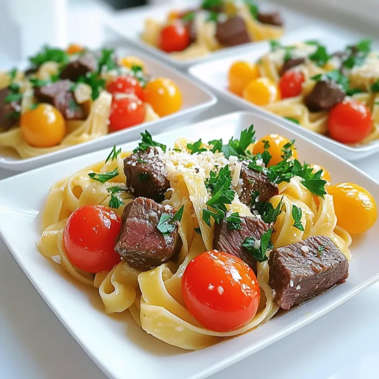 To make Minute Garlic Butter Steak Bites Pasta, you need: - 8 oz fettuccine pasta - 1 lb flank steak, cut into bite-sized cubes - 4 tablespoons unsalted butter, divided - 4 cloves garlic, finely minced - 1 teaspoon dried oregano - 1 tablespoon soy sauce - Salt and freshly ground black pepper, to taste - 1 cup cherry tomatoes, halved - 1/4 cup fresh parsley, roughly chopped - Freshly grated Parmesan cheese, for serving If you can't find flank steak, you can use sirloin or ribeye. Both have great flavor. For the pasta, any long type works well. You could use spaghetti or linguine. If you want a lighter dish, try zucchini noodles. If you don’t have fresh garlic, garlic powder works in a pinch. Use one-eighth teaspoon for each clove. For the soy sauce, tamari is a good gluten-free choice. When picking your flank steak, look for bright red color with little fat. The meat should feel firm but not tough. Fresh pasta should be smooth and not sticky. Choose cherry tomatoes that are plump and firm. They should smell sweet. For parsley, select bright green leaves with no browning. Fresh herbs add a nice touch to your dish. Cook the fettuccine first. Fill a large pot with water. Add a good amount of salt. Bring the water to a rolling boil. Once boiling, add the fettuccine. Cook it until it is al dente, as per the package instructions. Before draining, save 1 cup of pasta water. Drain the pasta and set it aside for later. While the pasta cooks, get the steak ready. Cut the flank steak into bite-sized cubes. Season the cubes well with salt and fresh black pepper. Make sure every piece is coated. This step adds a lot of flavor to the steak. Now, heat a large skillet over medium-high heat. Melt 2 tablespoons of butter in the skillet until it starts to foam. Carefully add the seasoned steak cubes in a single layer. Sear them for about 2-3 minutes. You want them browned on all sides. Once they are browned, take the steak out and set it on a plate. In the same skillet, lower the heat to medium. Add the remaining 2 tablespoons of butter. Once melted, add the minced garlic. Sauté it for about 1 minute. Stir it often until it smells amazing but does not brown. Burnt garlic can ruin the flavor. Add the drained fettuccine back into the skillet. Now, add the seared steak, halved cherry tomatoes, dried oregano, and soy sauce. Toss everything together well. If it seems dry, add a splash of the reserved pasta water. This helps create a silky sauce. Cook for an additional 2-3 minutes. Stir gently so everything heats through and flavors blend. Remove the skillet from the heat. Sprinkle chopped parsley over the pasta. Toss gently to mix. Serve right away with freshly grated Parmesan cheese on top. Enjoy your meal! To cook pasta just right, start with plenty of water. Use a big pot and add salt. The water should taste like the sea. Bring it to a rolling boil before adding the fettuccine. Follow package instructions for cooking time. Stir the pasta a few times to prevent sticking. Check for that al dente bite, where it is firm but not hard. Before draining, save some pasta water. This water helps make the sauce silky later. For tender steak bites, choose flank steak. Cut it into small cubes. Season well with salt and pepper. This adds flavor. Sear the steak in a hot skillet. Use medium-high heat and let it brown without moving it too much. This seals in the juices. Cook it for about 2-3 minutes. Don’t overcrowd the pan; cook in batches if needed. This keeps the heat high and gives a nice crust. Garlic adds great flavor but can burn quickly. To avoid this, lower the heat after searing the steak. Add garlic to melted butter only when it's warm. Stir it constantly for about a minute. You want it to smell good but not turn brown. If it does burn, it turns bitter and ruins the dish. If you’re unsure, keep a close eye on it. Garlic cooks fast, so stay alert! {{image_4}} You can add veggies to boost flavor and nutrition. Cherry tomatoes are a great start. They add sweetness and color. You can also try adding spinach or zucchini. Just toss them in during the last few minutes of cooking. This keeps them fresh and vibrant. Bell peppers or mushrooms can work well too. They add texture and taste. Fettuccine is a classic choice, but many options exist. You might like penne, which holds sauce well. Or try spaghetti for a fun twist. If you want a lighter feel, go for zucchini noodles. They pair nicely with the steak and garlic sauce. You can even mix different shapes for a fun plate! While garlic butter is a winner, you can switch it up. A creamy Alfredo sauce adds richness. A splash of balsamic glaze brings tang and depth. For a spicy kick, add red pepper flakes to the butter. You could also try pesto for a fresh herb flavor. Each sauce changes the dish and keeps it exciting! To store your leftover Minute Garlic Butter Steak Bites Pasta, let it cool first. Place it in an airtight container. You want to keep it fresh. This method helps keep the flavors intact. Store in the fridge for up to three days. If you leave it out too long, it may spoil. When reheating, add a splash of water or broth to the pasta. This helps prevent it from drying out. Heat it in a skillet over medium-low heat. Stir it gently to mix the flavors. You can also use a microwave. Cover it loosely with a lid to keep moisture. Heat for about one to two minutes, stirring halfway through. If you want to save it longer, freezing is a great choice. Place the cooled pasta in a freezer-safe bag. Remove as much air as you can before sealing. Label the bag with the date. You can freeze it for up to three months. When ready to eat, thaw it in the fridge overnight. Reheat as mentioned before for best taste. It takes about 20 minutes to cook this dish. You will spend about 10 minutes prepping the ingredients and 10 minutes cooking. It's quick and easy, perfect for busy days. Yes, you can use other meats. Chicken breast or shrimp works well. Just make sure to adjust the cooking time. For chicken, cook until no longer pink. For shrimp, cook until they turn pink and opaque. This pasta pairs well with a fresh salad. A simple green salad with vinaigrette is great. You can also serve garlic bread or roasted vegetables on the side. These add nice textures and flavors to your meal. In this article, we explored the key ingredients needed for Minute Garlic Butter Steak Bites Pasta. We talked about how to cook the pasta and prepare the steak for the best flavor. I shared tips to ensure perfect pasta and tender steak. You can also try fun variations and know how to store leftovers properly. Remember, cooking is a chance to enjoy fresh flavors. With practice, you will impress everyone with this delicious dish.