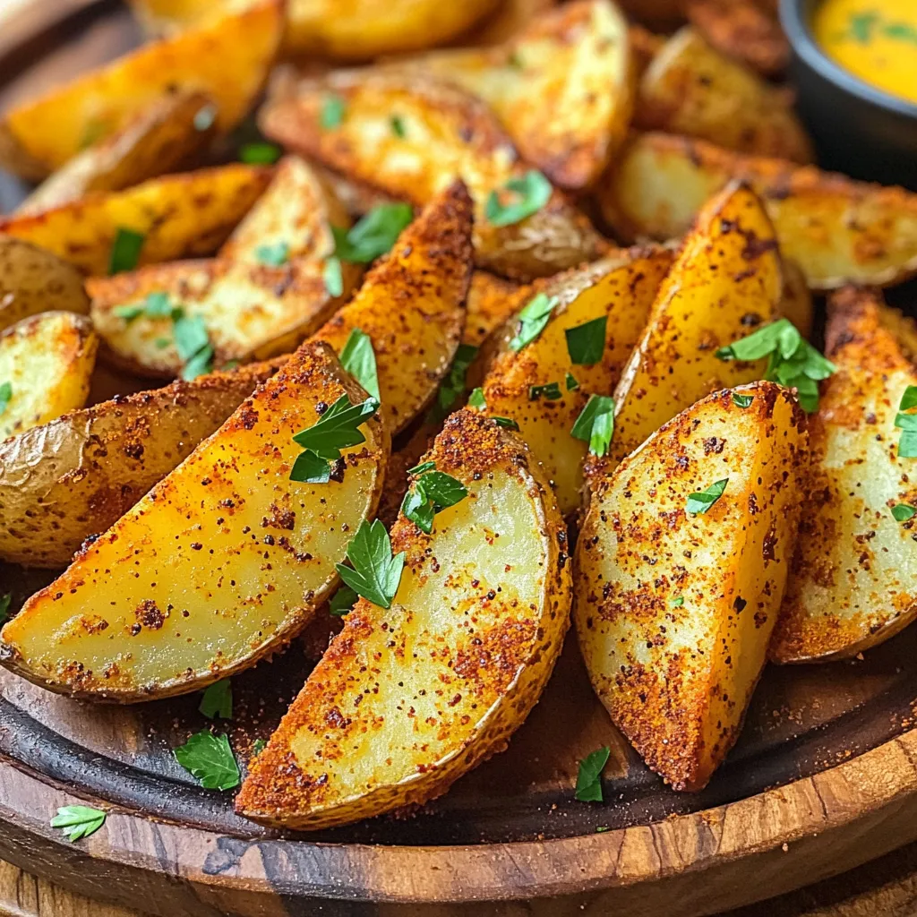 To make Air Fryer Cajun Potato Wedges, you need: - 4 medium russet potatoes, scrubbed and cut into wedges - 3 tablespoons extra virgin olive oil - 2 tablespoons Cajun seasoning - 1 teaspoon garlic powder - 1 teaspoon onion powder - 1 teaspoon smoked paprika - ½ teaspoon sea salt - ½ teaspoon black pepper - Fresh parsley, chopped (for garnish) You will need a few kitchen tools: - Air fryer - Mixing bowl - Knife - Cutting board - Tongs - Serving platter Each ingredient has its benefits: - Russet potatoes are high in fiber and potassium. They help with digestion and heart health. - Extra virgin olive oil is rich in healthy fats and antioxidants. It supports heart health and may reduce inflammation. - Cajun seasoning packs spices like paprika and garlic. These add flavor and may boost metabolism. - Garlic powder has anti-inflammatory properties. It can help boost your immune system. - Onion powder offers antioxidants and may help lower blood sugar levels. - Smoked paprika adds a smoky flavor. It is rich in vitamins A and E. - Sea salt is necessary for taste but should be used in moderation. - Black pepper may aid digestion and enhance nutrient absorption. - Fresh parsley is full of vitamins and adds freshness to your dish. Each ingredient contributes to a tasty and healthy meal. Enjoy the flavors while nourishing your body! First, set your air fryer to 400°F (200°C). Let it heat for about 5 minutes. This step is key for crispy potato wedges. A hot fryer means better crunch! Now, take 4 medium russet potatoes. Scrub them clean and cut them into wedges. In a large bowl, add the wedges. Pour 3 tablespoons of extra virgin olive oil over them. Mix well, so all wedges get coated. This helps them crisp up nicely. Next, add 2 tablespoons of Cajun seasoning, 1 teaspoon of garlic powder, 1 teaspoon of onion powder, 1 teaspoon of smoked paprika, ½ teaspoon of sea salt, and ½ teaspoon of freshly cracked black pepper. Toss everything again. Make sure the spices cover every wedge. This gives them great flavor! Carefully place the seasoned potato wedges in the air fryer basket. Make sure they are in a single layer. If you have too many, cook them in batches. Overcrowding can lead to uneven cooking. Air fry the wedges for 15 to 20 minutes. Shake the basket halfway through. This helps them cook evenly and get that golden color. When they're done, they should look crispy and delicious! Use tongs to remove the wedges from the fryer. Place them on a serving platter. You can garnish with finely chopped fresh parsley for a pop of color. Enjoy these tasty treats with your favorite dipping sauce! To get the best crispiness, start with dry potatoes. Scrub them well and pat them dry. Cut the potatoes into even wedges. This helps them cook at the same rate. Toss the wedges in olive oil, making sure they are coated evenly. The oil helps them crisp up nicely. Shake the basket halfway through cooking. This allows hot air to reach all the sides. If you want extra crunch, you can add a little cornstarch before the oil. It makes a big difference! Cajun seasoning can be spicy. If you like it mild, use less. Start with one tablespoon of Cajun seasoning. Taste the wedges after cooking. You can always add more spice later. If you want heat, consider adding cayenne pepper. A pinch goes a long way. Balance the flavors by adding garlic and onion powder. These spices boost the overall taste without making it too hot. One common mistake is overcrowding the air fryer. If you add too many wedges, they won’t crisp up. Always arrange them in a single layer. If you have extra, cook them in batches. Another mistake is not preheating the air fryer. Preheating helps the wedges cook evenly. Lastly, don’t skip the toss after adding spices. This step ensures every wedge gets coated and flavorful. {{image_4}} You can change up the flavor of your Cajun potato wedges easily. Try using taco seasoning for a fun twist. Italian herbs can add a fresh taste. You can also mix in some chili powder for extra heat. If you like something sweet, add a pinch of cinnamon. Each option offers a unique flavor profile. Experimenting can keep your meals exciting. While russet potatoes work great, don’t be afraid to try other types. Sweet potatoes add a nice sweetness and color. Yukon gold potatoes offer a buttery flavor, making them a good choice too. Red potatoes hold their shape well and are fun to use. Choose the type you enjoy most for different tastes and textures. These crispy wedges shine when served with sauces. A zesty ranch dressing pairs perfectly with their spice. You can also try a smoky chipotle mayo for added depth. For a lighter choice, serve them with a fresh yogurt dip. Pairing with a crisp salad makes a complete meal. They also work well as a side for grilled meats or fish. Enjoy your wedges in many tasty ways! To store leftover Cajun potato wedges, place them in an airtight container. Make sure they cool down first. This keeps them from getting soggy. Store them in the fridge for up to three days. For best taste and texture, eat them within two days. When you want to reheat your potato wedges, the air fryer is your best friend. Preheat it to 350°F (175°C). Place the wedges in the basket. Heat them for about 5 to 7 minutes. This method keeps them crispy and tasty. You can also use an oven for reheating. Set it to 350°F (175°C) and bake for about 10 minutes. If you want to freeze the wedges, first let them cool completely. Then, place them in a single layer on a baking sheet. Freeze them for a few hours until firm. After that, transfer them to a freezer bag. They can last up to three months in the freezer. When you’re ready to eat, reheat them directly from frozen. Adjust the cooking time to ensure they are hot and crispy. Yes, you can use other oils. Avocado oil or canola oil works well too. Each oil has a different taste and smoke point. Extra virgin olive oil adds a nice flavor, but feel free to experiment. Just make sure it can handle high heat. You will know the wedges are done when they are golden and crispy. Use a fork to check their texture. If they feel tender inside and crispy outside, they are ready. Cooking time may vary based on your air fryer. Always shake the basket halfway through for even cooking. These potato wedges pair well with many dips. Ranch dressing or smoky chipotle mayo are great choices. You can also serve them with a fresh salad or grilled veggies for balance. Enjoying them as a snack or side dish makes them versatile and fun! You learned about the ingredients for Air Fryer Cajun potato wedges and their health benefits. I shared step-by-step instructions for perfect cooking and tips for crispiness. Don't forget to try different seasoning ideas and choose your favorite potato type. Proper storage keeps leftovers fresh and tasty. Remember, these wedges are great with many meals. By following this guide, you can make tasty wedges that everyone will love. Enjoy experimenting in the kitchen!