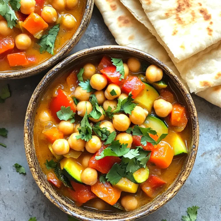 - 2 cups canned chickpeas, drained and rinsed - 1 large onion, diced - 2 garlic cloves, minced - 2 medium carrots, diced - 1 red bell pepper, diced - 1 zucchini, diced - 1 can (14 ounces) diced tomatoes - 2 cups vegetable broth - 2 teaspoons ground cumin - 2 teaspoons ground coriander - 1 teaspoon smoked paprika - ½ teaspoon ground cinnamon - ½ teaspoon cayenne pepper (optional for heat) - ¼ cup dried apricots, chopped - ¼ cup raisins - Fresh herbs: cilantro or parsley - Olive oil, salt, and pepper The main ingredients like canned chickpeas and fresh vegetables create a hearty base. The chickpeas add protein and fiber. Fresh veggies bring color and crunch. Diced tomatoes give the stew a vibrant base. Vegetable broth ties all the flavors together. Next, spices elevate this dish. Ground cumin and coriander add warmth and earthiness. Smoked paprika gives a subtle smokiness. Ground cinnamon introduces a touch of sweet spice. If you like heat, cayenne pepper adds a nice kick. Finally, garnishes finish the stew. Dried apricots and raisins add sweetness. Fresh herbs such as cilantro or parsley brighten the dish. A drizzle of olive oil and a sprinkle of salt and pepper enhance the flavors. Using these ingredients, you can make a tasty and filling Moroccan chickpea stew. Enjoy the rich flavors and vibrant colors in every bite. Start by heating olive oil in a pan over medium heat. Add the diced onion and sauté for about five minutes. You want the onion to turn soft and a bit golden. This step builds a great flavor base. Next, add the minced garlic and cook for one more minute. You will smell a lovely aroma. Transfer this mix to your slow cooker. This is where the magic begins. Now, layer in the canned chickpeas, diced carrots, red bell pepper, and zucchini. These veggies add color and texture. Pour in the can of diced tomatoes and the vegetable broth. Next, sprinkle the spices: ground cumin, ground coriander, smoked paprika, ground cinnamon, and cayenne pepper if you want some heat. Then, toss in the chopped dried apricots and raisins for some sweetness. Mix everything well. This step is vital for even flavor. You have two options for cooking your stew: low heat or high heat. If you choose low heat, let it cook for six to eight hours. If you're short on time, high heat will take three to four hours. Keep an eye out for signs of doneness. The vegetables should be tender, and the flavors will blend beautifully. Before serving, taste your stew and adjust the salt and pepper. Garnish with fresh cilantro or parsley for a pop of color. To make the best Moroccan chickpea stew, you need to balance the spices. Start with a base of cumin and coriander. These spices give warmth to the dish. Add smoked paprika for a hint of smokiness. If you like heat, sprinkle in some cayenne pepper. Taste as you go. Adjust the spices to your liking. Next, think about the stew's consistency. If it feels too thick, add more vegetable broth. A thinner stew is great for soaking up bread. If it’s too thin, let it cook a bit longer. The stew will thicken as it cooks. You can switch up the veggies in this stew. Try adding sweet potatoes or spinach for different flavors. Each vegetable brings its unique taste and texture. You can also add protein. Tofu works well for a vegan option. For meat lovers, chicken adds heartiness. Just cube it and stir it in with the veggies. Pair your stew with warm pita or fluffy couscous. Both sides soak up the flavors nicely. For a beautiful presentation, use vibrant bowls. Serve the stew in colorful dishes. Top it with fresh cilantro or parsley for a pop of color. This makes your meal look lively and inviting! {{image_4}} This stew shines as a vegan and gluten-free meal. The main ingredients are naturally plant-based and free of gluten. If you have allergies, you can adapt the recipe easily. - Use vegetable broth instead of chicken broth. - Swap out chickpeas for lentils if needed. - Replace dried apricots with any dried fruit you prefer, like cranberries. To boost the flavors in your stew, try these simple tricks. Adding citrus elements can brighten the dish. - Squeeze fresh lemon or lime juice before serving. - Zest some lemon or orange for an extra layer of flavor. Incorporating additional herbs also enhances the taste. - Fresh parsley or cilantro can add a fresh touch. - Try adding dried thyme or oregano for a unique twist. These easy changes will make your Slow Cooker Moroccan Chickpea Stew even more delicious! To keep your Slow Cooker Moroccan Chickpea Stew fresh, store it in airtight containers. This helps lock in flavor and moisture. Make sure to cool the stew before sealing it. Refrigerate within two hours of cooking for safety. Leftovers can last up to five days in the fridge. When you’re ready to enjoy your stew, reheat it on the stove or in the microwave. On the stove, use low heat and stir often. This keeps the stew from sticking and burning. If using a microwave, heat in short bursts, stirring in between. Always check the temperature to ensure it’s hot throughout. Enjoy your meal safely! How long does Slow Cooker Moroccan Chickpea Stew last in the fridge? This stew lasts about 4 to 5 days in the fridge. Store it in a sealed container. The flavors will deepen as it sits, making it even better! Can I freeze the stew? If so, how? Yes, you can freeze the stew! Let it cool completely, then pour it into airtight containers. Leave some space at the top for expansion. It can last up to 3 months in the freezer. What can I substitute for chickpeas? If you need a substitute for chickpeas, try cannellini beans or lentils. Both will add protein and texture. Keep in mind, cooking times may vary. Is this stew healthy or nutritious? Absolutely! The stew is packed with fiber, vitamins, and minerals. Chickpeas offer protein and keep you full. Fresh veggies add nutrients and flavor, making it a balanced meal. How can I adjust the recipe for lower calories? To lower calories, reduce the amount of olive oil or use less dried fruit. You can also add more vegetables. This keeps the stew filling without adding too many calories. In this blog post, I shared a simple recipe for Slow Cooker Moroccan Chickpea Stew. We covered key ingredients, from chickpeas to fresh veggies and spices. I also detailed step-by-step instructions to help you create this hearty dish effortlessly. Don't forget the tips for flavor, cooking variations, and proper storage. Experiment with spices and veggies to make the recipe your own. Enjoy each comforting bite, knowing it’s made with wholesome ingredients!