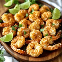 To make this delicious dish, you will need the following main ingredients: - 1 pound large shrimp, peeled and deveined - 1 cup all-purpose flour - 2 large eggs, beaten - 1 cup unsweetened shredded coconut - 1 cup panko breadcrumbs - 1 teaspoon garlic powder - 1 teaspoon paprika - 1/2 teaspoon salt - 1/2 teaspoon freshly ground black pepper - Coconut oil spray, for greasing - Lime wedges, for serving These ingredients create a crispy and flavorful coating for the shrimp. The combination of coconut and panko gives a nice crunch. You can enhance your coconut shrimp with these optional ingredients: - A dash of cayenne pepper for heat - Fresh herbs like cilantro for garnish - A touch of lemon zest for brightness - Sweet chili sauce for dipping These extras can elevate the flavor and presentation. Each adds a unique twist that can impress your guests. When picking shrimp, look for these tips: - Choose shrimp that smell clean and ocean-like. - Check for a firm texture; it should not feel mushy. - Look for a shiny and translucent appearance. - Avoid shrimp with black spots or a dull color. Fresh shrimp can make a big difference in taste. Take your time to select the best shrimp for your dish. Start by rinsing your shrimp under cold water. This step cleans them well. Use paper towels to dry each shrimp. Dry shrimp help the coating stick better. Set up three bowls for breading. In the first bowl, add 1 cup of all-purpose flour. In the second bowl, place 2 beaten eggs. In the third bowl, mix 1 cup of unsweetened shredded coconut, 1 cup of panko breadcrumbs, 1 teaspoon of garlic powder, 1 teaspoon of paprika, 1/2 teaspoon of salt, and 1/2 teaspoon of black pepper. Combine these ingredients well. Preheat your air fryer to 380°F (193°C) for about 5 minutes. While it heats, organize your breaded shrimp on a plate. Lightly spray the air fryer basket with coconut oil spray to keep the shrimp from sticking. Arrange shrimp in a single layer, making sure not to crowd them. This helps them cook evenly. Air fry for 8-10 minutes, flipping them halfway through. Watch them carefully; they should turn golden brown and crispy. Once done, let them rest for one minute before serving. For a fresh twist, add lime wedges for squeezing over the shrimp. To achieve that perfect crispiness, start with dry shrimp. Wet shrimp won't hold the coating well. Pat each shrimp with a paper towel before breading. This extra step makes a big difference. Also, use panko breadcrumbs. They are light and airy, giving your shrimp a crunchier texture. Mix in unsweetened shredded coconut. This adds flavor and enhances the crispiness. Coating fall-off can ruin your dish. To prevent this, dredge each shrimp properly. First, coat it in flour, then dip it in the beaten eggs. Finally, roll it in the coconut-panko mix. Press the coating down gently. This helps it stick better. Avoid overcrowding the air fryer basket. Space each shrimp out to ensure even cooking. This keeps the coating intact and crispy. Not all air fryers cook the same. Some models may need longer or shorter times. Generally, cook your shrimp for 8-10 minutes at 380°F (193°C). Flip them halfway through. This promotes even browning. Keep an eye on your shrimp. Look for a golden brown color. If your air fryer runs hot, check them a minute early. Adjust as needed for the best results. {{image_4}} To add some heat to your shrimp, use spices. Mix in cayenne pepper or chili powder with the coconut-panko mixture. Start with a small amount and taste as you go. You can also use hot sauce in the egg wash for an extra kick. This spicy twist will make your shrimp even more exciting! For a gluten-free version, swap all-purpose flour for almond flour or gluten-free flour. Use gluten-free panko breadcrumbs instead of regular ones. Be sure to check labels to confirm they are gluten-free. This way, everyone can enjoy your tasty shrimp without worry. Dipping sauce brings out the best in coconut shrimp. Instead of sweet chili sauce, try a mango salsa or a spicy aioli. You can mix mayonnaise with sriracha for a creamy sauce. For a tangy touch, whip up a lime yogurt dip. These sauces will surely impress your guests and enhance the shrimp flavors! To store leftover coconut shrimp, let them cool first. Place them in an airtight container. Make sure the container is sealed tightly to keep moisture out. You can store them in the fridge for up to three days. Avoid stacking the shrimp on top of each other to prevent sogginess. When you are ready to enjoy your leftover shrimp, use the air fryer for the best taste. Preheat the air fryer to 350°F (175°C). Place the shrimp in a single layer in the basket. Heat them for about 5 minutes or until crispy. This method helps to keep the shrimp crunchy, just like when they were first cooked. If you want to freeze coconut shrimp, prepare them first as usual. After breading, lay them out on a baking sheet. Freeze them for about 1-2 hours until firm. Then, transfer the shrimp to a freezer bag. Label the bag with the date. You can freeze them for up to three months. When ready to cook, you can air fry them straight from the freezer. Just add a few minutes to the cooking time to ensure they are cooked through. Yes, you can use frozen shrimp. Just remember to thaw them first. Place the shrimp in cold water for about 15-20 minutes. After thawing, rinse and pat them dry. This step helps the coating stick better. If you skip this step, the shrimp may not turn out as crispy. Air Fryer Coconut Shrimp pairs well with many sides. Here are a few ideas: - Rice: Coconut rice adds more flavor. - Salad: A fresh green salad balances the dish. - Dipping sauces: Sweet chili sauce or lime aioli works great. - Vegetables: Roasted or steamed veggies add color. Feel free to mix and match. Your shrimp will be the star of the meal. To check if shrimp are cooked, look for a few signs: - Color: They should be opaque and pink. - Shape: Cooked shrimp curl into a C shape. - Time: Cooking takes about 8-10 minutes in the air fryer. If you are unsure, use a food thermometer. Shrimp should reach an internal temperature of 120°F (49°C). Enjoy your perfectly cooked shrimp! In this post, we covered how to make Air Fryer Coconut Shrimp. We discussed main and optional ingredients, tips for fresh shrimp, and step-by-step cooking instructions. You learned tricks for perfect crispiness, storage methods, and fun variations to try. Air frying shrimp is quick and easy. You can adjust flavors to suit your taste. Whether you want spicy or gluten-free options, the sky’s the limit. Enjoy your delicious coconut shrimp anytime by storing or freezing leftovers!