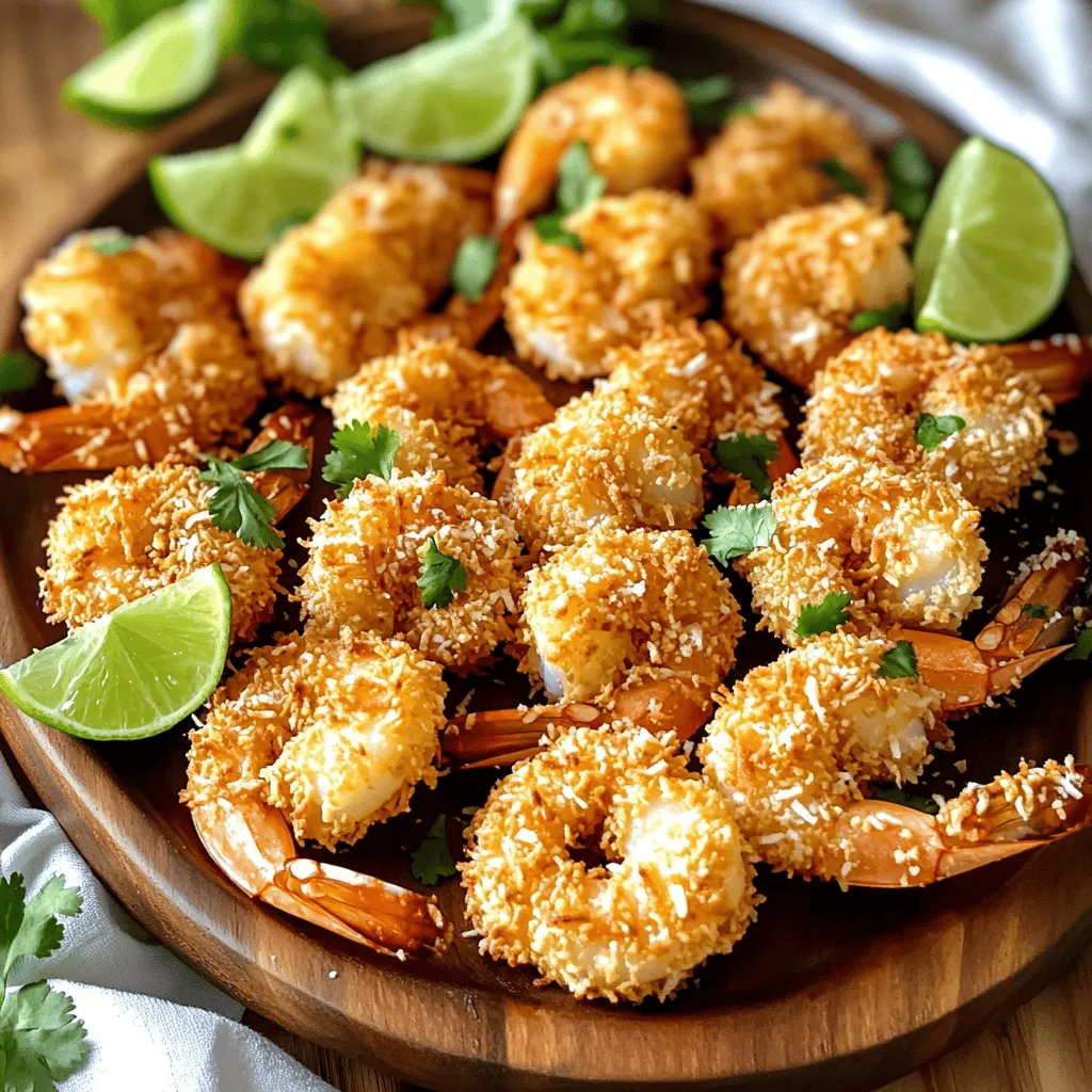 To make this delicious dish, you will need the following main ingredients: - 1 pound large shrimp, peeled and deveined - 1 cup all-purpose flour - 2 large eggs, beaten - 1 cup unsweetened shredded coconut - 1 cup panko breadcrumbs - 1 teaspoon garlic powder - 1 teaspoon paprika - 1/2 teaspoon salt - 1/2 teaspoon freshly ground black pepper - Coconut oil spray, for greasing - Lime wedges, for serving These ingredients create a crispy and flavorful coating for the shrimp. The combination of coconut and panko gives a nice crunch. You can enhance your coconut shrimp with these optional ingredients: - A dash of cayenne pepper for heat - Fresh herbs like cilantro for garnish - A touch of lemon zest for brightness - Sweet chili sauce for dipping These extras can elevate the flavor and presentation. Each adds a unique twist that can impress your guests. When picking shrimp, look for these tips: - Choose shrimp that smell clean and ocean-like. - Check for a firm texture; it should not feel mushy. - Look for a shiny and translucent appearance. - Avoid shrimp with black spots or a dull color. Fresh shrimp can make a big difference in taste. Take your time to select the best shrimp for your dish. Start by rinsing your shrimp under cold water. This step cleans them well. Use paper towels to dry each shrimp. Dry shrimp help the coating stick better. Set up three bowls for breading. In the first bowl, add 1 cup of all-purpose flour. In the second bowl, place 2 beaten eggs. In the third bowl, mix 1 cup of unsweetened shredded coconut, 1 cup of panko breadcrumbs, 1 teaspoon of garlic powder, 1 teaspoon of paprika, 1/2 teaspoon of salt, and 1/2 teaspoon of black pepper. Combine these ingredients well. Preheat your air fryer to 380°F (193°C) for about 5 minutes. While it heats, organize your breaded shrimp on a plate. Lightly spray the air fryer basket with coconut oil spray to keep the shrimp from sticking. Arrange shrimp in a single layer, making sure not to crowd them. This helps them cook evenly. Air fry for 8-10 minutes, flipping them halfway through. Watch them carefully; they should turn golden brown and crispy. Once done, let them rest for one minute before serving. For a fresh twist, add lime wedges for squeezing over the shrimp. To achieve that perfect crispiness, start with dry shrimp. Wet shrimp won't hold the coating well. Pat each shrimp with a paper towel before breading. This extra step makes a big difference. Also, use panko breadcrumbs. They are light and airy, giving your shrimp a crunchier texture. Mix in unsweetened shredded coconut. This adds flavor and enhances the crispiness. Coating fall-off can ruin your dish. To prevent this, dredge each shrimp properly. First, coat it in flour, then dip it in the beaten eggs. Finally, roll it in the coconut-panko mix. Press the coating down gently. This helps it stick better. Avoid overcrowding the air fryer basket. Space each shrimp out to ensure even cooking. This keeps the coating intact and crispy. Not all air fryers cook the same. Some models may need longer or shorter times. Generally, cook your shrimp for 8-10 minutes at 380°F (193°C). Flip them halfway through. This promotes even browning. Keep an eye on your shrimp. Look for a golden brown color. If your air fryer runs hot, check them a minute early. Adjust as needed for the best results. {{image_4}} To add some heat to your shrimp, use spices. Mix in cayenne pepper or chili powder with the coconut-panko mixture. Start with a small amount and taste as you go. You can also use hot sauce in the egg wash for an extra kick. This spicy twist will make your shrimp even more exciting! For a gluten-free version, swap all-purpose flour for almond flour or gluten-free flour. Use gluten-free panko breadcrumbs instead of regular ones. Be sure to check labels to confirm they are gluten-free. This way, everyone can enjoy your tasty shrimp without worry. Dipping sauce brings out the best in coconut shrimp. Instead of sweet chili sauce, try a mango salsa or a spicy aioli. You can mix mayonnaise with sriracha for a creamy sauce. For a tangy touch, whip up a lime yogurt dip. These sauces will surely impress your guests and enhance the shrimp flavors! To store leftover coconut shrimp, let them cool first. Place them in an airtight container. Make sure the container is sealed tightly to keep moisture out. You can store them in the fridge for up to three days. Avoid stacking the shrimp on top of each other to prevent sogginess. When you are ready to enjoy your leftover shrimp, use the air fryer for the best taste. Preheat the air fryer to 350°F (175°C). Place the shrimp in a single layer in the basket. Heat them for about 5 minutes or until crispy. This method helps to keep the shrimp crunchy, just like when they were first cooked. If you want to freeze coconut shrimp, prepare them first as usual. After breading, lay them out on a baking sheet. Freeze them for about 1-2 hours until firm. Then, transfer the shrimp to a freezer bag. Label the bag with the date. You can freeze them for up to three months. When ready to cook, you can air fry them straight from the freezer. Just add a few minutes to the cooking time to ensure they are cooked through. Yes, you can use frozen shrimp. Just remember to thaw them first. Place the shrimp in cold water for about 15-20 minutes. After thawing, rinse and pat them dry. This step helps the coating stick better. If you skip this step, the shrimp may not turn out as crispy. Air Fryer Coconut Shrimp pairs well with many sides. Here are a few ideas: - Rice: Coconut rice adds more flavor. - Salad: A fresh green salad balances the dish. - Dipping sauces: Sweet chili sauce or lime aioli works great. - Vegetables: Roasted or steamed veggies add color. Feel free to mix and match. Your shrimp will be the star of the meal. To check if shrimp are cooked, look for a few signs: - Color: They should be opaque and pink. - Shape: Cooked shrimp curl into a C shape. - Time: Cooking takes about 8-10 minutes in the air fryer. If you are unsure, use a food thermometer. Shrimp should reach an internal temperature of 120°F (49°C). Enjoy your perfectly cooked shrimp! In this post, we covered how to make Air Fryer Coconut Shrimp. We discussed main and optional ingredients, tips for fresh shrimp, and step-by-step cooking instructions. You learned tricks for perfect crispiness, storage methods, and fun variations to try. Air frying shrimp is quick and easy. You can adjust flavors to suit your taste. Whether you want spicy or gluten-free options, the sky’s the limit. Enjoy your delicious coconut shrimp anytime by storing or freezing leftovers!