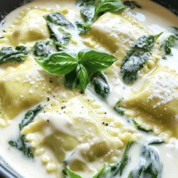 To make my One-Pot Creamy Spinach Ravioli, you need a few key items. These will help create a tasty dish. - Ravioli Variations: - 12 oz fresh or frozen spinach ravioli. Fresh ravioli cooks faster, but frozen is great too. - Stationary Ingredients and Seasonings: - 2 cups fresh spinach, chopped roughly. - 1 cup heavy cream for that rich taste. - 1 cup vegetable broth to add flavor. - 1/2 cup grated Parmesan cheese for creaminess. - 2 tablespoons olive oil to sauté garlic. - 2 cloves garlic, minced for a nice aroma. - 1 teaspoon Italian seasoning for extra flavor. - Salt and pepper to taste for seasoning. - Optional Garnishes: - Fresh basil leaves to add color and freshness. These ingredients come together to create a simple yet delightful dish. Each ingredient plays a role in making the ravioli creamy and flavorful. You can mix and match based on what you have at home. Enjoy getting creative with your cooking! - Heating the Olive Oil and Sautéing Garlic Start by warming 2 tablespoons of olive oil in a large pot over medium heat. Once hot, add 2 cloves of minced garlic. Sauté the garlic for 1-2 minutes. Watch it closely. You want it fragrant and golden but not browned. - Adding Vegetable Broth for Simmering Carefully pour in 1 cup of vegetable broth. Turn up the heat a bit to bring it to a gentle simmer. This will create a nice base for the ravioli. - Cooking the Ravioli Toss in 12 ounces of fresh or frozen spinach ravioli. Cook them according to the package instructions. Fresh ravioli takes about 3-4 minutes, while frozen needs 5-7 minutes. Stir gently to avoid sticking. - Mixing in Heavy Cream Once the ravioli are tender, lower the heat. Pour in 1 cup of heavy cream and add 2 cups of roughly chopped fresh spinach. Stir well. The spinach will wilt and mix in nicely. - Adding Grated Parmesan Cheese Gradually sprinkle in 1/2 cup of grated Parmesan cheese and 1 teaspoon of Italian seasoning. Stir constantly until the cheese melts and the sauce turns creamy. - Adjusting Seasonings Taste your dish. Add salt and pepper as needed to enhance the flavor. This step makes a big difference. - Serving Suggestions Remove the pot from heat. Let it sit for a couple of minutes to thicken. Serve hot, garnished with fresh basil leaves for a pop of color and flavor. Enjoy your creamy spinach ravioli! For the best sauce, keep an eye on the cream. You want it smooth and thick. If it feels too thin, let it simmer a bit longer. The heat helps it thicken up. Always stir while it cooks. This way, it won’t stick or burn. A nice tip is to add more cheese if you want it creamier. Adding flavor is key. Use fresh garlic for a strong taste. You can also add a pinch of nutmeg. It brings a warm, cozy flavor. Fresh basil at the end brightens the dish. Don't forget to taste while cooking. Adjust salt and pepper as needed. To keep ravioli tender, time is important. Fresh ravioli needs about 3-4 minutes. Frozen ones take a bit longer, around 5-7 minutes. Stir gently while they cook. This helps them not stick. Test one to check if it's done. You want it soft but not mushy. Sautéing spinach adds great taste. Use medium heat for best results. Add it after the cream. This way, it wilts quickly and keeps its bright color. Stir it in gently. Cook until it’s just soft. This keeps it fresh and vibrant in the dish. {{image_4}} Alternative Cheese Options You can switch up the cheese in this dish. Try mozzarella for a gooey texture. Feta adds a salty kick. For a sharper taste, use aged cheddar. Each cheese brings its own flavor and character. Vegetables to Add or Substitute Feel free to add more veggies. Peas or mushrooms fit well in this mix. You can also swap spinach for kale for a different taste. Broccoli or zucchini can add color and crunch. Experiment with what you like best! Vegan Version To make this dish vegan, swap the heavy cream for coconut cream. Use nutritional yeast instead of Parmesan for a cheesy flavor. Be sure to check that your ravioli is vegan-friendly, too. This way, you keep the creamy texture without dairy. Gluten-Free Options You can easily make this meal gluten-free. Use gluten-free ravioli made from rice or quinoa. Check the labels for other ingredients like broth and seasonings. This ensures everyone can enjoy this creamy delight without worry. When you have leftover creamy spinach ravioli, store it in an airtight container. This keeps the dish fresh for up to three days in the fridge. Let the ravioli cool to room temperature before sealing the container. Avoid placing hot food directly into the fridge, as it can raise the temperature inside. If you want to keep it longer, freezing is a great option. Place the ravioli in a freezer-safe container or a zip-top bag. Make sure to remove as much air as possible to prevent freezer burn. The ravioli can stay good for up to three months in the freezer. To enjoy your creamy spinach ravioli again, you can reheat it in a few ways. The best method is using the stove. Place the ravioli in a pan over low to medium heat. Add a splash of vegetable broth or cream to keep it creamy. Stir gently until it’s hot. You can also use the microwave. Put the ravioli in a microwave-safe bowl. Cover it with a damp paper towel to keep moisture in. Heat it in short bursts, stirring in between, until warm. This method works well, but the stove gives better results. Enjoy your meal! Can I use frozen spinach instead of fresh? Yes, you can use frozen spinach. Just thaw and drain it well. This cuts down on prep time. Frozen spinach also works great in the sauce. It saves you time and still tastes good. How can I make the sauce richer? To make the sauce richer, add more heavy cream. You can also mix in cream cheese or mascarpone. These ingredients boost the creaminess and flavor. If you want more depth, try adding a splash of white wine. What else can I serve with creamy spinach ravioli? You can serve a fresh salad for a nice crunch. Garlic bread pairs well too. Another option is roasted veggies, adding color and texture. For a fun twist, try a side of sautéed mushrooms. These choices make your meal even better. You've learned how to make creamy spinach ravioli from scratch. We covered key ingredients, cooking steps, and variations. You also discovered tips for perfecting the sauce and best storage methods. Now you can create a delicious meal that suits your taste. Experiment with different ingredients to make it your own. Enjoy your cooking journey and share it with others. Happy cooking!
