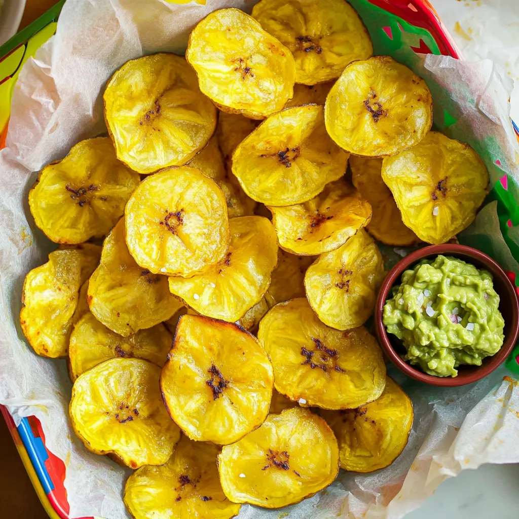 - 2 ripe green plantains - 1 tablespoon of olive oil or coconut oil - Sea salt and optional seasonings (smoked paprika, garlic powder) What are the nutritional benefits of plantains? Plantains are rich in fiber, vitamins, and minerals. They offer good amounts of vitamin A, vitamin C, and potassium. One medium plantain has about 200 calories, making it a filling option. Why is air frying better than traditional frying? Air frying uses less oil than deep frying. This means fewer calories and less fat. Air-fried plantain chips have a crunch without the guilt. They also retain more nutrients than those fried in oil. Plus, they are easier to clean up! Peeling the plantains To peel the plantains, cut off both ends. Use a sharp knife to make a shallow cut along the skin. Gently lift the skin off to expose the bright green flesh inside. This process is simple and helps you get ready for slicing. Slicing for optimal crispiness Next, slice the plantains. Use a sharp knife or a mandoline slicer. Aim for thin slices, about 1/8 inch thick. Slicing at a slight angle can help them crisp up nicely. The thinner the slices, the crispier the chips will be. Coating with oil and seasonings Place the sliced plantains in a large bowl. Drizzle one tablespoon of olive oil or coconut oil over them. Toss the slices gently to coat them evenly. This step is key for achieving that perfect crispiness. Preheating the air fryer While you prepare the plantains, preheat your air fryer. Set it to 350°F (175°C). Preheating is important. It ensures that your chips cook evenly and get that delightful crunch you want. Cooking time and temperature settings Once your air fryer is hot, add the seasoned plantain slices. Arrange them in a single layer in the basket. Avoid overcrowding; this can lead to softer chips. Air fry for 12 to 15 minutes for the best result. Ensuring even cooking and browning Halfway through cooking, shake the basket gently. This helps the chips brown evenly. Keep an eye on them towards the end. Look for a beautiful golden color. The chips should be crisp and ready to enjoy! To make crispy plantain chips, cut them thin. Aim for slices about 1/8 inch thick. Thinner slices cook faster and yield crunchier chips. Use a sharp knife or a mandoline slicer for even cuts. This tool helps you get uniform thickness, which is key for even cooking. Next, coat the slices evenly with oil. Place your plantain slices in a bowl and drizzle olive oil or coconut oil over them. Toss until every slice is covered. This step ensures all chips get nice and crispy. One common mistake is overcrowding the air fryer. If you pile the chips too high, they will steam instead of crisp. Always place them in a single, even layer. You can cook in batches if needed. Another mistake is not watching the cooking time. Each air fryer can cook differently. Check the chips around 12 minutes. They should look golden and crisp. Keep an eye on them to avoid burning. For serving, think about dips. Guacamole or fresh salsa pairs well with plantain chips. These dips add flavor and a fun touch. You can also present the chips in a basket lined with parchment paper. This makes them look appealing and ready to share. For a creative twist, arrange the chips in a fan shape on a plate. Add a small bowl of dip in the center. This adds flair to your snack and makes it more inviting. {{image_4}} You can play with different spices to make your plantain chips unique. Here are some ideas: - Cayenne Pepper: Adds heat for spice lovers. - Cumin: Gives a warm, earthy taste. - Chili Powder: Offers a smoky flavor. - Cinnamon: For a sweet twist, try a pinch of cinnamon. Using alternative oils can also change the flavor. While olive oil is great, coconut oil brings a tropical vibe. You can even try avocado oil for a richer taste. You can mix in other veggies for added flavor and crunch. Try thinly sliced carrots or zucchini. They add color and texture. For a sweet version, use ripe plantains instead of green ones. Just slice them thin, coat with cinnamon, and air fry for a tasty treat. Adding a sprinkle of shredded coconut or a drizzle of honey can make a sweet snack. You can even blend spices for a unique flavor. Get creative, and have fun with your plantain chips! To keep your crispy air fryer plantain chips fresh, store them in a cool, dry place. Use an airtight container. This helps maintain their crunch. If you have a lot of chips, use a resealable plastic bag. Just make sure to press out the air before sealing. To reheat plantain chips and keep them crispy, use your air fryer. Set it to 350°F (175°C) and warm the chips for about 3-5 minutes. This method keeps them crunchy and tasty. You can also use an oven. Preheat it to the same temperature and place the chips on a baking sheet. Heat for the same time. Avoid using a microwave, as it makes chips soggy. Enjoy your flavorful snack! You know air fryer plantain chips are done when they turn golden brown. The chips should be crispy to the bite. I recommend checking them after 12 minutes. Shake the basket halfway through. This helps them cook evenly. If they still seem soft, give them a few more minutes. Keep a close eye on them near the end. You can use yellow plantains, but the chips will taste sweeter. Yellow plantains are softer and may not get as crispy. Green plantains are firmer and ideal for a crunchy texture. If you like sweet snacks, feel free to try yellow ones! Yes, air fried plantain chips are healthier than deep-fried ones. Air frying uses less oil, cutting down calories and fat. You only need a tablespoon of oil for this recipe. Deep frying can soak up much more oil. Plus, air frying keeps more nutrients in the plantains. - Additional common questions about the recipe and air frying: - You can store leftover plantain chips in an airtight container for up to three days. - To reheat them, use the air fryer for a few minutes to regain crispiness. - Experiment with spices like chili powder or cumin for different flavors. - Pair the chips with guacamole or salsa for a tasty snack! You can easily make crispy air fryer plantain chips with just a few ingredients. You learned about the health benefits of plantains, how to prepare, cook, and store them. Following the tips helped you avoid common mistakes and achieve the best results. Remember, you can also experiment with different flavors and serving ideas. Enjoy your crunchy snack, knowing it's a healthier option than traditional chips. Happy cooking!
