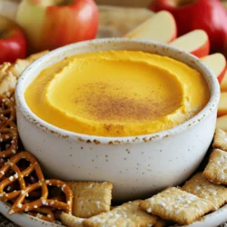 - 1 cup cream cheese, softened to room temperature - 1 cup canned pumpkin puree (not pie filling) - ½ cup powdered sugar (adjust to taste) - 1 teaspoon pure vanilla extract - 1 teaspoon pumpkin pie spice - ½ teaspoon ground cinnamon - ¼ cup heavy cream, chilled The main ingredients in this dip create the perfect blend of flavors. Cream cheese gives it a smooth base. Canned pumpkin puree adds that warm, fall taste. Powdered sugar sweetens the dip just right. Vanilla extract brings a lovely aroma. Pumpkin pie spice and ground cinnamon add cozy spice notes. Heavy cream makes the dip light and fluffy once whipped. - Graham crackers - Crisp apple slices - Salty pretzels For dippers, I love using graham crackers for their sweetness. Crisp apple slices give a nice crunch and freshness. Salty pretzels add a fun contrast to the sweet dip. You can mix and match for a fun platter. Each dipper enhances the flavor of the cheesecake dip. Enjoying different textures makes it even more fun! Start by taking a large bowl. Add 1 cup of softened cream cheese and 1 cup of canned pumpkin puree. Use a hand mixer to blend them on medium speed. Mix until it’s smooth and creamy. You don’t want any lumps. Next, add ½ cup of powdered sugar, 1 teaspoon of pure vanilla extract, 1 teaspoon of pumpkin pie spice, and ½ teaspoon of ground cinnamon. Mix on low speed until all ingredients blend well. This creates a rich and flavorful base for your dip. In a separate bowl, pour in ¼ cup of chilled heavy cream. Use a mixer to whip it until stiff peaks form. This means the cream holds its shape when you lift the beaters. The whipped cream adds a light texture to your dip. Now, gently fold the whipped cream into the pumpkin mixture using a spatula. Be careful here; you want to keep the whipped cream fluffy. This will make your dip light and airy. Taste your dip. If you want it sweeter, add more powdered sugar. For extra spice, add a pinch of pumpkin pie spice. Once mixed, transfer the dip into a decorative serving bowl. Cover it with plastic wrap and chill in the refrigerator for at least 30 minutes. This step is key. Chilling helps the flavors meld together and makes the dip firmer. When you are ready to serve, arrange an enticing platter with your choice of dippers. Graham crackers work great for sweetness. Crisp apple slices add a fresh crunch. Salty pretzels give a nice contrast. For an added touch, you can garnish the dip with a sprinkle of ground cinnamon or a drizzle of honey. This will make your dip not only tasty but also visually appealing. To get the best texture, start with softened cream cheese. This helps it mix smoothly with the pumpkin. Cold cream cheese can create lumps, which you want to avoid. Mix both cream cheese and pumpkin well until creamy. When whipping the heavy cream, use a clean bowl and beaters. Whip until stiff peaks form. This means the cream holds its shape. Be careful when folding it into the pumpkin mix. Use a spatula and fold gently. This keeps the dip light and fluffy. Adjusting sweetness and spice is easy. Start with ½ cup of powdered sugar, then taste. If you like it sweeter, add more sugar. If you want a stronger spice flavor, add a pinch of pumpkin pie spice. Remember, you can always add but not take away. Presentation makes your dip even more inviting. Sprinkle ground cinnamon on top for color. You can also drizzle honey for extra sweetness. Use bright plates or bowls to make the dip stand out. Arrange your dippers around the dip for an eye-catching display. {{image_4}} You can change the flavor of your dip easily. Want a twist? Try adding chocolate or caramel. Mix in some chocolate syrup or melted caramel for a sweet surprise. These flavors pair well with pumpkin. You can also make a dairy-free version. Use dairy-free cream cheese and coconut cream instead of heavy cream. This change keeps the dip creamy and tasty without dairy. Fall brings more than just pumpkin. You can add other spices to change things up. Try nutmeg or allspice for a warm taste. A hint of ginger can also brighten the flavor. These spices add depth and make the dip even cozier for chilly days. Dippers can change the fun of your dip. Instead of graham crackers, use animal crackers for a playful touch. Fresh pear slices add a sweet crunch. For a savory option, try cheese crisps or tortilla chips. Even pretzel bites work great. Each dipper adds its own flavor to the dip, making every bite new and exciting. To keep your pumpkin spice cheesecake dip fresh, store it in an airtight container. This helps prevent it from absorbing other flavors in your fridge. Make sure to cover the dip with plastic wrap first for extra protection. Refrigerate it right after serving. This way, it stays fresh and tasty for later. Yes, you can freeze pumpkin spice cheesecake dip. However, the texture may change when thawed. To freeze, put the dip in a freezer-safe container. Leave some space at the top, as it may expand. When you're ready to eat, thaw it in the fridge overnight. Stir well before serving to help restore its creamy texture. In the fridge, your pumpkin spice cheesecake dip lasts about 3 to 5 days. Always check for signs of spoilage, like a change in smell or texture. If it looks or smells off, it’s best to toss it. Keeping it stored well helps maintain its sweet and spicy flavor. Pumpkin spice cheesecake dip is a smooth, creamy dessert. It blends pumpkin puree, cream cheese, and warm spices. The dip tastes sweet and rich, perfect for fall. You can enjoy it with various dippers. Yes, you can prepare this dip ahead of time. Make it and store it in the fridge for up to two days. Just cover it tightly with plastic wrap. This allows the flavors to blend nicely. You can serve it cold or let it sit at room temperature. Yes, this recipe is nut-free as written. Ensure your dippers are also nut-free. You can use graham crackers, apple slices, or pretzels. Always check labels to avoid hidden nuts. You can use homemade pumpkin puree, but it may vary in texture. Canned pumpkin is smoother and more consistent. Homemade may have a chunkier texture which alters the dip's creaminess. Both options taste great, so choose what you prefer. Serve the dip in a pretty bowl. Lay out your dippers on a colorful platter. Offer a mix of sweet and salty options. You can also garnish with cinnamon or honey for flair. This makes your treat more inviting for guests. You learned how to make a tasty Pumpkin Spice Cheesecake Dip. We covered key ingredients like cream cheese and canned pumpkin. I showed you how to mix, whip, and chill for the best flavor. You now know tips for perfect texture and ways to customize, too. With options for various dippers, storage info, and fun variations, this dip will impress at your next event. Enjoy creating it as much as you will enjoy sharing it!
