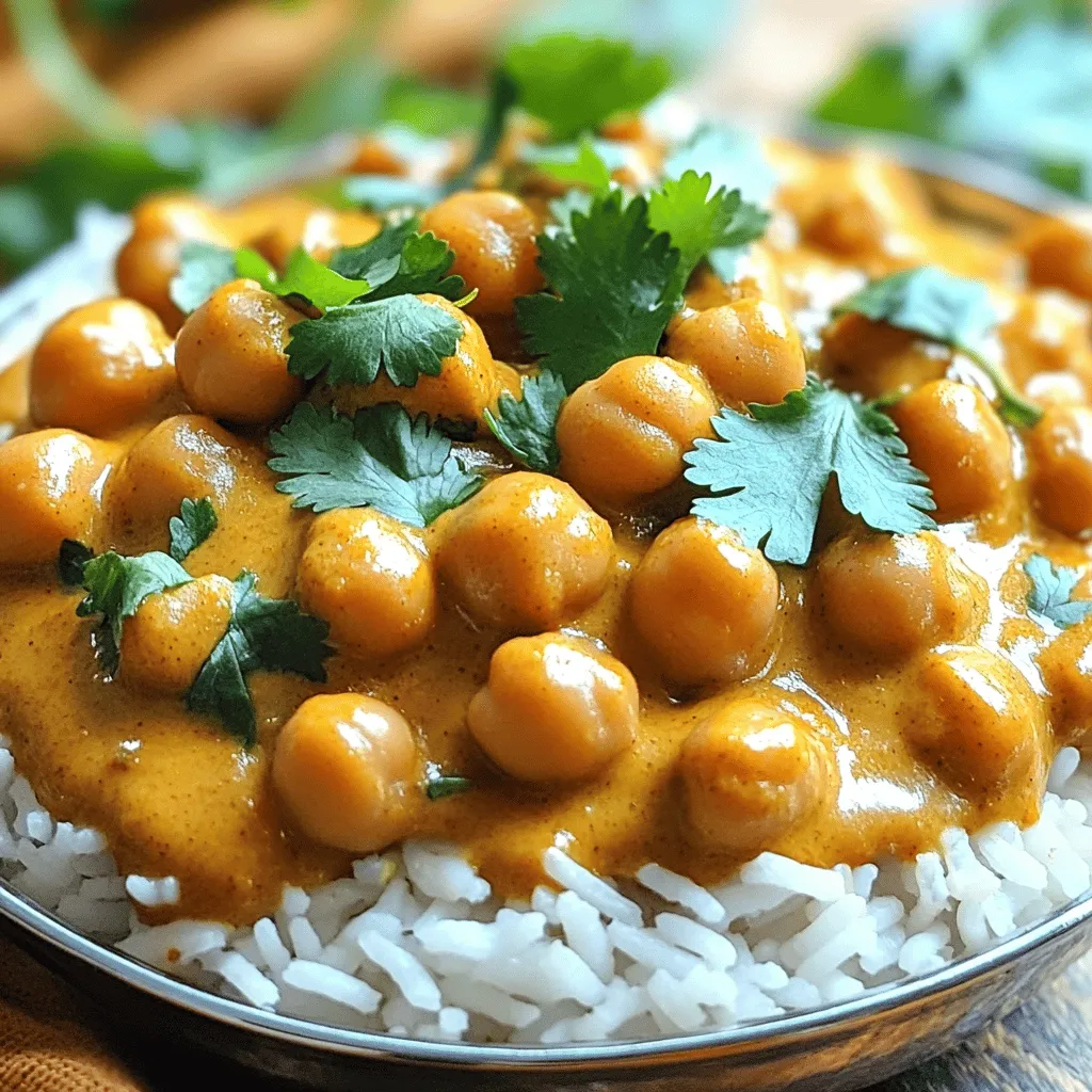 For a tasty Creamy Chickpea Tikka Masala, here’s what you need: - 2 cups canned chickpeas (drained and rinsed) - 1 medium onion, finely chopped - 3 cloves garlic, minced - 1 tablespoon fresh ginger, grated - 1 can (15 oz) crushed tomatoes - 1 cup coconut milk - 2 tablespoons tikka masala spice blend - 1 tablespoon garam masala - 1 teaspoon turmeric powder - 1 teaspoon cumin powder - 1 tablespoon olive oil - Salt and pepper to taste - Fresh cilantro, chopped (for garnish) - Cooked basmati rice or warm naan, for serving These ingredients create a rich and creamy dish. The chickpeas add protein and texture. Spices play a big role in this recipe. The tikka masala spice blend gives warmth and depth. Garam masala adds sweetness and aroma. Turmeric brings a nice color and earthy taste. Cumin enhances the flavor with its nutty notes. Using fresh ginger and garlic, adds brightness to the dish. They also help with digestion. A dash of salt and pepper rounds out the taste. Adjust these to fit your liking. Serve your creamy tikka masala hot. I love it over fluffy basmati rice or with warm naan. Both options soak up the sauce well. For a special touch, drizzle some coconut cream on top. This makes the dish look nice and adds more flavor. Finally, sprinkle chopped cilantro for freshness. This adds a pop of color and a hint of herbal taste. Enjoy your meal! First, gather your ingredients. This dish needs simple items that pack flavor. You will need: - 2 cups canned chickpeas (drained and rinsed) - 1 medium onion, finely chopped - 3 cloves garlic, minced - 1 tablespoon fresh ginger, grated - 1 can (15 oz) crushed tomatoes - 1 cup coconut milk - 2 tablespoons tikka masala spice blend - 1 tablespoon garam masala - 1 teaspoon turmeric powder - 1 teaspoon cumin powder - 1 tablespoon olive oil - Salt and pepper to taste - Fresh cilantro, chopped (for garnish) - Cooked basmati rice or warm naan, for serving Chop your onion finely. Mince the garlic and grate the ginger. Make sure you rinse the chickpeas well. This step removes extra salt and helps them blend better in the dish. Now, let’s get cooking! Start by heating olive oil in a skillet over medium heat. When the oil is hot, add the chopped onion. Cook for about 5 minutes until it turns soft and clear. Next, stir in the minced garlic and grated ginger. Cook for another 2 minutes. This gives your dish a nice, rich aroma. Once that is done, transfer everything into the slow cooker. Add the chickpeas, crushed tomatoes, and coconut milk. Then, sprinkle in the tikka masala spice blend, garam masala, turmeric, and cumin. Season with salt and pepper. Mix well to combine all the flavors. Cover the slow cooker with its lid. Cook on low for 6-8 hours or on high for 3-4 hours. The chickpeas should be tender, and the flavors will meld together beautifully. When the cooking time is up, check the seasoning. Taste your dish and adjust the salt or spices if needed. Serve the creamy tikka masala hot over warm basmati rice or with naan. For a lovely touch, garnish with fresh cilantro. You can also drizzle a bit of coconut cream on top for extra richness. Enjoy this delightful meal! To make your creamy chickpea tikka masala shine, focus on the spices. Fresh spices boost flavor. When you add the tikka masala blend, consider using a mix of fresh and dried spices. This adds depth. You can also add a squeeze of lemon juice before serving. It brightens the dish and balances the creaminess. If you want a milder dish, reduce the tikka masala blend. Start with one tablespoon. Taste as you cook. If you want more heat, add a pinch of cayenne pepper or some chopped green chilies. You can also serve yogurt on the side. This cools off the spice if it gets too hot. To make your dish even creamier, use full-fat coconut milk. It adds richness and smoothness. For an extra creamy texture, blend a portion of the chickpeas before adding them to the slow cooker. This creates a thicker sauce. You can also drizzle coconut cream on top before serving for a stunning finish. {{image_4}} If you can't find chickpeas, you can try white beans. They have a nice texture. You can also use lentils. They will cook faster but still taste great. Other beans, like black beans, can work too. Just adjust the cooking time as needed. You can boost flavor and nutrition by adding veggies. Spinach adds color and nutrients. You can toss in bell peppers for crunch. Sweet potatoes add sweetness and creaminess. Just chop them small so they cook well in the slow cooker. Add them halfway through the cooking time for the best results. This dish is already vegan if you use coconut milk. For vegetarians, you can add yogurt for creaminess. Just stir it in at the end. Both versions taste amazing! You can cater to your guests by offering both options. Everyone will enjoy this creamy chickpea tikka masala. Store leftover creamy chickpea tikka masala in an airtight container. This keeps it fresh and tasty. Make sure it cools down before sealing. It can last up to four days in the fridge. Always check for changes in smell or color before eating. If it seems off, throw it away. You can freeze this dish for longer storage. Use a freezer-safe container or bag. Be sure to leave some space for the sauce to expand. The tikka masala will stay good for about three months. When ready to eat, let it thaw in the fridge overnight. Reheat your chickpea tikka masala on the stove for the best results. Heat it over medium-low heat, stirring often. This ensures even warming. You can also use the microwave if you're in a hurry. Just heat it in short bursts, stirring in between. Add a splash of coconut milk if it seems thick. This keeps the dish creamy and delicious. Yes, you can! You can cook this dish on the stove. First, sauté onion, garlic, and ginger in a pot. Then, add the chickpeas, crushed tomatoes, and coconut milk. Stir in the spices and simmer for about 20-30 minutes. This method keeps the flavors rich and delicious. Creamy chickpea tikka masala lasts about 4-5 days in the fridge. Make sure to store it in an airtight container. This helps keep it fresh and tasty. When you're ready to eat it again, just reheat on the stove or in the microwave. You can serve this dish with cooked basmati rice or warm naan. Both options soak up the sauce well. For a fresh touch, top it with chopped cilantro. You could also add a side salad for crunch. This makes a complete and satisfying meal. You now have a complete guide to making creamy chickpea tikka masala. We covered key ingredients, preparation steps, and cooking tips. I shared how to adjust flavors and spice levels. You can explore fun variations and storage tips, too. This dish is easy, tasty, and flexible. Now, you can enjoy a great meal while trying new things in the kitchen. Get cooking and impress everyone with your new skills!
