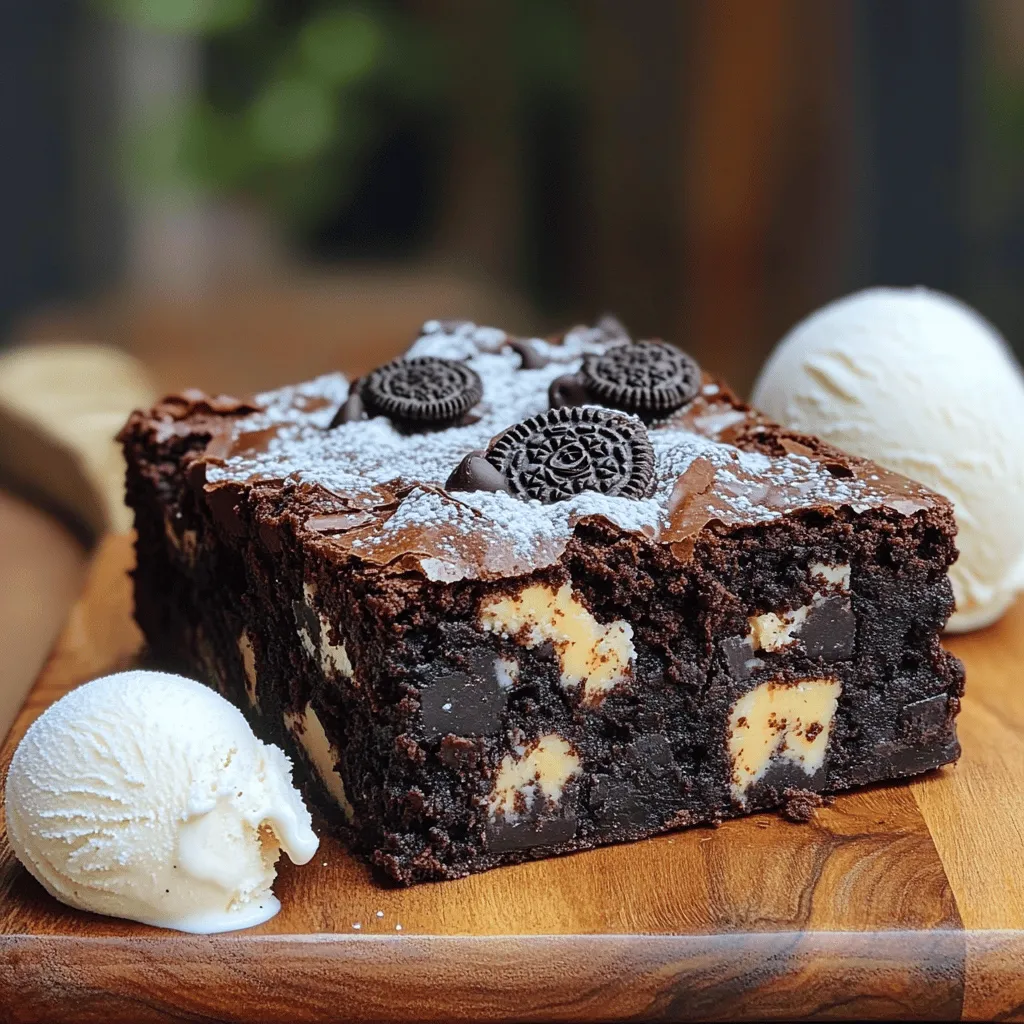 - 1 cup unsalted butter (2 sticks) - 1 cup granulated sugar - 1 cup packed brown sugar - 4 large eggs - 2 teaspoons pure vanilla extract - 1 cup all-purpose flour - 1 cup unsweetened cocoa powder - 1/2 teaspoon fine sea salt - 1 cup chocolate chips (milk or dark) - 8-10 Oreo cookies, roughly chopped - 1/2 cup white chocolate chips (optional) You can swap unsalted butter for coconut oil if you want a dairy-free option. Use brown sugar only if you want a deeper flavor. If you lack eggs, try using a mix of ground flaxseed and water. For flour, substitute with almond flour for a gluten-free treat. - Butter: Use high-fat butter for a rich taste. - Cocoa Powder: Choose Dutch-processed for a smoother flavor. - Chocolate Chips: Go for high-quality brands for the best melt. - Oreos: Look for fresh Oreos; they add crunch and flavor. - Vanilla Extract: Always use pure vanilla for the best results. Using quality ingredients makes your brownies taste amazing. Each bite should be rich and flavorful, making it hard to resist! First, preheat your oven to 350°F (175°C). While the oven heats, grab a 9x13-inch baking dish. Lightly grease it with butter or cooking spray. Next, line the bottom with parchment paper. This step helps you lift the brownies out easily after baking. Now, let’s melt the butter. In a medium saucepan, melt 1 cup of unsalted butter over low heat. Once it’s melted, remove it from heat. Allow it to cool slightly until warm. In a large bowl, mix the melted butter with 1 cup of granulated sugar and 1 cup of packed brown sugar. Use a whisk or spatula to combine these until smooth. Add 4 large eggs one at a time, stirring well after each. Then, mix in 2 teaspoons of pure vanilla extract. In a separate bowl, whisk together 1 cup of all-purpose flour, 1 cup of unsweetened cocoa powder, and 1/2 teaspoon of fine sea salt. Slowly add this dry mix to the wet ingredients. Stir gently until just combined; don’t overmix. Now, it’s time for the fun part! Fold in 1 cup of chocolate chips and 8-10 roughly chopped Oreo cookies. You can also add 1/2 cup of white chocolate chips if you like. Make sure everything is evenly mixed. Pour the brownie batter into your prepared baking dish. Spread it evenly into all corners. Place it in the preheated oven and bake for 25-30 minutes. To check if they’re done, insert a toothpick into the center. It should come out with a few moist crumbs. Once baked, remove the brownies and let them cool in the pan on a wire rack for 20-30 minutes. Then, lift them out using the parchment paper and slice them into squares. To make fudgy brownies, use less flour and add more chocolate. This gives them a rich, moist texture. For cake-like brownies, add a bit more flour and bake them longer. The key is to check them often. Insert a toothpick; it should have a few moist crumbs for fudgy ones. For cake-like brownies, the toothpick should come out clean. To keep brownies fresh, store them in an airtight container. This helps to lock in moisture and flavor. You can also wrap them tightly in plastic wrap. For longer storage, place them in the fridge. Just remember to let them come to room temperature before enjoying. This ensures the best taste and texture. For a fun twist, serve your brownies with a scoop of vanilla ice cream on top. The cold ice cream pairs perfectly with the warm brownies. You can also sprinkle some powdered sugar on top for a nice look. For extra flair, add a drizzle of chocolate or caramel sauce. This adds sweetness and makes your dessert even more appealing. {{image_4}} You can make these brownies even more fun by adding different treats. Try mixing in nuts like walnuts or pecans for a crunch. Add caramel bits for a sweet, gooey surprise. You can also change the chocolate type. Use dark chocolate chips for a richer flavor or white chocolate chips for a sweeter taste. Each addition gives new life to your brownies. Want to make these brownies gluten-free? Swap out the all-purpose flour with a gluten-free flour blend. Make sure the blend contains xanthan gum. This will help the brownies hold together. Always check labels on your chocolate chips and Oreos. Some brands offer gluten-free options, ensuring your brownies stay safe and delicious. For a vegan version, you can replace the eggs with flax eggs. Mix one tablespoon of ground flaxseed with three tablespoons of water for each egg. Let it sit for five minutes to thicken. Use vegan butter instead of regular butter. Choose dairy-free chocolate chips and Oreos to keep it vegan. These swaps will still give you yummy, fudgy brownies that everyone will love. To keep your brownies fresh, store them properly. Use an airtight container. This helps maintain moisture. Place parchment paper between layers to avoid sticking. Store at room temperature for up to three days. If you want to keep them longer, refrigeration is a good option. Just remember, cold brownies can lose their gooey texture. Freezing is a great way to save brownies for later. First, let them cool completely. Then, cut them into squares. Wrap each square tightly in plastic wrap. Place them in a freezer-safe bag or container. Label with the date. They can stay in the freezer for up to three months. When you’re ready to enjoy, just thaw at room temperature. Reheating brownies can bring back their warm, gooey goodness. Place a brownie on a microwave-safe plate. Heat it for about 10-15 seconds. Check the center to see if it’s warm. If you want a crispy top, you can use an oven. Preheat the oven to 350°F (175°C). Heat for about 5-10 minutes. Enjoy your warm, chocolatey treat! These brownies are triple chocolate because they use three types of chocolate. We have unsweetened cocoa powder, chocolate chips, and optional white chocolate chips. This mix gives the brownies rich layers of flavor. Each bite bursts with chocolate goodness. You'll love the deep taste and soft texture. Yes, you can use different cookies! Try chocolate sandwich cookies or any favorite cookie. Just chop them up like you would Oreos. This adds a fun twist to the recipe. Keep in mind that the flavor may change slightly, but it will still be tasty. To check if the brownies are done, insert a toothpick in the center. If it comes out with a few moist crumbs, they are ready. Avoid overbaking, as this makes them dry. The perfect brownie should be soft and fudgy in the middle. Here are some common mistakes to watch for: - Overmixing the batter: This makes brownies tough. Mix just until combined. - Using cold eggs: Cold eggs can create a lumpy batter. Let them sit at room temp first. - Not checking the oven temperature: An oven that's too hot can burn the edges. Use an oven thermometer for accuracy. - Cutting brownies too soon: Let them cool for at least 20 minutes before slicing. This helps them hold their shape. This article covered key aspects of making triple chocolate Oreo brownies. We explored essential ingredients, easy instructions, tips for perfect results, and delicious variations. Choosing quality ingredients sets the stage for great flavor. Remember to store your brownies properly for maximum freshness. With these tips, you can create tasty brownies every time. Whether you prefer fudgy or cake-like, there’s a method for you. Enjoy baking and sharing your delicious treats!